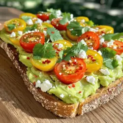 To make Zesty Avocado Toast, you need to gather some fresh ingredients. Here’s what you will need: - 2 ripe avocados - 4 slices of whole grain bread - 1 medium lime (juiced) - 1 small garlic clove, minced - 1/2 teaspoon sea salt - 1/4 teaspoon freshly ground black pepper - 1/4 teaspoon red pepper flakes - 1/4 cup cherry tomatoes, halved - 2 tablespoons feta cheese, crumbled (optional) - Fresh cilantro leaves for garnish Each ingredient plays a key role in creating the perfect blend of flavors. Ripe avocados provide a creamy base. Whole grain bread adds crunch and nutrients. Lime juice gives a bright zest that wakes up the palate. Garlic adds depth, while sea salt and black pepper enhance the taste. Red pepper flakes introduce a mild heat that complements the creaminess of the avocado. Cherry tomatoes add freshness and color. Feta cheese, though optional, adds a nice salty touch. Lastly, fresh cilantro offers a pop of flavor and looks great. You can find the full recipe with all steps laid out clearly, making it easy to follow along as you cook. To start, you need to toast the whole grain bread. You can use a toaster or a skillet. If you use a toaster, set it to a medium setting. If you prefer a skillet, heat it over medium heat and add a little olive oil. Toast the bread until it is golden brown. The right crispiness is key to great avocado toast. You want it crunchy enough to hold the toppings but not too hard to bite into. The bread should have a light crunch and a warm center. Next, focus on the avocados. Cut them in half and remove the pit carefully. Scoop the flesh into a mixing bowl. Use a fork to mash the avocados gently. You want a creamy but slightly chunky texture. Now, let’s add flavor. Squeeze the juice from one medium lime into the bowl. Then, add one minced garlic clove. Sprinkle in half a teaspoon of sea salt, a quarter teaspoon of black pepper, and a quarter teaspoon of red pepper flakes. Mix it all together. Taste it and adjust if you want more spice. Once the bread is toasted and the avocado is ready, it’s time to assemble the toast. Take a generous amount of the avocado mixture and spread it evenly over each slice of bread. Now, let’s make it pretty. Add halved cherry tomatoes on top. If you like, sprinkle some crumbled feta cheese over the tomatoes. Finish with a few fresh cilantro leaves for a pop of color and flavor. This zesty avocado toast recipe is fun and simple. Check out the Full Recipe for all the details! When selecting avocados, look for ones that feel slightly soft when you press them. This means they are ripe and ready to eat. If they are hard, they need more time to ripen. To speed up ripening, place them in a brown paper bag with a banana. This works because bananas release a gas that helps avocados ripen faster. Store ripe avocados in the fridge. This slows down the ripening process, keeping them fresh longer. If you have cut an avocado, sprinkle it with lime juice and wrap it tightly in plastic. This helps prevent browning. To make your avocado toast extra tasty, you can add spices and herbs. Try using: - Cumin for a warm flavor - Fresh cilantro for brightness - A pinch of smoked paprika for depth For added texture, consider toppings like: - Sliced radishes for crunch - Poached eggs for protein - Crumbled feta cheese for creaminess These simple additions can elevate your toast. The way you serve your avocado toast can make it even more appealing. Here are some fun ideas: - Use a wooden board for a rustic look. - Serve on a simple white plate to let the colors pop. - Drizzle extra lime juice on top for a fresh shine. To enhance visual appeal, sprinkle extra red pepper flakes or add colorful cherry tomatoes. These little touches can turn a simple dish into something special. For the full recipe, check out the Zesty Avocado Toast. {{image_2}} You can change up the bread for your zesty avocado toast. Here are some ideas: - Gluten-free alternatives: Use gluten-free bread if you need it. Many brands offer tasty options. - Sourdough or ciabatta choices: Sourdough adds a nice tang. Ciabatta gives a crispy texture. Want to spice things up? Here are some fun flavor ideas: - Adding spices: Try cumin for warmth or smoked paprika for a smoky taste. Just a pinch can make a big difference. - Unique toppings: Add a poached egg for protein. Radishes offer a crunchy bite. Sprouts add a fresh taste and nice look. Using seasonal ingredients can elevate your toast. Here are some ideas for each season: - Spring: Use fresh peas or asparagus for a light touch. - Summer: Top with ripe heirloom tomatoes or sweet corn. - Fall: Try adding roasted pumpkin or butternut squash. - Winter: Use citrus slices like blood oranges for a bright flavor. Explore these variations to make your zesty avocado toast even more exciting! For the full recipe, check out the details above. To keep your avocado toast fresh, you want to focus on the toppings. The best way is to store the bread and avocado mixture separately. This way, the bread stays crispy and the avocado doesn't turn brown. Use airtight containers for both parts. - For bread: Place the slices in a container or wrap them tightly in plastic wrap. - For avocado mixture: Store in a bowl, cover it with plastic wrap, and press it down to remove air. This helps slow down browning. If you have leftover toppings like tomatoes or feta, keep them in separate containers too. To reheat the toast without losing its crunch, use a toaster or an oven. Avoid microwaving, as it makes the bread soggy. - Toaster: Simply pop the slices back in until they're warm and crispy. - Oven: Preheat to 350°F (175°C). Place the toast on a baking sheet for about 5-7 minutes. When serving reheated toast, add fresh avocado mixture and toppings again. This gives it a fresh taste. You can also add a sprinkle of lime juice to brighten the flavors. To stop avocados from browning, keep the pit with any unused avocado. The pit slows down the browning process. You can also cover the avocado tightly with plastic wrap. Make sure the wrap touches the surface of the avocado. Another tip is to squeeze lime or lemon juice on the cut side. The acid helps slow down oxidation. Yes, you can prep some parts ahead. You can toast the bread and store it in an airtight bag. The bread will stay fresh for a day or two. You can also make the avocado mixture in advance. Just store it in a bowl with plastic wrap pressed against it. This keeps air out and helps it stay green. However, it's best to assemble the toast right before you eat it. This recipe is full of good-for-you ingredients. Avocados are rich in healthy fats and fiber. They help keep you full and are good for your heart. Whole grain bread adds more fiber and nutrients. Cherry tomatoes give you vitamins and antioxidants. Lime juice adds vitamin C, which helps your immune system. Feta cheese, if you use it, adds some protein and calcium too. If you don't have lime juice, use lemon juice instead. It has a similar tangy flavor. You can also try apple cider vinegar for a different taste. If you want a sweet twist, use a splash of orange juice. Each of these options will still give your avocado toast a zesty kick. You learned how to make zesty avocado toast, from selecting ingredients to storage. We discussed toasting methods and creating the perfect avocado mix. Flavor enhancements and visual presentation can elevate your dish. Explore variations like gluten-free bread or seasonal toppings for more fun. Lastly, storing and reheating without losing quality keeps your toast tasting fresh. Enjoy these tips, and let your creativity shine in the kitchen!