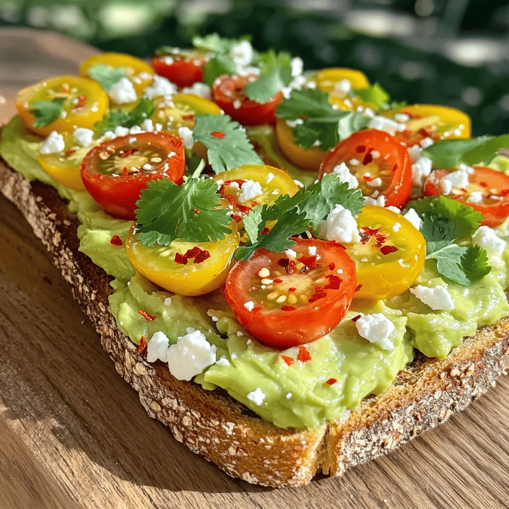 To make Zesty Avocado Toast, you need to gather some fresh ingredients. Here’s what you will need: - 2 ripe avocados - 4 slices of whole grain bread - 1 medium lime (juiced) - 1 small garlic clove, minced - 1/2 teaspoon sea salt - 1/4 teaspoon freshly ground black pepper - 1/4 teaspoon red pepper flakes - 1/4 cup cherry tomatoes, halved - 2 tablespoons feta cheese, crumbled (optional) - Fresh cilantro leaves for garnish Each ingredient plays a key role in creating the perfect blend of flavors. Ripe avocados provide a creamy base. Whole grain bread adds crunch and nutrients. Lime juice gives a bright zest that wakes up the palate. Garlic adds depth, while sea salt and black pepper enhance the taste. Red pepper flakes introduce a mild heat that complements the creaminess of the avocado. Cherry tomatoes add freshness and color. Feta cheese, though optional, adds a nice salty touch. Lastly, fresh cilantro offers a pop of flavor and looks great. You can find the full recipe with all steps laid out clearly, making it easy to follow along as you cook. To start, you need to toast the whole grain bread. You can use a toaster or a skillet. If you use a toaster, set it to a medium setting. If you prefer a skillet, heat it over medium heat and add a little olive oil. Toast the bread until it is golden brown. The right crispiness is key to great avocado toast. You want it crunchy enough to hold the toppings but not too hard to bite into. The bread should have a light crunch and a warm center. Next, focus on the avocados. Cut them in half and remove the pit carefully. Scoop the flesh into a mixing bowl. Use a fork to mash the avocados gently. You want a creamy but slightly chunky texture. Now, let’s add flavor. Squeeze the juice from one medium lime into the bowl. Then, add one minced garlic clove. Sprinkle in half a teaspoon of sea salt, a quarter teaspoon of black pepper, and a quarter teaspoon of red pepper flakes. Mix it all together. Taste it and adjust if you want more spice. Once the bread is toasted and the avocado is ready, it’s time to assemble the toast. Take a generous amount of the avocado mixture and spread it evenly over each slice of bread. Now, let’s make it pretty. Add halved cherry tomatoes on top. If you like, sprinkle some crumbled feta cheese over the tomatoes. Finish with a few fresh cilantro leaves for a pop of color and flavor. This zesty avocado toast recipe is fun and simple. Check out the Full Recipe for all the details! When selecting avocados, look for ones that feel slightly soft when you press them. This means they are ripe and ready to eat. If they are hard, they need more time to ripen. To speed up ripening, place them in a brown paper bag with a banana. This works because bananas release a gas that helps avocados ripen faster. Store ripe avocados in the fridge. This slows down the ripening process, keeping them fresh longer. If you have cut an avocado, sprinkle it with lime juice and wrap it tightly in plastic. This helps prevent browning. To make your avocado toast extra tasty, you can add spices and herbs. Try using: - Cumin for a warm flavor - Fresh cilantro for brightness - A pinch of smoked paprika for depth For added texture, consider toppings like: - Sliced radishes for crunch - Poached eggs for protein - Crumbled feta cheese for creaminess These simple additions can elevate your toast. The way you serve your avocado toast can make it even more appealing. Here are some fun ideas: - Use a wooden board for a rustic look. - Serve on a simple white plate to let the colors pop. - Drizzle extra lime juice on top for a fresh shine. To enhance visual appeal, sprinkle extra red pepper flakes or add colorful cherry tomatoes. These little touches can turn a simple dish into something special. For the full recipe, check out the Zesty Avocado Toast. {{image_2}} You can change up the bread for your zesty avocado toast. Here are some ideas: - Gluten-free alternatives: Use gluten-free bread if you need it. Many brands offer tasty options. - Sourdough or ciabatta choices: Sourdough adds a nice tang. Ciabatta gives a crispy texture. Want to spice things up? Here are some fun flavor ideas: - Adding spices: Try cumin for warmth or smoked paprika for a smoky taste. Just a pinch can make a big difference. - Unique toppings: Add a poached egg for protein. Radishes offer a crunchy bite. Sprouts add a fresh taste and nice look. Using seasonal ingredients can elevate your toast. Here are some ideas for each season: - Spring: Use fresh peas or asparagus for a light touch. - Summer: Top with ripe heirloom tomatoes or sweet corn. - Fall: Try adding roasted pumpkin or butternut squash. - Winter: Use citrus slices like blood oranges for a bright flavor. Explore these variations to make your zesty avocado toast even more exciting! For the full recipe, check out the details above. To keep your avocado toast fresh, you want to focus on the toppings. The best way is to store the bread and avocado mixture separately. This way, the bread stays crispy and the avocado doesn't turn brown. Use airtight containers for both parts. - For bread: Place the slices in a container or wrap them tightly in plastic wrap. - For avocado mixture: Store in a bowl, cover it with plastic wrap, and press it down to remove air. This helps slow down browning. If you have leftover toppings like tomatoes or feta, keep them in separate containers too. To reheat the toast without losing its crunch, use a toaster or an oven. Avoid microwaving, as it makes the bread soggy. - Toaster: Simply pop the slices back in until they're warm and crispy. - Oven: Preheat to 350°F (175°C). Place the toast on a baking sheet for about 5-7 minutes. When serving reheated toast, add fresh avocado mixture and toppings again. This gives it a fresh taste. You can also add a sprinkle of lime juice to brighten the flavors. To stop avocados from browning, keep the pit with any unused avocado. The pit slows down the browning process. You can also cover the avocado tightly with plastic wrap. Make sure the wrap touches the surface of the avocado. Another tip is to squeeze lime or lemon juice on the cut side. The acid helps slow down oxidation. Yes, you can prep some parts ahead. You can toast the bread and store it in an airtight bag. The bread will stay fresh for a day or two. You can also make the avocado mixture in advance. Just store it in a bowl with plastic wrap pressed against it. This keeps air out and helps it stay green. However, it's best to assemble the toast right before you eat it. This recipe is full of good-for-you ingredients. Avocados are rich in healthy fats and fiber. They help keep you full and are good for your heart. Whole grain bread adds more fiber and nutrients. Cherry tomatoes give you vitamins and antioxidants. Lime juice adds vitamin C, which helps your immune system. Feta cheese, if you use it, adds some protein and calcium too. If you don't have lime juice, use lemon juice instead. It has a similar tangy flavor. You can also try apple cider vinegar for a different taste. If you want a sweet twist, use a splash of orange juice. Each of these options will still give your avocado toast a zesty kick. You learned how to make zesty avocado toast, from selecting ingredients to storage. We discussed toasting methods and creating the perfect avocado mix. Flavor enhancements and visual presentation can elevate your dish. Explore variations like gluten-free bread or seasonal toppings for more fun. Lastly, storing and reheating without losing quality keeps your toast tasting fresh. Enjoy these tips, and let your creativity shine in the kitchen!