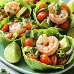 For Zesty Shrimp & Avocado Salad Cups, you need some fresh and bright items. Here’s what to gather: - 1 pound shrimp, peeled and deveined - 2 ripe avocados, diced - 1 cup cherry tomatoes, halved - 1/4 cup red onion, finely chopped - 1 jalapeño, finely chopped (optional for extra spice) - 1/4 cup fresh cilantro, chopped - 2 tablespoons lime juice - 1 tablespoon olive oil - Salt and pepper to taste - 4 large lettuce leaves (Butter or Romaine work well) These ingredients come together to create a tasty and colorful dish. The shrimp provide protein, while the avocados add creaminess and healthy fats. The tomatoes and cilantro bring freshness, and lime juice adds zing. You can customize your salad cups with these fun extras: - Additional vegetables like bell peppers or corn - Proteins such as chicken or tofu - Flavor enhancers like minced garlic or spices Feel free to mix and match. Adding different veggies or proteins can change the taste and texture. Selecting the right ingredients makes a big difference. Here are my tips: - Choosing ripe avocados: Look for avocados that are slightly soft when you press them. They should not feel mushy. - Selecting the right shrimp: Fresh shrimp should smell like the sea, not fishy. If using frozen shrimp, ensure it's completely thawed before cooking. These simple choices help keep your salad fresh and tasty. First, let's prep the shrimp and veggies. Start with fresh shrimp. Make sure they are peeled and deveined. Rinse them under cold water and pat them dry. Next, chop your vegetables. Dice the ripe avocados, halve the cherry tomatoes, and finely chop the red onion and jalapeño. If you want a bit of heat, include the jalapeño. Finally, chop fresh cilantro. Now, mix the ingredients together. In a large bowl, combine the diced avocados, cherry tomatoes, red onion, jalapeño, and cilantro. This mix brings out fresh flavors and colors. Now, let’s move on to cooking the shrimp. Heat a non-stick skillet over medium heat. Toss the shrimp with olive oil, lime juice, salt, and pepper in a separate bowl. This adds flavor. Add the shrimp to the skillet. Cook for 2-3 minutes on each side. They should turn pink and opaque when done. To ensure even cooking, avoid overcrowding the pan. If needed, cook in batches. This way, each shrimp gets enough heat and seasoning. Once the shrimp cools slightly, it’s time to assemble the salad cups. Gently fold the cooked shrimp into the avocado salad mix. This creates a vibrant and tasty filling. Now, carefully fill each lettuce leaf with the shrimp and avocado salad mix. This makes for a lovely presentation. Try to distribute the shrimp and veggies evenly in each cup. For the final touch, arrange the salad cups on a colorful platter. Garnish with extra cilantro and lime wedges. This adds brightness and charm to your dish. Enjoy your fresh and flavorful Zesty Shrimp & Avocado Salad Cups! For complete instructions, check the Full Recipe. Preventing overcooked shrimp Overcooked shrimp can become tough and rubbery. To avoid this, cook shrimp on medium heat. Watch them closely as they change color. Cook for just 2-3 minutes on each side. Remove them from heat once they turn pink and opaque. If you see them curling too tightly, they are likely overcooked. Choosing the right lettuce for cups Lettuce cups can hold your salad well. Use Butter or Romaine lettuce for the best results. Butter lettuce has a soft, pliable texture. Romaine is crisp and sturdy, making it easy to fill. Rinse and dry the leaves thoroughly before using. This keeps them fresh and prevents sogginess. Adding spices or herbs Spices can elevate the flavor of your salad. Consider adding a pinch of cumin or smoked paprika for warmth. Fresh herbs like dill or basil can add a unique twist. Experiment with flavors to find your favorite combination. A little zest goes a long way in making this dish shine. Incorporating different dressing options The right dressing can make or break your salad. While lime juice and olive oil work well, try a yogurt-based dressing for creaminess. A spicy vinaigrette can add a kick, too. Mixing different dressings can make your salad exciting each time you serve it. Pairing with beverages To complement your Zesty Shrimp & Avocado Salad Cups, pair with refreshing drinks. A crisp white wine or a light beer can enhance the meal. For non-alcoholic options, serve sparkling water with lime. These drinks will balance the flavors and keep things lively. Complementary side dishes Serve your salad with light sides for a complete meal. Consider tortilla chips with salsa or a fruit salad. These options add texture and flavor without overpowering the main dish. Feel free to mix and match to create a delightful dining experience. {{image_2}} You can easily swap shrimp for chicken or tofu. Chicken adds a hearty bite, while tofu keeps it light. Simply grill or sauté the chicken until cooked through. For tofu, use firm or extra-firm varieties. Cube it and cook until golden for a tasty texture. You can also play with the veggies. Try bell peppers, corn, or even black beans. Each brings new flavors and colors. Mix and match based on your taste. To make the salad gluten-free, ensure all dressings and sauces are safe. Most of the ingredients are naturally gluten-free. You can also create a dairy-free version by simply skipping any dairy products. If you want it vegan, replace shrimp with chickpeas or lentils. Both add protein and a nice bite. You can also use a vegan mayo for creaminess without dairy. For a Mexican twist, add corn and a pinch of cumin. Top with crumbled queso fresco for extra flavor. You can also use lime zest for a bright kick. For an Asian flair, try sesame oil and ginger in the dressing. Add sliced cucumbers and shredded carrots. This gives a fresh crunch and a unique taste. These simple swaps and adjustments let you enjoy the Zesty Shrimp & Avocado Salad Cups in many ways! To keep your Zesty Shrimp & Avocado Salad Cups fresh, follow these tips. Store the salad in an airtight container in the fridge. This helps keep the ingredients crisp and bright. Ideally, it lasts about one day. The shrimp and avocado can brown quickly, so eat soon after making. You cannot freeze this salad with shrimp and avocado. Both ingredients do not freeze well. Avocados become mushy, and shrimp lose their texture. If you want to save the salad for later, consider freezing just the shrimp. Cooked shrimp can freeze for up to three months. Thaw them in the fridge overnight before using. For reheating, avoid using a microwave. Microwaving can make the shrimp tough. Instead, heat them gently in a skillet over low heat. This method helps maintain their texture. You can serve the salad cold or warm. Personally, I enjoy it chilled on hot days. Warm shrimp can add a nice touch, but the salad is best enjoyed fresh. The total time to make Zesty Shrimp & Avocado Salad Cups is around 30 minutes. You can prep the ingredients in about 15 minutes. Cooking the shrimp takes just 5 to 6 minutes. This quick dish is perfect for lunch or dinner. Yes, you can prepare parts of the salad ahead of time. Keep the shrimp and avocado separate until you serve. This helps prevent browning and keeps the flavors fresh. You can mix the other ingredients, like tomatoes and onions, and store them in the fridge. Just add the shrimp and avocado when you're ready to eat. If you want to swap shrimp, try chicken, canned tuna, or tofu. Grilled chicken works well and adds nice flavor. Canned tuna is a quick option, too. For a plant-based choice, use firm tofu. Just make sure to season it well for the best taste. This recipe may contain common allergens like shellfish and avocado. If you have a shellfish allergy, avoid shrimp and choose another protein. Always check for any other allergens in the ingredients you use, like cilantro or lime juice. If you're unsure, consult with your doctor. In this blog post, we covered how to make Zesty Shrimp & Avocado Salad Cups. We discussed essential ingredients and optional additions to boost flavor. You learned steps for preparation and cooking shrimp to perfection. I shared tips to avoid common mistakes and suggested various ingredient swaps for dietary needs. Don't hesitate to get creative with your salad cups. Experimenting can lead to tasty results. Enjoy making this dish as a vibrant meal option!