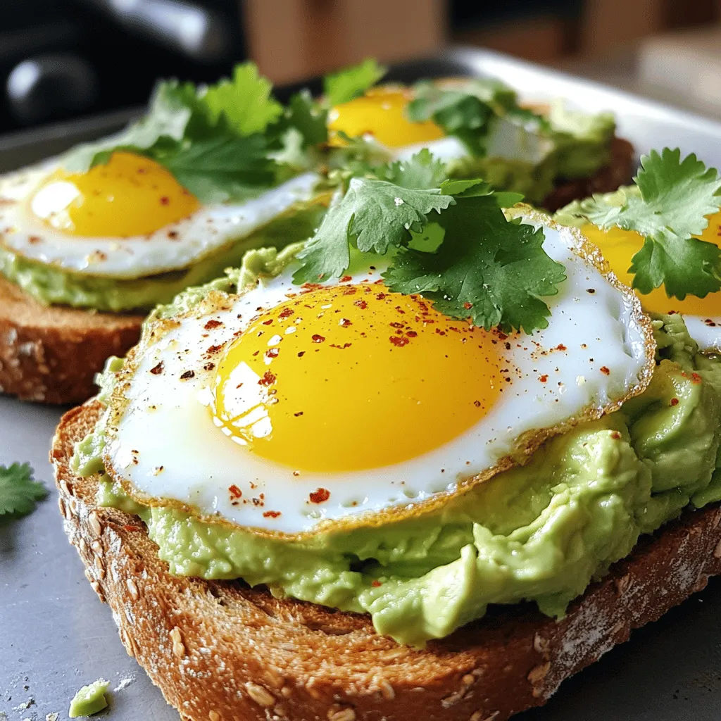 - 2 ripe avocados - 4 slices of whole grain bread - 4 large eggs - 1 tablespoon olive oil - Salt and pepper to taste - 1 tablespoon lemon juice - 1 teaspoon red pepper flakes (optional) - Fresh cilantro leaves for garnish This avocado toast with egg recipe is simple and tasty. I love how easy it is to whip up. You get creamy avocado paired with eggs, all on crunchy bread. Each ingredient plays an important role. Ripe avocados are key. They give that smooth, rich texture. Use fresh ones, as they should be slightly soft when you press them. Whole grain bread adds fiber and a hearty bite. The eggs provide protein, making this meal filling. The olive oil enhances flavor and helps cook the eggs perfectly. Lemon juice keeps the avocado bright and adds a zing. Salt and pepper balance the flavors. If you like heat, add red pepper flakes for a kick. Finally, cilantro leaves brighten up the presentation and taste. - Healthy fats from avocados - Protein content from eggs - Fiber from whole grain bread This meal is not just good for your taste buds. It’s also good for your health. Avocados are full of healthy fats. These fats are great for your heart. They help keep you full longer. Eggs add protein, which helps your muscles. Whole grain bread brings fiber, good for digestion. This avocado toast with egg is a balanced meal. It keeps you satisfied and nourished. Enjoy every bite! Start by toasting the whole grain bread slices. I like to use a toaster, but you can also use an oven. Toast until they're golden brown and crispy. This adds a nice crunch to your dish. It takes about 2-3 minutes in a toaster. If you use an oven, set it to 400°F and toast for 5-7 minutes. Keep an eye on the bread so it doesn’t burn. Next, cut the ripe avocados in half. Remove the pit with a spoon. Scoop the green flesh into a bowl. Add one tablespoon of lemon juice, salt, and pepper to taste. This keeps the avocado fresh and adds flavor. Mash it with a fork until it’s creamy but still a bit chunky. This gives your toast great texture. If you like spice, you can mix in a teaspoon of red pepper flakes. Now, let’s cook the eggs to your liking. Heat one tablespoon of olive oil in a non-stick skillet over medium heat. Crack the eggs gently into the skillet. You can cook them sunny-side up, poached, or scrambled. For sunny-side up, cook until the whites are set but the yolk is still runny. For scrambled, stir them in the pan until they are just set. Season them with salt and pepper while cooking. Now you are ready to assemble your toast! For the full recipe, refer to the earlier section. To get the best creaminess in your avocado, choose ripe avocados. A ripe avocado feels slightly soft when you press it. Cut it in half, remove the pit, and scoop the flesh into a bowl. Add one tablespoon of lemon juice, salt, and pepper. Use a fork to mash it. Stop when it’s creamy but still a bit chunky. This texture keeps the flavor bold and fresh. You can cook eggs in several ways for your toast. Sunny-side up is easy. Just crack the egg into a hot skillet and let it cook without flipping. For poached eggs, fill a pot with water and bring it to a gentle simmer. Add a splash of vinegar, then crack the eggs into the water. Cook for three to four minutes. Scrambled eggs are quick too. Whisk eggs in a bowl, pour into a skillet, and stir until they set. Each method brings a unique taste to your toast. To make your avocado toast pop, try different toppings. Add sliced cherry tomatoes, radishes, or crumbled feta cheese for extra flavor. You can also sprinkle red pepper flakes for some heat. Fresh herbs like cilantro or chives add color and taste. Arrange your toast on a plate with a side of fruit for a full meal. This way, your dish looks great and tastes even better. For the full recipe, check out the details above. {{image_2}} You can make your avocado toast even better with extra toppings. Try adding sliced tomatoes for a juicy bite. Radishes give a nice crunch and a peppery flavor. Feta cheese adds creaminess and saltiness. These toppings make your meal more colorful and tasty. Feel free to mix and match to find your favorite combo! If you like heat, add some spice to your toast. Sriracha gives a sweet and spicy kick. You can also use sliced jalapeños for a bold flavor. Just a few drops or slices will do, so start small. This adds a fun twist to your dish and wakes up your taste buds! Want a vegan option? Replace the eggs with tofu or chickpeas. For tofu, scramble it in a pan with a little oil and spices. Chickpeas can be mashed and spread on the toast just like avocado. Both options are full of protein and will keep you full. You won’t miss the eggs at all! For more ideas, check out the Full Recipe to explore more delicious ways to enjoy avocado toast. To keep your avocado toast fresh, store each part separately. Put the bread in an airtight bag. This helps keep it from going stale. For the avocado mix, use a small bowl with a lid. Add some extra lemon juice to the top to prevent browning. This trick keeps the avocado green and tasty. If you have cooked eggs left, place them in a container in the fridge. They can last for about three days. You can freeze bread for later use. Wrap each slice in plastic wrap. Then, place them in a freezer bag. This keeps them fresh for up to three months. When you want some toast, you can take out as many slices as you need. Cooked eggs can also be frozen. Let them cool completely, then place them in a freezer-safe bag. Be sure to label it with the date. They will stay good for about two months. To keep avocados fresh, store them whole and uncut at room temperature. Once you cut an avocado, put the unused half in an airtight container. Always sprinkle lemon juice on the cut side. This slows down browning. If you have ripe avocados, you can refrigerate them. This can slow down the ripening process. Use them within a few days for the best taste. The best bread for avocado toast is whole grain. Whole grain bread is healthy and gives a nice crunch. Sourdough is also a great option. It adds a tangy flavor. Rye bread can work well too. Choose what you like best! You can prepare parts of the toast ahead of time. Toast the bread and mash the avocado. Keep them in separate containers. When ready to eat, just put them together. Avocado toast tastes best fresh, so try to assemble it close to meal time. To keep avocado from turning brown, add lemon juice. The acid in lemon juice slows down browning. Also, store the avocado with the pit in it. If you have leftover avocado, wrap it tight in plastic. This helps keep air out and keeps it fresh longer. Yes, you can make avocado toast without eggs! Try adding chickpeas or tofu for protein. You can also add some nuts or seeds for crunch. The dish will still be tasty and filling without eggs. Some great spices for avocado toast are salt and pepper. You can also use red pepper flakes for heat. Garlic powder adds nice flavor too. Fresh herbs like cilantro or basil brighten up the dish. Experiment to find your favorite! This blog post covered how to make a tasty avocado toast. We discussed the ingredients needed, including ripe avocados and eggs. I shared step-by-step instructions for preparing the toast and tips for perfecting the mash. We explored variations and storage tips to keep your toast fresh. Avocado toast is a great way to eat healthy. You can add your twist with different toppings too. Make it your own and enjoy!