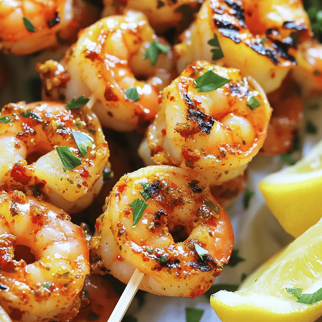 For Spicy Garlic Shrimp Skewers, you will need: - 1 pound large shrimp, peeled and deveined - 4 cloves garlic, minced - 2 tablespoons olive oil - 1 tablespoon chili paste or sriracha (adjust to taste) - 1 teaspoon smoked paprika - 1 teaspoon lemon zest - Juice of 1 lemon - 1 teaspoon honey - Salt and pepper to taste - Fresh parsley, chopped (for garnish) - Skewers (if wooden, soak in water for 30 minutes) Each ingredient brings its own flavor to the dish. The shrimp is the star here, but garlic and chili paste add a nice kick. Olive oil helps blend everything together. If you lack some ingredients, don’t worry. You can make simple swaps: - Use shrimp of any size. Smaller shrimp cook faster, so adjust cooking time. - Swap olive oil with avocado oil or vegetable oil for a different taste. - If you don't have chili paste, use hot sauce or red pepper flakes. - Honey can be replaced with maple syrup for a vegan option. - No fresh parsley? Try cilantro or chives for a fresh garnish. These swaps keep the dish tasty and fun. Feel free to experiment! Fresh ingredients matter a lot in this recipe. They boost flavor and texture. Fresh shrimp taste sweet and tender. Fresh garlic adds a punch. Using fresh lemon gives a bright citrus flavor. The zest adds aroma. Overall, fresh ingredients make your dish stand out. For the best results, choose high-quality, fresh items. They will shine in your Spicy Garlic Shrimp Skewers. For the complete recipe, check the [Full Recipe]. Start by gathering your ingredients. For the marinade, mix garlic, olive oil, chili paste, smoked paprika, lemon zest, lemon juice, honey, salt, and pepper in a bowl. Whisk it well until it's smooth. This mix gives the shrimp a spicy and zesty flavor. Next, add the shrimp to the marinade. Make sure each shrimp is fully coated. Cover the bowl and place it in the fridge. Let the shrimp sit for at least 30 minutes. You can marinate it up to 2 hours for a bolder taste. This step makes the shrimp juicy and full of flavor. While the shrimp is marinating, preheat your grill or grill pan over medium-high heat. After marinating, thread the shrimp onto skewers. Aim for 4-5 shrimp per skewer and leave space between them. This helps them cook evenly. Once the grill is hot, place the skewers on it. Cook for 2-3 minutes on each side. The shrimp will turn pink and opaque when done. Remove the skewers from the heat and let them rest for a minute. Garnish with fresh parsley before serving. For an extra kick, serve with lemon wedges. Enjoy this easy and flavorful dish! You can find the full recipe to guide you through every step. Grilling shrimp is quick and easy. Start with a hot grill. This helps get nice grill marks. Use medium-high heat for best results. Make sure to preheat your grill for about 10 minutes. This ensures even cooking. Place the skewers directly on the grill without crowding them. Leave space for heat to circulate. Turn them only once to avoid breaking the shrimp. Marinating shrimp enhances its taste. I recommend at least 30 minutes. This lets the shrimp soak up the garlic and spices. For a stronger flavor, marinate for up to 2 hours. Just be careful not to marinate too long. Shrimp can become mushy if left too long in acidic marinades. To prevent shrimp from sticking, oil your grill grates. Use a paper towel dipped in oil to coat the grates. Another trick is to soak wooden skewers in water. This keeps them from burning on the grill. Also, make sure your shrimp are patted dry before marinating. This helps the marinade stick better. For more tips, check the Full Recipe. {{image_2}} You can change the flavor of your spicy garlic shrimp skewers easily. Try a citrus twist by using orange juice instead of lemon juice. You can also swap honey for maple syrup for a different sweet touch. For a fresh taste, mix in fresh herbs like basil or cilantro. If you want more heat, add some cayenne pepper or red pepper flakes. This way, you can find the perfect flavor for you. Adding veggies to your skewers is a great idea. Bell peppers, zucchini, and cherry tomatoes work well. Cut them into the same size as the shrimp for even cooking. You can also add fish like salmon or scallops for variety. These combinations boost flavor and give a colorful dish. You can make your meal even more exciting with different textures. You don't need a grill to cook your shrimp skewers. You can use an oven instead. Preheat the oven to 400°F (200°C). Place your skewers on a baking sheet lined with parchment paper. Bake for about 8-10 minutes or until the shrimp are pink and cooked through. If you want to use the stovetop, heat a grill pan over medium-high heat. Cook the skewers for 2-3 minutes on each side. Both methods give you delicious shrimp with a nice char. For the full recipe, check the earlier sections of this article. After you enjoy your spicy garlic shrimp skewers, store leftovers in a tight container. Place them in the fridge. They will stay fresh for up to two days. Make sure the shrimp cool down first before you seal the container. This helps prevent moisture build-up, keeping your shrimp from getting soggy. If you want to save shrimp skewers for later, freezing is a great option. Wrap each skewer in plastic wrap. Then, place them in a freezer-safe bag. Make sure to squeeze out the air. You can freeze them for up to three months. When you're ready to eat, thaw them in the fridge overnight. This keeps the shrimp juicy and flavorful. To reheat your shrimp skewers, use the oven for the best results. Preheat your oven to 350°F (175°C). Place the skewers on a baking sheet. Cover them loosely with foil to keep moisture in. Heat for about 10 minutes or until warm. You can also use a microwave, but it may make the shrimp less firm. Heat them in 30-second bursts, checking often. Enjoy your delicious spicy garlic shrimp skewers again! For the full recipe, check out the details above. For the best flavor, marinate the shrimp for at least 30 minutes. This gives the shrimp time to absorb the garlic and chili flavors. If you want a bolder taste, let it sit for up to 2 hours. Just remember, longer is not always better. Too much time can change the texture of the shrimp. Yes, you can use frozen shrimp! Just make sure to thaw them first. Place the shrimp in the fridge overnight or run them under cold water for a quick thaw. After thawing, peel and devein them if needed. This makes it easy to create your spicy garlic shrimp skewers. Several side dishes pair well with spicy garlic shrimp skewers. Here are a few ideas: - Rice: Jasmine or basmati rice complements the flavors well. - Salad: A fresh green salad adds crunch and balance. - Grilled veggies: Bell peppers and zucchini make great grilled sides. - Corn on the cob: Sweet corn adds a nice touch to your meal. Check out the Full Recipe for more details on making this dish! In this article, we explored the key ingredients for tasty shrimp skewers and the importance of using fresh items. We outlined simple steps for preparing, marinating, and cooking shrimp. I shared helpful tips for grilling and preventing sticking. We also discussed variations like different marinades and cooking methods. Finally, we looked at how to store and reheat leftovers. For the best shrimp skewers, focus on freshness and flavor. Enjoy your cooking!