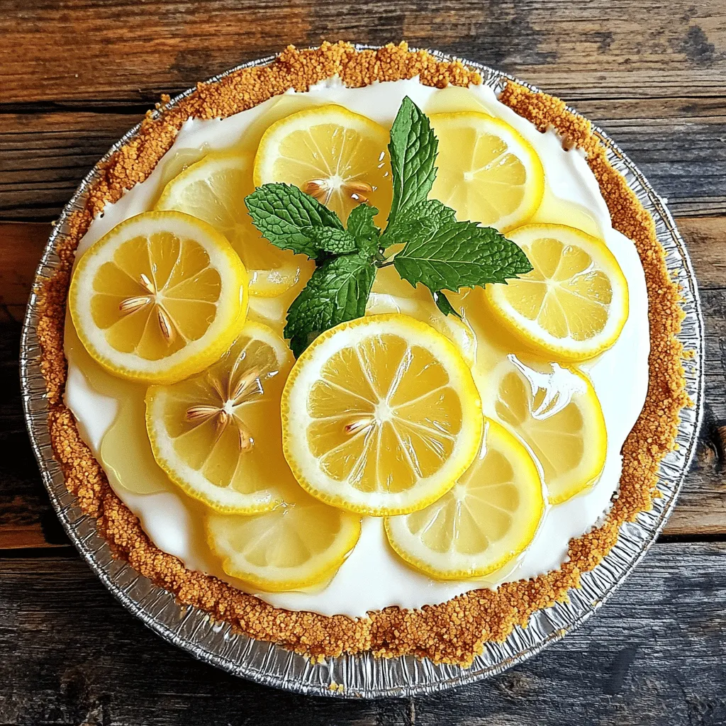 To make the perfect no-bake lemon icebox pie, gather these fresh and simple ingredients: - 1 ½ cups graham cracker crumbs - ⅓ cup granulated sugar - ½ cup unsalted butter, melted - 1 (14 oz) can sweetened condensed milk - 1 cup fresh lemon juice (about 4-5 lemons) - Zest of 2 lemons - 1 teaspoon vanilla extract - 1 cup heavy whipping cream - 2 tablespoons powdered sugar - Fresh lemon slices and mint leaves for garnish When choosing your ingredients, focus on quality. Fresh lemons give the best flavor. Look for bright, firm lemons with smooth skin. For the graham cracker crumbs, you can buy pre-crushed ones or crush whole crackers yourself. Go for unsalted butter to control the pie's sweetness. You can also mix things up a bit. Consider adding a touch of lemon zest to the whipped cream for extra zing. If you want a creamier filling, use full-fat cream cheese blended in with the sweetened condensed milk. This adds richness while keeping the pie light and refreshing. Feel free to experiment with different garnishes, too. Berries or edible flowers can add beauty and flavor. Enjoy making this pie your own! Check out the Full Recipe for more details. To start, gather your ingredients for the crust. You will need: - 1 ½ cups graham cracker crumbs - ⅓ cup granulated sugar - ½ cup unsalted butter, melted In a medium bowl, combine the graham cracker crumbs, sugar, and melted butter. Mix well until the crumbs look like wet sand. This means your mixture is ready. Next, take a 9-inch pie pan. Press the graham cracker mixture firmly into the bottom and up the sides. Use the back of a measuring cup for even packing. Once done, place the crust in the freezer for about 10 minutes. This helps it set and stay firm. Now, let’s move on to the lemon filling. For this, you will need: - 1 (14 oz) can sweetened condensed milk - 1 cup fresh lemon juice (about 4-5 lemons) - Zest of 2 lemons - 1 teaspoon vanilla extract In a large bowl, whisk the sweetened condensed milk, fresh lemon juice, lemon zest, and vanilla extract together. Keep whisking until everything is well blended. In another bowl, whip 1 cup of heavy cream with an electric mixer until soft peaks form. Slowly add 2 tablespoons of powdered sugar while you whip. Continue until stiff peaks form. Gently fold the whipped cream into the lemon mixture. Be careful not to deflate the whipped cream. This keeps the filling light and airy. Now it’s time to put it all together. Pour the lemon filling into your chilled graham cracker crust. Smooth the top with a spatula for a nice finish. Cover the pie with plastic wrap. Place it in the fridge for at least 4 hours, or until it sets. Once it’s set, slice the pie and serve with fresh lemon slices and mint leaves for garnish. Enjoy your refreshing no-bake lemon icebox pie! For the full recipe, check the earlier section. To whip cream well, start with cold heavy cream. Use a clean bowl and beaters. Whip on medium speed until soft peaks form, then add powdered sugar slowly. Beat until you see stiff peaks. This creates a fluffy texture. When folding the whipped cream into the lemon mixture, be gentle. Use a spatula to scoop from the bottom. Lift and fold the mixture over the top. Do this carefully to keep the air in the cream. If you mix too hard, the filling will be dense. To enhance the lemon flavor, you can add herbs like fresh basil or mint. Just chop them finely and mix them into the filling. This adds a fresh twist. You can also use spices like cardamom or ginger for a warm kick. For garnishing, fresh lemon slices and mint leaves look great on the pie. You can also add a sprinkle of lemon zest on top. This makes the pie look pretty and taste bright. One common mistake is making the crust too crumbly. To fix this, make sure your butter is fully melted and mixed well with the crumbs. Pack the crust tightly in the pie pan to avoid crumbling. Another mistake is over-mixing the filling. If you mix too much after adding the whipped cream, it will lose its lightness. Just mix until you see no more white streaks. This keeps the filling airy and creamy. For the full recipe, check out the steps above! {{image_2}} You can play with flavors in this pie. Try using other citrus fruits like lime or orange. They add a unique twist to the classic lemon taste. For a rich touch, add melted chocolate to the filling. You can mix in berries, like raspberries or blueberries, for a fruity burst. These additions make the pie fun and exciting! If you need gluten-free choices, swap the graham cracker crust for a gluten-free alternative. Almond flour or a gluten-free cookie crust works well. For the filling, you can use coconut cream instead of sweetened condensed milk. This gives a creamy texture without gluten. Mini icebox pies are a cute idea! Use small jars or muffin tins for the crust and filling. This way, you can serve them easily at parties. Just adjust the chilling time to fit the smaller size. They will set faster than a full pie. Enjoy making these little treats for fun! To keep your no-bake lemon icebox pie fresh, cover it well. Use plastic wrap or a pie lid. This helps prevent the pie from absorbing odors in the fridge. Store it in the refrigerator for up to one week. The pie stays tasty and refreshing when chilled. Just make sure to slice only what you need. This way, the rest stays intact and delicious. You can freeze the pie if you want to save some for later. First, slice the pie into pieces. Wrap each slice in plastic wrap, then place them in a freezer bag. This helps keep the slices fresh. You can freeze the pie for up to two months. To thaw, move the slices to the fridge overnight. This keeps the texture smooth and creamy. Avoid using a microwave, as it can change the pie's texture. Enjoy your zesty treat any time! You can use bottled lemon juice, but fresh is better. Fresh lemon juice gives more flavor and the right acidity. Bottled juice may taste flat. Fresh lemons add a bright, zesty punch to your pie. If you can, choose fresh lemons for the best results. You can keep the pie in the fridge for up to five days. After that, it may lose its texture and flavor. Make sure to cover it well with plastic wrap. This keeps it fresh and tasty. Enjoy it cold for the best experience! If you want a substitute, try using coconut cream or a homemade version. For the homemade version, mix equal parts of milk and sugar. Simmer until it thickens. This gives a similar sweetness and creaminess. These swaps work well for different diets or tastes. In this post, we covered everything about making a delicious lemon pie. We detailed the ingredients, step-by-step instructions, and helpful tips for the perfect texture. You also learned about variations and storage options. In my view, this pie is simple yet tasty. With the right ingredients and techniques, you’ll impress everyone. Give it a try, and enjoy a delicious treat that brightens any day.