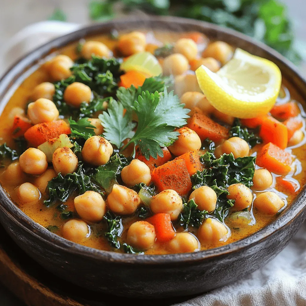 To make the One-Pot Spicy Chickpea Stew, you need the following ingredients: - 2 cans (15 oz each) chickpeas, rinsed and drained - 1 large onion, diced - 3 cloves garlic, minced - 1-inch ginger, grated - 1 red bell pepper, diced - 2 medium carrots, chopped - 1 can (14 oz) diced tomatoes - 4 cups vegetable broth - 1 tablespoon olive oil - 2 teaspoons ground cumin - 2 teaspoons smoked paprika - 1 teaspoon ground coriander - 1 teaspoon cayenne pepper (adjust to taste) - Salt and pepper to taste - 2 cups kale or spinach, roughly chopped - Fresh cilantro, for garnish - Lemon wedges, for serving Each ingredient plays a key role in building the stew's flavor. The chickpeas provide protein and texture. Onions, garlic, and ginger create a savory base. The red bell pepper and carrots add sweetness and color. The spices bring warmth and depth. Greens like kale or spinach add nutrition and freshness. I love using fresh herbs like cilantro at the end for a burst of flavor. A squeeze of lemon brightens the dish and balances the spice. You can find the full recipe above, which guides you through the process step by step. Enjoy cooking this comforting meal! 1. Heating the pot and sautéing onion Start by taking a large pot or Dutch oven. Pour in one tablespoon of olive oil. Heat it over medium heat. Once hot, add one large, diced onion. Sauté the onion for about 5 to 7 minutes. You want it to turn translucent. 2. Adding garlic and ginger Next, stir in three minced cloves of garlic and one inch of grated ginger. Cook this mixture for about 2 minutes. The aroma will be amazing! 3. Incorporating red bell pepper and carrots Now, add one diced red bell pepper and two chopped medium carrots to the pot. Cook these for around 4 to 5 minutes. Stir occasionally to keep things from sticking. 1. Seasoning with spices Time to add flavor! Sprinkle in two teaspoons of ground cumin, two teaspoons of smoked paprika, one teaspoon of ground coriander, and one teaspoon of cayenne pepper. Add salt and pepper to taste. Cook this for one minute to toast the spices. 2. Adding tomatoes and broth Pour in one can of diced tomatoes and four cups of vegetable broth. Bring this mixture to a gentle simmer. It's starting to smell good! 3. Simmering the chickpeas and greens Add two cans of rinsed and drained chickpeas to the pot. Stir well to combine. Cover the pot and reduce the heat to low. Let it simmer for about 20 minutes. In the last 5 minutes, stir in two cups of roughly chopped kale or spinach until it's wilted and tender. This recipe is simple yet packed with flavor. For the full recipe, check the details above! To achieve perfect flavor balance, focus on layering. Start by sautéing the onion. It adds a sweet base. Next, add garlic and ginger. This mix enhances the stew's aroma. Toast your spices before adding liquids. This step brings out their full taste. Adjust cayenne pepper to match your spice level. Choose a heavy pot or Dutch oven for even cooking. This type of pot retains heat well. It helps your stew simmer evenly. A thin pot might burn the bottom. Always stir occasionally to prevent sticking. This keeps all flavors well mixed. For side dishes, consider crusty bread or rice. Both soak up the spicy broth well. A fresh salad can add a cool contrast. Top the stew with fresh cilantro for color. A squeeze of lemon brightens the flavors. Presentation matters! Serve the stew in deep bowls. Ensure each bowl has bright greens and a sprinkle of cilantro. A wedge of lemon on the side looks inviting. This simple touch makes your dish pop. For the full recipe, check out the details above. {{image_2}} You can switch chickpeas for lentils or black beans. Both add protein and texture. If you want more veggies, try zucchini or sweet potatoes. They work well in the stew. For spice lovers, add extra cayenne. If you want less heat, cut back on it. You can also use smoked paprika for depth or regular paprika for a milder flavor. This stew is vegan and gluten-free. It uses plant-based ingredients, so it suits many diets. Chickpeas are rich in protein and fiber. They help keep you full longer. The vegetables add vitamins and minerals. Kale or spinach gives you iron and calcium. This dish is not only tasty but also healthy. Enjoy the warm comfort it brings while knowing you're eating well. Check out the Full Recipe for more details! To keep your One-Pot Spicy Chickpea Stew fresh, store it in airtight containers. This method helps seal in flavors and keep out air. Place the stew in the fridge if you plan to eat it within three to four days. For longer storage, consider freezing it. Use freezer-safe bags or containers and remove as much air as possible. Label the bags with the date. The stew can last up to three months in the freezer. When it’s time to enjoy leftovers, reheat them carefully. The best way is to use a pot on the stove over medium heat. Stir the stew occasionally to prevent sticking and ensure it heats evenly. You can add a splash of water or broth if it seems thick. If you’re in a hurry, use the microwave. Place the stew in a microwave-safe bowl and cover it with a microwave-safe lid or plate. Heat it in short bursts, stirring between each burst for even warmth. This method keeps the flavor and texture just right. The stew lasts about 3 to 5 days in the fridge. Store it in an airtight container. This keeps it fresh and tasty. Yes, you can make this stew in advance. It tastes even better the next day. Just let it cool before storing it in the fridge or freezer. To make it heartier, consider adding: - 1 cup of quinoa or rice - 1 can of coconut milk - 1 cup of diced potatoes - 1 cup of cooked lentils These ingredients boost the stew's texture and flavor. To adjust the spice for kids, reduce the cayenne pepper. Use only a pinch or skip it entirely. You can also add a dollop of yogurt for creaminess. Yes, you can use dried chickpeas. Soak them overnight and cook them until tender. This may take longer, so plan ahead. You can add various vegetables for more flavor. Some great options are: - Zucchini - Sweet potatoes - Cauliflower - Green beans These add color and nutrition to your stew. Check out the Full Recipe for more ideas! In this blog post, we covered a tasty stew with chickpeas, veggies, and spices. You learned the key ingredients, step-by-step cooking instructions, and helpful tips to elevate your dish. Also, we discussed how to adapt the recipe for dietary needs and how to store leftovers. This stew is easy to make and full of flavor. You can tweak it to fit your taste. Enjoy creating this meal today!