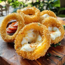 - 2 large sweet onions - 1 cup all-purpose flour - 2 large eggs - 1 cup breadcrumbs - 1 teaspoon garlic powder - 1 teaspoon paprika - 1 teaspoon dried oregano - Salt and pepper to taste - 1 cup shredded mozzarella cheese - Oil for frying - Various dipping sauces (marinara, ranch, etc.) - Fresh herbs for garnish To make cheesy mozzarella onion rings, you need simple yet flavorful ingredients. Start with two large sweet onions. These give a nice taste and sweetness. Next, grab one cup of all-purpose flour for the coating. Two large eggs help the breading stick well. One cup of breadcrumbs adds that lovely crunch. For flavor, use one teaspoon each of garlic powder, paprika, and dried oregano. Don't forget salt and pepper to taste. Finally, one cup of shredded mozzarella cheese is a must for that cheesy goodness. You can also use various dipping sauces like marinara or ranch for an extra kick, and fresh herbs can make your dish look even better. You can find the complete recipe in the Full Recipe section. This mix of ingredients makes these onion rings a crispy, cheesy treat you will love! - Step 1: Peel and slice the onions into rings. Aim for about 1/2 inch thick. This size gives a nice texture. - Step 2: In a bowl, mix flour, garlic powder, paprika, oregano, salt, and pepper. This is your seasoned flour mixture. Make sure to blend well. - Step 3: Set up a dipping station with two bowls. One for beaten eggs and one for breadcrumbs. This makes coating easy. - Step 4: Take an onion ring. First, dip it in the flour mixture. Make sure it’s well-coated. Next, dip it in the eggs. Let any extra egg drip off. Finally, coat it with breadcrumbs. Press gently to help it stick. - Step 5: Heat oil in a skillet over medium heat. You want enough oil to cover the rings halfway. - Step 6: Place 2-3 coated onion rings in the hot oil. Don’t overcrowd the pan. Fry for about 2-3 minutes on each side. Look for a golden brown color. This means they are crispy and ready. For the full recipe, check the details above! Enjoy your cooking! To make great cheesy mozzarella onion rings, focus on ring size and thickness. Cut your onions into rings that are about 1/2 inch thick. This size helps them cook evenly. If they're too thin, they may burn. If too thick, they may not cook through. To prevent cheese from leaking during frying, stuff each ring carefully. Place a little cheese inside and top it with another ring. Press gently to seal. This step keeps the cheese inside while frying. Choosing the right oil is key for frying. I recommend using oils with high smoke points, like canola or peanut oil. These oils heat well and help you get crispy onion rings. Adjust the oil temperature for even cooking. Aim for 350°F (175°C). If the oil is too hot, the outside will burn before the inside cooks. If too cool, the rings will absorb oil and become greasy. Use a thermometer to check the temperature for best results. {{image_2}} You can make cheesy mozzarella onion rings even more exciting by changing up the cheese. Try using cheddar for a sharp taste or pepper jack for some heat. Both options melt well and add a new twist. You can also add spices to the flour mix. For a kick, try cayenne pepper or chili powder. If you want a more herbal flavor, mix in some Italian seasoning or fresh herbs. These swaps can create a unique flavor that suits your taste. If you prefer a healthier option, you can bake the onion rings instead of frying them. To do this, preheat your oven to 425°F. Lightly coat the onion rings with oil before placing them on a baking sheet. Spread them out so they don’t touch. Bake for about 20-25 minutes, flipping them halfway through. This will help them crisp up nicely. Remember, baking times may vary based on your oven, so keep an eye on them. Enjoy the crunchy texture without all the oil! For the full recipe, check out the detailed steps. To keep your cheesy mozzarella onion rings fresh, use airtight containers. Glass or plastic containers work well. Place them in the fridge within two hours of cooking. They will stay good for about 3 to 4 days. To bring back the crunch, the oven is best. Preheat it to 400°F (200°C). Spread the rings on a baking sheet and heat for about 10 minutes. This method helps retain crispiness. Microwaving is quick but may make them soggy. If you use the microwave, heat for about 30 seconds. Flip the rings halfway through for even warming. However, I recommend the oven for the best texture. For more details, check the Full Recipe. Yes, you can prepare these onion rings in advance. To do this, follow these steps: - Prep the onion rings: Slice and coat the onion rings as directed in the Full Recipe. - Storage: Place the coated rings in a single layer on a baking sheet. Cover with plastic wrap and refrigerate. They can stay fresh for up to 24 hours. - Frying: When ready to eat, heat your oil and fry the rings as directed. This keeps them crispy and tasty. Popular choices for dipping sauces include: - Marinara sauce: This classic tomato sauce pairs well with the cheesy flavor. - Ranch dressing: A creamy option that adds a nice tang. - Spicy aioli: For those who enjoy a kick in their dip. Feel free to experiment with sauces to find your perfect match! To maintain the crispiness of your onion rings, try these tips: - Use fresh oil: Old or reused oil can make rings soggy. - Fry in batches: Avoid overcrowding the pan, which lowers the oil temperature. - Drain well: After frying, place the rings on paper towels to absorb excess oil. - Serve immediately: Enjoy them hot for the best texture. Following these steps will keep your cheesy mozzarella onion rings crispy and delicious! In this post, I covered how to make delicious cheesy mozzarella onion rings. We explored the ingredients, preparation steps, and frying techniques. I shared tips for the perfect texture, variations, and how to store and reheat your rings. Enjoy these crispy snacks with your favorite dipping sauces. You now have the tools to impress your friends and family with your cooking skills. Make these onion rings your own and enjoy every bite!