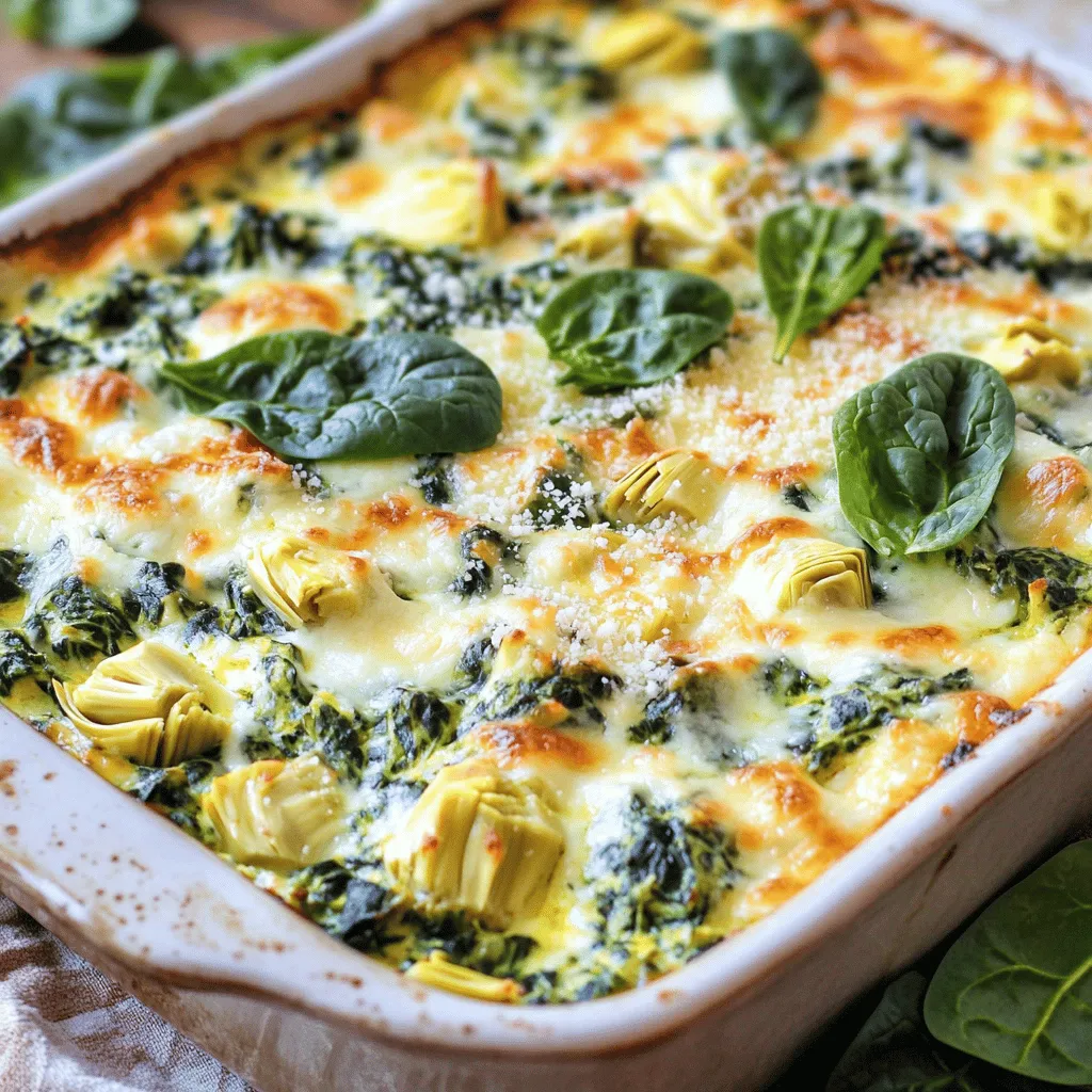 - 2 cups fresh spinach, chopped - 1 can (14 oz) artichoke hearts, drained and chopped - 1 cup cream cheese, softened - 1 cup Greek yogurt (or sour cream) - 1 cup shredded mozzarella cheese - 1/2 cup grated Parmesan cheese - 2 cloves garlic, minced - 1 teaspoon lemon juice - 1/2 teaspoon red pepper flakes (optional for spice) - Salt and pepper to taste The fresh ingredients bring life to the dip. Spinach adds a green, healthy touch. Artichokes give a unique flavor. These fresh veggies make the dip vibrant and tasty. The dairy components create a creamy base. Cream cheese adds richness. Greek yogurt or sour cream keeps it light. Mozzarella gives a stretchy texture, while Parmesan adds a salty kick. Together, these cheeses make the dip rich and satisfying. Flavor enhancers are key. Garlic brings depth to the dish. Lemon juice adds brightness. Red pepper flakes can spice things up if you like it hot. Salt and pepper balance all the flavors. For the complete recipe, check out Spinach Artichoke Delight Dip. - Preheat the oven to 350°F (175°C). - In a large mixing bowl, combine cream cheese and Greek yogurt. Mix until smooth. - Add chopped spinach, artichoke hearts, mozzarella cheese, and Parmesan cheese to the bowl. - Stir in minced garlic, lemon juice, red pepper flakes, salt, and pepper. Mix until well combined. - Transfer the mixture to a baking dish and spread it evenly. - Bake for 25-30 minutes until the dip is bubbly and golden. This will create a creamy and flavorful dish that everyone will love. For the full recipe, check out our detailed guide! - Use a hand mixer for a smoother consistency. This will help blend the cream cheese and yogurt perfectly. - Bake in a ceramic dish for even heating. This ensures that the dip warms up nicely without burning. - Add a dash of Worcestershire sauce for extra depth. This small change can make a big difference in taste. - Experiment with different cheese blends. Try using cheddar or gouda for a unique twist on flavor. - Serve warm with pita chips, baguette slices, or veggie sticks. These options add a nice crunch to each bite. - Garnish with extra Parmesan and fresh spinach leaves. This not only looks great but also enhances the flavor. Use these tips to create the best Spinach Artichoke Delight Dip! For the full recipe, check the earlier section. {{image_2}} To make a vegan version, swap cream cheese and yogurt. Use cashew cream instead. It gives a rich feel. Nutritional yeast can add a cheesy flavor. Blend soaked cashews with some water to make the cream. Mix in a little lemon juice for brightness. If you need a gluten-free dip, choose certified gluten-free ingredients. Check the cheese and seasonings. Many brands offer good gluten-free options. This way, everyone can enjoy the dip without worry. Want some heat? Add more red pepper flakes to the mix. You can also toss in diced jalapeños for a spicy kick. This will give the dip a nice warmth. Adjust the spice level to suit your taste buds. For the full recipe, check the Spinach Artichoke Delight Dip section above. Store any leftovers in an airtight container. This keeps the dip fresh for up to 3 days. When you want a snack, just open the fridge and enjoy! If you want to save the dip for later, freeze it in a sealed container. It can last up to 2 months. Just remember to label the container with the date. To reheat, place the dip in the oven at 350°F. Heat until warmed through for the best texture. Avoid the microwave; it can make the dip rubbery. Enjoy your creamy spinach artichoke dip just like when it was fresh! The best way to serve Spinach Artichoke Dip is with pita chips, crusty bread, or fresh veggies. These options add a nice crunch and balance the creaminess of the dip. You can also try it with tortilla chips for a fun twist. Yes, you can make the dip ahead of time. Just prepare the mix and refrigerate it for up to 24 hours before baking. This makes it easy to serve at parties or gatherings. When you're ready, pop it in the oven for a warm, tasty treat. Spinach Artichoke Dip offers some health benefits from spinach and artichokes. However, be mindful of portion sizes due to the cheese and cream. Enjoy it as a treat rather than a daily snack. Balance it with fresh veggies for a healthier option. You can substitute cream cheese with Greek yogurt or a vegan cream cheese alternative. Greek yogurt gives the dip a nice tang and keeps it creamy. This swap can also reduce fat content while still tasting great. You’ll know the dip is done when you see bubbling edges and a golden top. This usually takes about 25 to 30 minutes in the oven. Let it cool for a few minutes before serving to avoid burning your tongue. I invite everyone to share their methods and variations for crafting the Spinach Artichoke Delight Dip. It’s fun to see how others put their spin on this classic dish. Feel free to experiment and make it your own! This blog post covered fresh ingredients, dairy components, and flavor boosters for Spinach Artichoke Dip. I shared step-by-step instructions on mixing, baking, and serving this dish. You can customize it with vegan or gluten-free options. Proper storage and reheating tips ensure you enjoy every bite later. Remember, this dip is great for gatherings or snacks. With simple steps and fun variations, you’re set to impress. Enjoy creating and sharing this tasty dip!