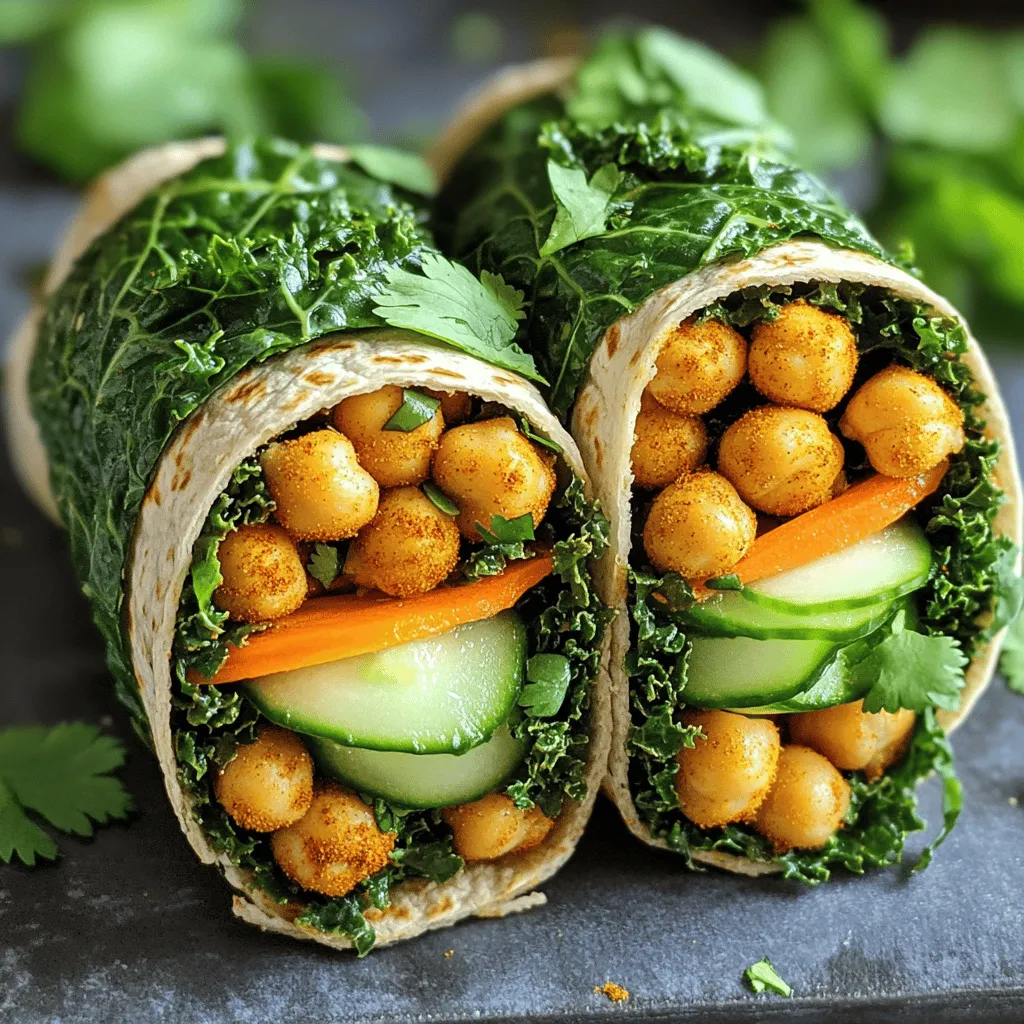 - 1 can (15 oz) chickpeas, drained and rinsed - 2 cups kale, stems removed and roughly chopped - 1 tablespoon olive oil - 1 teaspoon smoked paprika - 1 teaspoon garlic powder - 1/2 teaspoon cumin - 1/2 cup hummus (store-bought or homemade) - 1 medium carrot, grated - 1/2 cucumber, thinly sliced - Fresh cilantro or parsley for garnish Crispy Chickpea & Kale Wraps are a tasty meal you can whip up fast. You can enjoy them warm or cold. The main ingredients are simple but full of flavor. Chickpeas give protein and crunch, while kale adds nutrients. Olive oil makes everything rich and smooth. For spices, I use smoked paprika, garlic powder, and cumin. These spices give a warm, savory taste. You can adjust them to suit your needs. I love to add extra seasoning if I want more flavor. The optional fillings are fun to mix in. Hummus spreads easily on the wrap. Grated carrot adds a nice crunch, and cucumber gives a fresh bite. Fresh herbs like cilantro or parsley make the dish pop with color and taste. To see the full recipe, check out the [Full Recipe]. Enjoy making these wraps! 1. First, preheat your oven to 400°F (200°C). This step is key for crispy chickpeas. 2. In a mixing bowl, take the drained chickpeas. Add olive oil, smoked paprika, garlic powder, cumin, salt, and pepper. Toss until all the chickpeas are well coated. This mix adds great flavor. 1. Spread the chickpeas in a single layer on a baking sheet. Use parchment paper for easy cleanup. 2. Bake them for 20 to 25 minutes. Make sure to shake the pan halfway through. This helps them cook evenly and get nice and crispy. 1. While the chickpeas bake, grab another bowl and add the kale. Massage it with a pinch of salt for 1 to 2 minutes. This makes the kale soft and tasty. 2. Once the chickpeas are ready, let them cool a bit. 3. Now, take a wrap and spread a good amount of hummus on it. 4. Layer the massaged kale, crispy chickpeas, grated carrot, and sliced cucumber on top of the hummus. 5. Roll the wrap tightly. Tuck in the sides as you go to keep everything inside. 6. Slice each wrap in half. You can secure them with a toothpick if you like. 7. For a pop of color, garnish with fresh cilantro or parsley. Follow these steps for a fresh and flavorful meal. You can find the full recipe in the earlier section! To get crispy chickpeas, start with dry chickpeas. Drain and rinse them well. Pat them dry with a towel. This step is key to remove excess moisture. Next, coat them with olive oil and spices. Use smoked paprika, garlic powder, and cumin for taste. Spread them out on a baking sheet. Make sure they are in a single layer. Bake at 400°F for 20-25 minutes. Shake the pan halfway through to cook evenly. The chickpeas should look golden brown when done. Want to boost the flavor? Add extra spices like cayenne for heat or herbs like thyme. You can also mix in lemon zest for brightness. For the hummus, try adding roasted garlic or tahini. This will create a creamy and rich dip. You can even use different flavors of hummus, like roasted red pepper or beet. When serving, think about color and texture. Cut the wraps in half for a nice display. Arrange them on a platter with fresh herbs. You could also add a drizzle of olive oil or balsamic glaze. This adds a touch of elegance. Use small bowls for extra hummus and veggies. This makes it fun for guests to dip and enjoy. For a pop of color, sprinkle some paprika or sesame seeds on top. {{image_2}} You can switch up ingredients for more fun. Try different legumes like black beans or lentils. They both add a nice taste and texture. You can even use white beans for a creamier wrap. Each legume gives a unique flavor that keeps things fresh. For greens, kale is great, but you can use spinach or arugula. Both are tasty and add a new crunch. If you like something mild, use romaine lettuce. It adds a crisp bite without being too strong. If you need gluten-free wraps, many brands offer them now. Look for rice paper or corn tortillas. They taste great and hold the filling well. You won't miss the gluten at all! For a vegan option, swap hummus for a bean spread. You can use a white bean spread or avocado mash. Both give the wraps creaminess and flavor without dairy. You can change the wraps based on the season. In summer, add fresh tomatoes or bell peppers for crunch. They are juicy and refreshing. In fall, add roasted sweet potatoes or squash for warmth. Dressing can also add zest. Try a lemon-tahini dressing for a bright flavor. Or a spicy sriracha sauce if you like heat. Both choices enhance the wraps and make them more exciting. For the full recipe, check out the Crispy Chickpea & Kale Wraps 🥙 section. To keep your wraps fresh, store them in the fridge. Wrap each one tightly in plastic wrap or foil. Place them in an airtight container to avoid drying out. This helps maintain flavor and texture. Reheat crispy chickpeas in the oven for the best results. Set the oven to 350°F (175°C) and spread them on a baking sheet. Heat for about 10 minutes until they are crispy again. For the wraps, it's best to reheat in a skillet. Heat over medium for a few minutes on each side. This keeps them warm and soft without making them soggy. You can freeze the wraps for later. Wrap each one in plastic wrap, then place them in a freezer bag. This prevents freezer burn. To thaw, leave them in the fridge overnight. Reheat in the oven or skillet as mentioned before. This way, you won’t lose any flavor! For the best taste, enjoy them within three months. Yes, you can prepare these wraps ahead of time. For best results, store the chickpeas and kale separately. This keeps the wraps fresh and crispy. You can make the chickpeas and massaged kale a day in advance. Keep them in airtight containers in the fridge. Assemble the wraps just before eating. This way, the wraps stay crunchy and flavorful. If you need a substitute for chickpeas, you have options. You can use black beans or white beans. Lentils also work well. These alternatives provide similar protein and texture. Make sure to season them like chickpeas for the best flavor. These wraps last about 1 to 2 days in the fridge. To keep them fresh, wrap them tightly in plastic wrap or foil. If you notice any sogginess, enjoy them sooner rather than later. For the best taste, eat them within the first day. This blog post covered tasty and healthy Crispy Chickpea & Kale Wraps. We looked at main ingredients, spices, and optional fillings that boost flavor. I shared step-by-step instructions for easy prep and baking. You learned tips for perfect chickpeas and creative serving ideas. We explored variations with swaps and seasonal add-ins. Lastly, I provided storage and reheating suggestions for leftovers. Enjoying these wraps boosts your meals while keeping it fun and simple. Try these steps today!