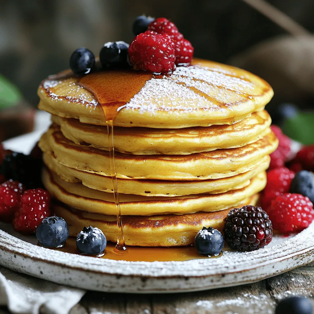 - 1 cup all-purpose flour - 1 cup buttermilk (or substitute) Fluffy pancakes need the right base. All-purpose flour gives them structure. Buttermilk adds moistness and a slight tang. If you lack buttermilk, mix one cup of milk with a tablespoon of vinegar. Let it sit for five minutes to sour. - 2 tablespoons sugar - 1 teaspoon baking powder - 1/2 teaspoon baking soda - 1/4 teaspoon salt Each dry ingredient plays a role. Sugar sweetens the mix. Baking powder and baking soda help the pancakes rise and become fluffy. Salt enhances the flavors. Mix these well to avoid clumps. - 1 large egg - 2 tablespoons melted butter (plus extra for cooking) - 1 teaspoon vanilla extract Eggs add richness and help bind the mixture. Melted butter gives flavor and a golden color. Vanilla extract adds a lovely aroma and sweetness. Combine these wet ingredients in a separate bowl until smooth. Use this Full Recipe to make your perfect fluffy pancake stack! To make fluffy pancakes, start with the dry mix. In a large bowl, combine the following: - 1 cup all-purpose flour - 2 tablespoons sugar - 1 teaspoon baking powder - 1/2 teaspoon baking soda - 1/4 teaspoon salt Whisk these ingredients well. This step is key. Properly mixing your dry ingredients ensures your pancakes rise nicely. If the leavening agents are mixed evenly, you will avoid any clumps. Clumps can lead to uneven cooking. Now, let’s focus on the wet ingredients. In another bowl, combine: - 1 cup buttermilk (or 1 cup milk + 1 tablespoon vinegar, let sit for 5 minutes) - 1 large egg - 2 tablespoons melted butter - 1 teaspoon vanilla extract Whisk these until smooth. This creates a rich flavor. Pour this mix into your dry ingredients. Be gentle when combining. Stir until just mixed. It’s okay if there are some lumps. Overmixing can lead to tough pancakes, and we want them soft. Heat a non-stick skillet over medium heat. Add a little butter to coat the surface. For each pancake, pour about 1/4 cup of batter onto the skillet. Cook until bubbles form on the surface, this takes about 2-3 minutes. Once you see bubbles, it’s time to flip! Carefully turn the pancake and cook for another 2-3 minutes until golden brown. Transfer cooked pancakes to a warm plate and cover them with a kitchen towel. This keeps them warm while you finish the rest. Stack them high and top with your favorite extras. You can use fresh berries, maple syrup, or whipped cream. Enjoy the fluffy goodness! For more details, check out the Full Recipe. To make your pancakes fluffy, let the batter rest. This allows the flour to absorb moisture. When you mix the batter, do not overmix it. Lumps are okay! Overmixing can make your pancakes tough. A gentle fold helps keep them airy and soft. The right skillet temperature is key. Heat your skillet on medium. A drop of water should sizzle when it hits the surface. Use a small amount of butter to coat the skillet. This adds flavor and helps prevent sticking. If the butter browns too fast, your heat is too high. Stacking your pancakes makes them look great. Place one pancake on a plate. Add another on top, and keep going. Drizzle warm maple syrup over the top. A sprinkle of powdered sugar adds a nice touch. Fresh berries around the stack add color and freshness. Enjoy the beautiful view before you dig in! {{image_2}} You can make your fluffy pancakes even more fun. Adding chocolate chips or fruit gives them a new taste. Try mixing in blueberries, strawberries, or bananas into the batter. Each bite will burst with sweet flavor. If you love chocolate, toss in some mini chocolate chips. They melt slightly and add richness. Toppings can change your pancake game. Whipped cream is a classic choice. It adds a light and fluffy texture. Fresh berries also work well. They bring a tartness that balances the sweetness of pancakes. You can drizzle maple syrup on top for extra flavor. Try combining these toppings for a delicious treat. If you need vegan or gluten-free options, you can still enjoy these pancakes. For vegan pancakes, replace the egg with a mashed banana or flaxseed meal mixed with water. Use almond milk or oat milk instead of buttermilk. For gluten-free pancakes, swap all-purpose flour for a gluten-free blend. These changes keep the pancakes tasty and fluffy. Want to make these variations your own? Check out the Full Recipe for more ideas! To keep your pancakes fresh, start by letting them cool. Place them in a single layer on a plate. If you have many pancakes, stack them with parchment paper between each one. Then, wrap the stack tightly in plastic wrap. You can also use an airtight container. For best results, store them in the fridge if you plan to eat them soon. If you want to save them for later, freezing is a great option. Place the wrapped pancakes in a freezer-safe bag. Remove as much air as you can before sealing. Store them in the freezer for up to two months. To keep your pancakes fluffy, the microwave is a quick option. Place a pancake on a microwave-safe plate. Cover it with a damp paper towel to avoid drying out. Heat for about 20-30 seconds. Check if it’s warm enough. Another method is using a skillet. Heat a non-stick skillet over low heat. Place the pancake in the skillet and cover it. Heat for about one minute, then flip it. This method keeps the pancake soft and fluffy. Stored pancakes last about 3 to 4 days in the fridge. If frozen, they can maintain quality for 2 months. After that, the taste may change. To enjoy them at their best, eat them within these time frames. Enjoy your Fluffy Pancake Stack anytime with these storage tips! Pancakes get their fluffiness from leavening agents like baking powder and baking soda. These agents create gas bubbles when they react with liquids and acids. As the pancakes cook, these bubbles expand, making the pancakes rise and become light. Using buttermilk adds extra acidity, which enhances this reaction. Yes, you can prepare the batter ahead of time! Store it in the fridge for up to 24 hours. Just remember to stir gently before using. If the batter thickens, add a little milk to loosen it. This way, you can enjoy fresh pancakes without much hassle on busy mornings. To prevent sticking, use a non-stick skillet or griddle. Heat it well before pouring the batter. Use a little melted butter to coat the surface. Avoid moving the pancakes too soon; wait until bubbles appear on the surface. This helps form a nice crust, making flipping easier. Fluffy pancakes begin with the right ingredients and careful cooking. We mixed flour, buttermilk, and key dry and wet items to create a perfect batter. Techniques like resting the batter and controlling heat lead to that ideal fluffiness. There are endless variations for flavor and dietary needs, plus simple ways to store leftovers. Remember, fluffy pancakes are all about balance and technique. Enjoy making and sharing them!