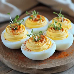- 6 large eggs - 4 tablespoons mayonnaise - 1 teaspoon Dijon mustard - 1 teaspoon apple cider vinegar - Salt and pepper to taste - 1 tablespoon fresh chives, finely chopped - 1 teaspoon paprika - 1 teaspoon sriracha (optional for heat) - Microgreens for garnish (optional) Each ingredient plays a key role in making deviled eggs tasty. The large eggs serve as the base. They provide protein and a creamy texture. Next, mayonnaise adds richness and smoothness. I prefer using a good quality brand for the best taste. The Dijon mustard brings a slight tang and a hint of spice. This flavor pairs well with the eggs. Apple cider vinegar gives a bit of acidity. This balance brightens the dish. Salt and pepper enhance all the flavors, making each bite delicious. For a touch of freshness, I use fresh chives. They add a nice green color and mild onion taste. Paprika is not just for color; it adds a warm, slightly smoky flavor. If you like a kick, sriracha is a great optional addition. It brings heat and a fun twist to the classic recipe. Feel free to get creative with your deviled eggs. You can add ingredients like crumbled bacon for a savory crunch. A bit of pickle relish can add sweetness and tang. For a touch of luxury, try some chopped truffle oil or smoked salmon. Each variation can change the whole vibe of your dish. Check out the Full Recipe for more ideas! Start with six large eggs. Place them in a pot and add cold water. Make sure the water covers the eggs completely. Turn the heat to medium and bring the water to a boil. Once it bubbles, cover the pot and take it off the heat. Let the eggs sit for twelve minutes. This step is crucial for perfect hard-boiled eggs. After twelve minutes, move the eggs to a bowl filled with ice water. This helps stop the cooking and cools them down quickly. Let them sit in the ice water for five to ten minutes. Now, gently tap the eggs and peel them. Slice each egg in half lengthwise. Remove the yolks and place them in a mixing bowl. For the filling, mash the yolks with a fork until they are crumbly. This ensures a smooth mix later. Add four tablespoons of mayonnaise, one teaspoon of Dijon mustard, and one teaspoon of apple cider vinegar to the yolks. Season with salt and pepper to taste. If you like heat, add one teaspoon of sriracha. Mix these ingredients together until they are creamy and well combined. This is where the magic happens. You can adjust the flavors to your liking. Now it's time to fill the egg whites. You can use a spoon or a piping bag for this. Pipe the yolk mixture into each egg white half. This adds a nice touch to your presentation. Sprinkle the filled eggs with paprika for color. For extra flair, garnish with finely chopped chives and microgreens if you like. Arrange them on a plate for a beautiful display. Enjoy these classic deviled eggs as a tasty appetizer! For the full recipe, check out the earlier section. To make great deviled eggs, start with hard-boiled eggs. Use fresh eggs for the best taste. Place the eggs in a pot and cover them with cold water. Bring the water to a boil over medium heat. Once it boils, cover the pot and take it off the heat. Let it sit for twelve minutes. This step cooks the eggs just right. After twelve minutes, cool the eggs in ice water for five to ten minutes. This helps with peeling. Gently tap the eggs to crack the shells. Roll them lightly to loosen the shell, then peel. For tasty deviled eggs, mix in flavorful ingredients. I love using mayonnaise for creaminess. Add Dijon mustard for a tangy kick. A little apple cider vinegar brightens the taste. Don’t forget salt and pepper! If you like heat, sriracha adds a fun twist. Mix the yolks until smooth for a perfect filling. Taste and adjust the seasonings to your liking. Each ingredient enhances the flavor, making your deviled eggs shine. Garnishing adds fun and flair to deviled eggs. After filling the egg whites, sprinkle paprika on top. It adds color and a hint of spice. Chopped chives give a fresh taste and a pop of green. For a fancy touch, use microgreens. They look beautiful and taste great. You can also add a slice of olive or a small piece of pickled jalapeño for extra flair. These simple garnishes make your deviled eggs stand out at any gathering. {{image_2}} Deviled eggs are fun to change up! Here are some great ideas to explore. Want some heat? Add sriracha to your filling. Start with the classic recipe. Mix in 1 teaspoon of sriracha when you blend the egg yolks. This will give your eggs a zesty kick. If you like it spicier, feel free to add more sriracha. The creamy mayo balances the spice well. You can make deviled eggs vegetarian with simple swaps. Instead of mayo, try Greek yogurt for a lighter taste. You can also add mashed avocado for creaminess. To make it more exciting, mix in fresh herbs like dill or basil. These flavors will bring a new twist to your dish. Deviled eggs have many global versions. In Mexico, people add avocado and lime for a fresh taste. In Germany, they mix in curry powder for a unique flavor. Try adding soy sauce and sesame oil for an Asian twist. Each version brings a new flavor that makes deviled eggs fun and diverse. Want to try these? Check out the Full Recipe for ideas! To keep your deviled eggs fresh, store them in a sealed container. Cover them tightly with plastic wrap or use an airtight container. This helps prevent them from drying out or absorbing other odors in the fridge. If you have leftovers, try to keep the filling separate from the egg whites until you're ready to eat. This keeps the whites firm and tasty. Classic deviled eggs can last for about three to four days in the fridge. After that, they may lose their taste and texture. Always check for any off smells or changes in appearance. If they look or smell funny, it's best to throw them away. Safety first! I do not recommend freezing deviled eggs. Freezing changes the texture of the eggs and the filling, making them less enjoyable. Refrigerating is the best option. Keep them in the fridge until you are ready to serve. This way, they stay fresh and delicious. For the full recipe, check out Classic Deviled Eggs with a Twist. The best method to boil eggs is simple. Start by placing the eggs in a pot. Cover them with cold water. Then, bring the pot to a boil over medium heat. Once it boils, cover the pot and remove it from the heat. Let the eggs sit for 12 minutes. This method gives you hard-boiled eggs without any green rings around the yolks. Afterward, cool them in ice water for easier peeling. Yes, you can make deviled eggs ahead of time. I often prepare them a day in advance. Simply follow the recipe and store the filled eggs in the fridge. Make sure to cover them well with plastic wrap. This keeps them fresh and tasty. Just add any garnishes right before serving for the best look. The secret to a creamy filling lies in the mixing technique. Start with high-quality mayonnaise. Use a fork to mash the yolks until crumbly before adding other ingredients. Then, mix the yolks with the mayonnaise, mustard, and vinegar. Blend until smooth and creamy. If you want an extra touch, try adding a little bit of sriracha. It adds a unique flavor and creaminess to your filling. For more details on this classic dish, check out the Full Recipe. Classic deviled eggs are simple to make and tasty. We covered key ingredients, from basics to fun tweaks. Steps to boil, mix, and serve help you create the perfect dish. Tips ensure your eggs cook well and look great. We also explored delicious variations and how to store leftovers. Deviled eggs can impress at any gathering. With practice, you will master this classic recipe. Enjoy trying new flavors and sharing them with others.