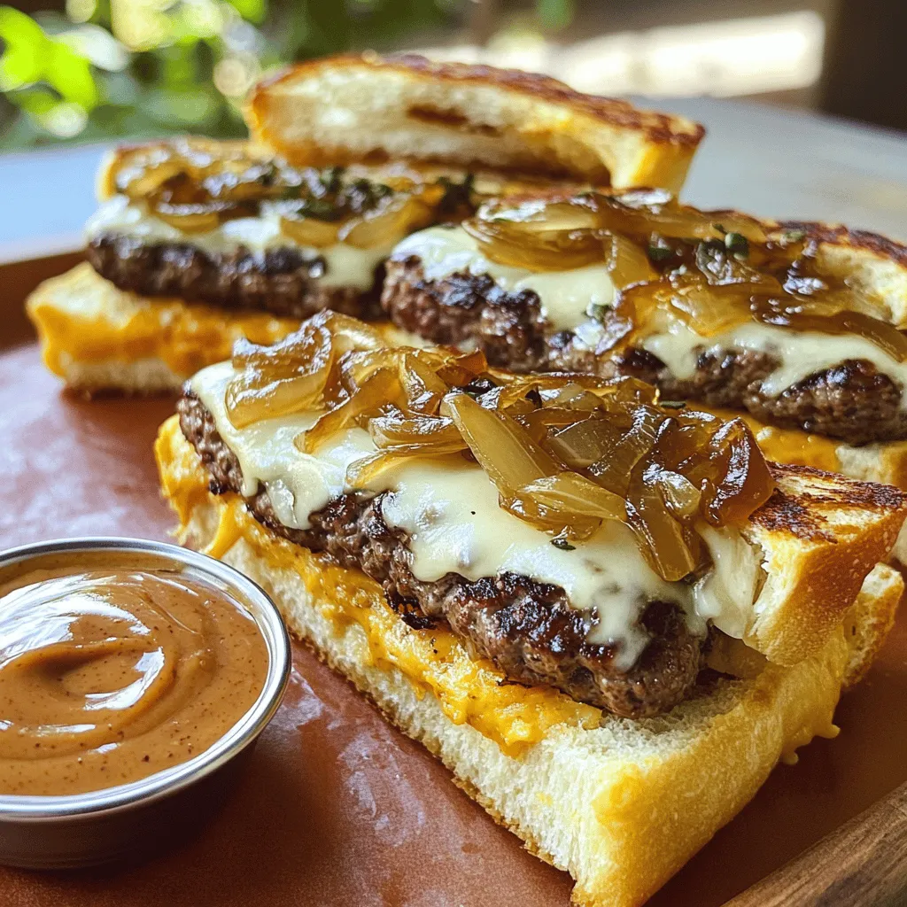 To make the perfect smashing patty melts, you'll need these main ingredients: - 1 pound ground beef (80/20 blend) - 1 teaspoon garlic powder - 1 teaspoon onion powder - Salt and pepper to taste - 4 slices of Swiss cheese - 8 slices of sourdough bread - 2 tablespoons butter (softened) - 1 medium onion, thinly sliced - 1 tablespoon olive oil These ingredients create a juicy, flavorful patty that pairs well with the other elements in this dish. The signature sauce adds a tasty twist to your melts. Use these ingredients to whip up this sauce: - ½ cup mayonnaise - 2 tablespoons ketchup - 1 tablespoon dijon mustard - 1 tablespoon pickles, finely chopped - 1 tablespoon fresh dill, chopped (or 1 teaspoon dried dill) This sauce brings a creamy and tangy flavor that enhances each bite. For a complete meal, consider these sides and condiments: - Crispy French fries - Fresh salad with vinaigrette - Pickle spears - Extra signature sauce for dipping These options will round out your meal, making it even more enjoyable. For the full recipe, check out the detailed instructions. To start, grab a small bowl. Mix together the mayonnaise, ketchup, dijon mustard, finely chopped pickles, and dill. This sauce gives the patty melts a zesty kick. It’s easy, quick, and adds a lot of flavor. Set it aside so the flavors can blend nicely. Next, heat a skillet over medium heat. Pour in the olive oil and let it warm up. Add the thinly sliced onions. Cook them slowly for about 10 to 15 minutes. Stir them often until they turn golden brown and sweet. This caramelized onion adds a rich taste to your melts. Once done, take them off the heat and set them aside. Now, let's make the beef patties. In a large bowl, combine the ground beef, garlic powder, onion powder, salt, and pepper. Mix it all well. Divide the mixture into four equal parts and shape them into patties. Press a small indentation in the center of each patty. This helps them cook evenly. Heat the same skillet on medium-high. Add the patties and cook for 3 to 4 minutes on one side, till brown. Flip them over and place a slice of Swiss cheese on each one. Cook for another 3 to 4 minutes. The cheese should melt nicely, and the burgers should be cooked to how you like them. In another skillet, melt 1 tablespoon of butter over medium heat. Place two slices of sourdough bread in the skillet to toast lightly. Once they are golden, spread about one tablespoon of the signature sauce on each slice. This adds flavor to each bite. Now, it’s time to assemble the patty melts. On one slice of toasted bread, add a patty with melted cheese and a heap of caramelized onions. Place another slice of bread on top, sauce side down. Repeat the process for the second melt. Add the remaining tablespoon of butter to the skillet. Cook the assembled sandwiches for 2 to 3 minutes on each side. You want them golden brown and crispy. After that, slice the melts in half and serve them with extra signature sauce on the side for dipping. This meal is fun and tasty! Follow the [Full Recipe] for all the steps and enjoy your cooking! To make juicy patties, use a good beef blend. I suggest an 80/20 mix of ground beef. This means 80% meat and 20% fat. The fat keeps the meat moist while cooking. Don't overwork the meat when forming patties. Just mix in salt, pepper, garlic powder, and onion powder. Form four equal patties and make a small dent in the middle. This helps them cook evenly. Caramelizing onions takes time, but it’s worth it. Start with a medium heat and add olive oil. Sauté the onions for about 10-15 minutes. Stir them often to avoid burning. You want them to turn a nice golden brown. This brings out their sweetness and adds depth to your melt. While Swiss cheese is classic, feel free to switch things up. Cheddar or provolone can also work well. For bread, sourdough is great, but rye or whole wheat can add a nice twist. Choose what you enjoy most. You can even use gluten-free bread if needed. Each choice adds a unique flavor to your patty melt. For the full recipe, refer to the main section. Enjoy crafting your perfect patty melt! {{image_2}} You can easily swap out the beef for plant-based patties. Brands like Beyond Meat or Impossible Burger work great. Just cook them as you would with beef. They will still get that nice, crispy outside. Add the same spices, and you will keep the flavor. A veggie melt is tasty and satisfying. While Swiss cheese is classic, you can try other cheeses too. Cheddar gives a sharp kick. Monterey Jack melts well and adds creaminess. For a bold flavor, use blue cheese. Mix and match different cheeses for a unique taste. Don’t be afraid to experiment with flavors you love. You can jazz up your melts with extra toppings. Sautéed mushrooms add a rich, earthy taste. Fresh spinach provides a nice crunch and color. Avocado slices bring creaminess and healthy fats. You can also use jalapeños for some heat. Think about your favorite flavors and get creative! To keep your smashing patty melts fresh, store them right. First, let the melts cool to room temperature. Wrap each melt tightly in plastic wrap or aluminum foil. Place them in an airtight container. If you freeze them, they last up to three months. For the best taste, eat them within one month. Reheating is easy! For the best results, use your oven. Preheat the oven to 350°F (175°C). Place the melts on a baking sheet. Cover with foil to keep them moist. Bake for about 10-15 minutes until heated through. You can also use a skillet. Heat it on medium-low, add a little butter, and toast both sides until warm. Fresh ingredients make the best melts. Keep your ground beef in the coldest part of the fridge. Use it within two days for the best taste. Store onions in a cool, dark place. For the cheese, wrap it tightly in plastic. Keep the signature sauce in the fridge. Use it within a week for the best flavor. For the full recipe, check the recipe section above. The best way to cook patties for a melt is to use high heat. Start by forming your beef into four equal patties. Make a small dent in the middle of each patty. This helps them cook evenly. Heat a skillet over medium-high heat and add the patties. Cook for about 3-4 minutes on one side until brown. Flip them over, then add a slice of Swiss cheese on top. Cook for another 3-4 minutes until the cheese melts. This method gives you juicy, flavorful patties. Yes, you can use different sauces for your Patty Melts. While my signature sauce is tasty, feel free to mix it up. You could try barbecue sauce for a smoky flavor. Sriracha can add some heat if you like spice. You could even use a creamy ranch for a tangy twist. The choice of sauce can change the whole taste of your melt. Don't be afraid to experiment with your favorites! To make the patties ahead of time, simply prepare them and store them in the fridge. Season your ground beef with garlic powder, onion powder, salt, and pepper. Form your patties and place them on a tray. Cover them with plastic wrap and chill for up to 24 hours. If you want to store them longer, freeze them. Wrap each patty in plastic wrap and place them in a freezer bag. Thaw them in the fridge before cooking. This method saves you time on busy days. For the full recipe, check it out! Patty melts bring comfort and flavor to any meal. I covered the key ingredients, step-by-step cooking, and tips for tasty patties. You can enjoy different variations and store leftovers easily. Remember, fresh ingredients and proper cooking make all the difference. Whether a classic melt or a veggie option, your taste buds will thank you. Experiment with sauces and sides for even more fun. Enjoy making your patty melts!