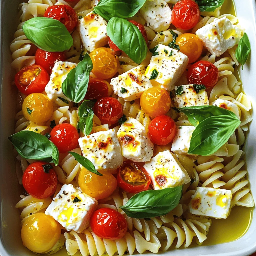 To make Baked Feta Pasta, you need these key items: - 200g pasta of your choice (fusilli or penne work great) - 200g block of feta cheese - 1 pint cherry tomatoes, halved - 3 cloves garlic, minced - ¼ cup olive oil - 1 teaspoon dried oregano - 1 teaspoon chili flakes (optional, for heat) - Salt and pepper to taste - Fresh basil leaves, for garnish - Zest and juice of 1 lemon You can add some optional items to boost flavor: - Spinach or arugula for a fresh touch - Sliced olives for a briny kick - Grated Parmesan cheese for extra creaminess - Fresh herbs like thyme or parsley for freshness If you have dietary needs, here are some easy swaps: - Use gluten-free pasta for a gluten-free dish - Swap feta with a plant-based cheese for a vegan option - Replace olive oil with avocado oil for a different taste - Use nutritional yeast instead of cheese for added flavor without dairy Feel free to mix and match these items to make the dish your own. Remember, cooking is about creativity! To whip up baked feta pasta, follow these steps. First, preheat your oven to 400°F (200°C). Grab a large baking dish and place the block of feta cheese in the center. Surround the feta with halved cherry tomatoes. Next, sprinkle minced garlic, dried oregano, chili flakes, salt, and pepper over the tomatoes and feta. Drizzle olive oil all over the dish, covering the feta well. Bake this in the oven for about 25 to 30 minutes. You will know it's ready when the tomatoes burst and the feta turns golden. While that bakes, cook your pasta according to the package instructions. Aim for al dente, then drain and set aside. Once the baking time is up, take the dish out of the oven. Use a fork to mash the feta and tomatoes together, making a creamy sauce. Finally, add the cooked pasta to the baking dish, along with lemon zest and juice. Toss everything until the pasta is well coated. Taste and adjust the seasoning if needed. Here are some tips for perfect baked feta pasta. Use high-quality feta cheese for the best flavor. Opt for firm, block feta rather than crumbled. This way, it holds its shape during baking. Don't skip the lemon zest and juice; it brightens the dish. If you like spice, feel free to add more chili flakes. Fresh basil adds a lovely touch, so be generous with the garnish. 1. Before Baking: The feta cheese sits in the center, surrounded by colorful cherry tomatoes and spices. 2. During Baking: The feta softens, and the tomatoes begin to burst, filling the dish with savory aromas. 3. After Baking: The creamy sauce forms as you mash together the feta and tomatoes, blending beautifully with the pasta. Following these steps and tips will help you create a simple and flavorful baked feta pasta dish that everyone will love. For the Full Recipe, check the earlier section. To get that perfect creamy texture, start by using high-quality feta cheese. The better the cheese, the creamier the sauce will be. When you mash the feta and tomatoes, make sure to mix them well. This helps blend the flavors. Adding lemon zest and juice also brightens the dish and adds creaminess. One common mistake is overcooking the pasta. Cook it until it's just al dente. This way, it won’t become mushy when you mix it with the sauce. Another mistake is not using enough olive oil. Olive oil adds richness and helps everything blend together. Lastly, don’t forget to taste and adjust the seasoning. This step is key for a balanced flavor. Baked feta pasta is great on its own, but you can add more to it. Try pairing it with a fresh salad. A simple arugula salad with lemon vinaigrette works well. For protein, grilled chicken or shrimp can be delicious additions. You can also serve it with crusty bread for dipping. Enjoying a glass of white wine, like a Sauvignon Blanc, makes for a lovely meal. For the complete recipe, check out the Full Recipe. {{image_2}} You can easily make this dish vegetarian. Just skip the chili flakes if you want no heat. For a vegan version, replace feta with a block of firm tofu. Add some lemon juice and nutritional yeast to mimic the feta flavor. This keeps it creamy and delicious while staying plant-based. For gluten-free pasta, choose options made from rice or chickpeas. They provide great texture. Cook it just like regular pasta, then mix it with the feta sauce. The dish will taste fantastic and be safe for those with gluten sensitivities. Boost the protein by adding cooked chicken, shrimp, or chickpeas. Mix them in after baking the feta and tomatoes. You can also toss in veggies like spinach or zucchini. Just chop them up and add them to the baking dish. This adds color and nutrients to your meal. For the full recipe, check out the details above. To store leftovers, first let them cool down. Then, place the pasta in an airtight container. This keeps the flavors fresh and prevents drying. You can keep it in the fridge for up to three days. Make sure to label the container with the date. This helps you remember when you made it. When you want to eat your leftovers, heat them up gently. You can use the microwave or a skillet. If using a microwave, heat on low power for a few minutes. Stir halfway through to warm it evenly. If using a skillet, add a splash of olive oil or water. This helps keep it moist as you warm it up. You can freeze this dish if you want to save it for later. Use a freezer-safe container and leave some space at the top. The food will expand when it freezes. It can last for about two months in the freezer. To enjoy later, thaw it in the fridge overnight before reheating. I recommend using pasta shapes like fusilli or penne. They hold sauce well. Other options include farfalle or rotini. Choose what you love. The key is to cook it until al dente. This ensures it stays firm when mixed with the sauce. You can add your favorite veggies, like spinach or bell peppers. You can also switch the feta. Try goat cheese or a vegan option. For a spicy kick, add more chili flakes. If you want a herb boost, mix in fresh parsley or thyme. The fun part is making it your own! Yes, you can prepare it in advance. Cook the pasta and bake the feta and tomatoes. Mix them before serving. Store it in the fridge for up to two days. Just reheat it gently before serving. I always recommend adding fresh basil right before eating for the best flavor. You can check the Full Recipe for Baked Feta Pasta in the article above. It has all the details you need to make this dish perfectly. In this blog post, we covered the key ingredients and helpful tips for Baked Feta Pasta. You learned about required and optional ingredients, easy cooking steps, and fun variations. We also shared how to store and reheat leftovers safely. Remember, cooking is fun and creative. Don't be afraid to make this dish your own! Experiment with flavors and ingredients to find what you love. Enjoy your meal!