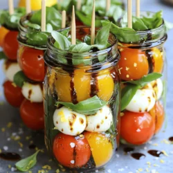 To make Caprese Salad Skewers, gather these fresh ingredients: - 1 pint cherry tomatoes, halved - 8 oz fresh mozzarella balls (bocconcini), drained - Fresh basil leaves - 2 tablespoons balsamic glaze - 1 tablespoon olive oil - Salt and freshly ground pepper to taste - 1 teaspoon lemon zest - Bamboo skewers or toothpicks Choose the best ingredients for your skewers. Look for cherry tomatoes that are bright and firm. They should feel heavy for their size. Fresh mozzarella should be soft and springy, not rubbery. Select basil leaves that are vibrant green and fragrant. This adds flavor to your skewers. When picking balsamic glaze, find one that is thick and sweet. A good olive oil has a fruity flavor. Check the label for freshness. If you have dietary needs, you can make easy swaps. Use vegan mozzarella for a plant-based option. If you're gluten-free, check your balsamic glaze. Some brands add gluten. For a lighter dish, skip the oil and use lemon juice instead. You can also add sliced cucumbers for extra crunch without calories. These swaps make the skewers fit for everyone! For the full recipe, visit the Caprese Salad Skewers with a Twist section. Start by washing your basil leaves. Make sure they are clean and dry. Use a paper towel to gently pat them. Next, grab your cherry tomatoes. Slice each one in half, making sure not to squish them. This helps the flavors mix better once skewered. Fresh ingredients make a big difference in taste. Now, take your bamboo skewers or toothpicks. Begin by threading a half cherry tomato onto the skewer. Follow this with a basil leaf, then add a mozzarella ball. This order gives a lovely look and taste. Keep repeating this until your skewer is full. Leave a little space at the end for easy handling. This fun assembly is great for kids to join in, too! Grab a small bowl for your dressing. Mix together the olive oil, balsamic glaze, salt, pepper, and lemon zest. Stir well to blend the flavors. This dressing adds a delightful kick to your skewers. Once your skewers are ready, drizzle the dressing over them. The taste will be fresh and vibrant, perfect for any gathering. For a pretty touch, stand the skewers in a mason jar or vase. This also makes serving easy and fun! For the complete process, check the Full Recipe. To make great Caprese salad skewers, use fresh ingredients. Choose ripe cherry tomatoes that are firm. Pick mozzarella balls that are soft and creamy. Fresh basil leaves should be bright green and aromatic. Keep your ingredients cold until you start assembling the skewers. This helps them stay fresh and tasty. Presentation matters! Arrange your skewers in a tall vase or jar. This adds height and makes them stand out. You can also lay them on a wooden board. Drizzle some balsamic glaze over the top for a glossy look. Adding a few whole basil leaves around the skewers makes it pop. You can prep these skewers in advance. Assemble them and keep them in the fridge. Just wait to drizzle the dressing until right before serving. This keeps everything fresh and crunchy. If you want to save time, you can cut the tomatoes and mozzarella a day ahead. Just keep them covered in the fridge. For the full recipe, check out the complete guide. {{image_2}} You can customize your Caprese salad skewers with tasty add-ons. Avocado adds creaminess. Cut ripe avocado into small cubes. Slide them onto your skewer between the tomato and mozzarella. Prosciutto gives a salty touch. Wrap a small piece around the mozzarella. Both options boost flavor and texture. Balsamic glaze is great, but you can change it up. Try a pesto dressing for a fresh taste. Blend basil, garlic, and nuts with olive oil. You can also use a lemon vinaigrette. Mix lemon juice, olive oil, salt, and pepper. These dressings brighten your skewers and add zest. Seasonal ingredients can make your skewers exciting. In summer, use heirloom tomatoes for richer flavors. In fall, add roasted butternut squash cubes for warmth. Winter can bring in sun-dried tomatoes for a chewy twist. Each season offers new tastes to explore in your Caprese salad skewers. For the complete recipe, check out the Full Recipe section. To store leftover Caprese salad skewers, place them in an airtight container. Make sure to cover the skewers tightly. Store the container in the fridge. Use the leftovers within two days for the best taste. Keep your cherry tomatoes and mozzarella balls fresh. Store cherry tomatoes at room temperature. They taste better that way. Place mozzarella in a bowl of cold water. Change the water daily to keep it fresh. If you have leftover basil, wrap it in a damp paper towel. Then, place it in a plastic bag in the fridge. You don't need to reheat Caprese salad skewers. They taste great cold. If you prefer them warm, gently heat them in a pan for a few minutes. Be careful not to overheat, or the cheese will melt too much. For the best flavor, stick to enjoying them fresh. For the full recipe, check the details above. You can make Caprese Salad Skewers ahead of time. Simply assemble the skewers and place them in the fridge. Cover them with plastic wrap to keep them fresh. I suggest making them no more than a few hours in advance. The basil can wilt if left too long. You can also prepare the dressing in advance. Just mix the olive oil, balsamic glaze, salt, pepper, and lemon zest, and store it separately. Drizzle it on the skewers right before serving for the best taste. Yes, you can use different cheeses for your Caprese Salad Skewers. While fresh mozzarella is classic, you can try burrata for a creamy twist. Feta cheese adds a tangy flavor, while goat cheese offers a rich taste. Choose a cheese that you enjoy. It can change the flavor and style of your skewers. Feel free to mix and match for a fun experience. Serve Caprese Salad Skewers on a large platter or in a mason jar. This makes them easy to grab. You can also drizzle the dressing over them before serving. If you're having a party, consider adding small plates for guests. For a fun touch, label the skewers with unique toppings. This way, everyone can choose their favorites. For the full recipe, check out the details above. We explored how to make delicious Caprese Salad Skewers. We covered the best ingredients, preparation steps, and clever tips. You learned about cool variations and how to store your skewers properly. These skewers are fun to make and eat! They suit any occasion. Remember to adjust your ingredients to fit your needs. Enjoy experimenting with flavors and sharing with friends!
