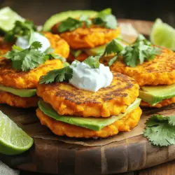 To make these tasty sliders, you need just a few key items: - 2 medium sweet potatoes, peeled and grated - 1/2 cup chickpea flour (besan) - 1/4 cup finely chopped green onions - 1/4 cup fresh cilantro, chopped - 1 teaspoon garlic powder - 1 teaspoon cumin - 1/2 teaspoon smoked paprika - Salt and pepper, to taste - 1 tablespoon olive oil (for frying) - 4 mini slider buns - 1/2 avocado, sliced - 1/4 cup Greek yogurt or vegan alternative for topping These ingredients work together to create a sweet and savory flavor. The sweet potatoes give a nice texture and sweetness. The chickpea flour binds everything and adds protein. You can enhance your sliders with some optional ingredients: - A squeeze of fresh lime juice for brightness - Sliced jalapeños for heat - Shredded lettuce or spinach for crunch These extras can make your sliders even more delicious and fun. Try them out based on your taste! If you can't find something, here are some substitutes: - Use regular flour instead of chickpea flour if needed. - Green onions can be swapped for chopped shallots or regular onions. - Fresh cilantro can be replaced with parsley or basil for a different taste. Feel free to adjust this recipe to fit what you have on hand. Cooking should be fun and flexible! For the full recipe, check the details above. To start, grab your two medium sweet potatoes. Peel them and then grate them into a bowl. This will give your fritters a nice texture. Next, add 1/2 cup of chickpea flour to the bowl. This flour helps bind the mixture while adding protein. Then, chop 1/4 cup of green onions and 1/4 cup of fresh cilantro. Mix these into the bowl. Now, sprinkle in 1 teaspoon of garlic powder, 1 teaspoon of cumin, and 1/2 teaspoon of smoked paprika. Season with salt and pepper to taste. Stir everything well. The mixture should be thick enough to hold together. Heat a non-stick skillet over medium heat. Add 1 tablespoon of olive oil for frying. Once the oil is hot, scoop about 2 tablespoons of your sweet potato mixture. Form it into a small patty and place it in the skillet. Repeat this step with the rest of the mixture, but don’t overcrowd the pan. Cook the fritters for 3-4 minutes on each side. You want them golden and crispy. Once done, remove them from the skillet and let them rest on a paper towel to soak up extra oil. While your fritters cook, slice your mini slider buns in half. If you like, toast them lightly on another skillet or in the oven. Now, it’s time to build your sliders. Place one fritter on the bottom half of each bun. Add a slice of avocado on top of the fritter. Then, add a dollop of Greek yogurt or its vegan alternative. Finally, place the top half of the bun on each slider. Repeat this until all sliders are ready. For a fun touch, serve them on a wooden platter with fresh cilantro and lime wedges. For the full recipe, check out the Crispy Sweet Potato Fritter Sliders. To get the right crispiness, follow these steps. First, make sure you squeeze out excess moisture from the grated sweet potatoes. This helps the fritters fry up nice and crispy. Next, use chickpea flour. It binds the ingredients well and adds a lovely texture. Lastly, don’t overcrowd the pan. Give each fritter space to fry evenly. I love using a non-stick skillet for frying these fritters. It helps prevent sticking and makes flipping easy. Heat the skillet over medium heat, then add olive oil. You want the oil hot but not smoking. Fry the fritters for about 3 to 4 minutes on each side. You’ll know they’re ready when they turn golden brown. Serve these sliders warm for the best taste. Slice some ripe avocado and add it on top of the fritters. A dollop of Greek yogurt adds creaminess and a nice tang. For a pop of color and flavor, garnish with fresh cilantro and lime wedges. This makes your dish look stunning and appetizing. Check out the Full Recipe for more details on making these delightful sliders! {{image_2}} You can easily make these sliders vegan and gluten-free. To do this, swap the Greek yogurt for a vegan yogurt option. This keeps the dish creamy while staying plant-based. Chickpea flour is naturally gluten-free, so you’re already on the right path. Just be sure to check all labels when buying your ingredients. Feel free to get creative with flavors! You can add spices like cayenne for heat or herbs like dill for freshness. Try mixing in grated carrots or zucchini for extra veggies. You can even add some black beans for protein and texture. Mixing in some cheese can also add a nice flavor boost, but make sure it fits your diet. If you want a fun twist, serve the fritters as a main dish. You can stack them high with toppings, like fresh salsa or a spicy aioli. Another idea is to turn them into a salad. Place the fritters on a bed of greens and drizzle with a tangy dressing. This adds a fresh crunch and makes for a colorful meal. Explore the Full Recipe to see how these variations fit into your cooking. To keep your crispy sweet potato fritter sliders fresh, store them in an airtight container. Place parchment paper between layers to prevent sticking. Keep the container in the fridge for up to three days. This method helps maintain their taste and texture. When you're ready to enjoy leftovers, reheat the fritters in a skillet. Heat them on medium for about 3-4 minutes on each side. This keeps them crispy. You can also use an oven set to 350°F (175°C) for about 10 minutes. Avoid using a microwave, as it can make them soggy. You can freeze the fritter sliders, but it's best to freeze them without the buns. Once cooled, place the fritters in a single layer on a baking sheet. Freeze them for about 1-2 hours, then transfer them to a freezer bag. They can last up to three months. When you're ready to eat, thaw them in the fridge and reheat as mentioned above. For the full recipe, refer to the earlier sections. To make crispy sweet potato fritters, use these steps: - Grate two medium sweet potatoes and place them in a bowl. - Add half a cup of chickpea flour, green onions, and chopped cilantro. - Mix in garlic powder, cumin, smoked paprika, salt, and pepper. - Heat olive oil in a skillet over medium heat. - Form small patties from the mixture and place them in the skillet. - Cook for three to four minutes on each side until golden. This method gives you a nice crunch on the outside and a soft center. Sweet potato fritter sliders pair well with many sides. Here are some great options: - A fresh garden salad adds a crisp, healthy touch. - Roasted vegetables bring out more flavors and textures. - Sweet potato fries are a fun, tasty match. - A side of coleslaw offers a nice crunch and tang. These sides enhance your meal and create a balanced plate. Yes, you can prepare the sweet potato mixture ahead of time. - Mix the ingredients and store them in an airtight container in the fridge. - Use the mixture within two days for best results. This saves time when you are ready to cook. Just scoop, shape, and fry! For the full recipe, check out the complete instructions above. In this post, we explored how to make crispy sweet potato fritter sliders. We detailed key ingredients and offered fun variations. You learned step-by-step instructions, plus tips for perfect crispiness. I shared handy storage info and answered common questions. These sliders are not only tasty but also flexible. You can easily change flavors and serve them in different ways. I hope you enjoy making and sharing these delicious treats!