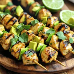 To make these tasty skewers, you need just a few key ingredients. Here’s what you will need: - 2 boneless, skinless chicken breasts, cubed - 1 ripe avocado, diced - 2 tablespoons olive oil - 1 tablespoon lime juice - 1 teaspoon lime zest - 2 garlic cloves, minced - 1 teaspoon cumin - 1 teaspoon smoked paprika - Salt and pepper to taste - Wooden or metal skewers (if using wooden skewers, soak them in water for 30 minutes) - Fresh cilantro, for garnish The magic of these skewers lies in the marinade. It gives the chicken and avocado a burst of flavor. The lime juice adds brightness while the lime zest enhances the citrus notes. Garlic adds depth, and cumin and smoked paprika bring warmth. These spices work together to create a zesty and savory blend that you will love. Garnishing your skewers can make them look even better. Fresh cilantro adds color and a fresh taste. You can also serve lime wedges on the side. They not only look great but add a nice squeeze of zest when you bite into the skewers. If you want, add a yogurt or sour cream dip for a creamy touch. This adds even more flavor and fun! For the full recipe, check out the detailed instructions. To start, gather your ingredients. In a large bowl, mix olive oil, lime juice, lime zest, minced garlic, cumin, smoked paprika, salt, and pepper. Whisk them well to form a tasty marinade. Next, add the cubed chicken breasts to the bowl. Toss them gently until they are fully coated in the marinade. Cover the bowl and place it in the refrigerator. Let it marinate for at least 30 minutes. If you have time, marinate for up to 2 hours. This step helps the chicken soak up all the great flavors. Once the chicken is marinated, it’s time to assemble the skewers. First, preheat your grill or grill pan to medium-high heat. If you are using wooden skewers, make sure to soak them in water for 30 minutes to prevent burning. Start threading the marinated chicken onto the skewers. Alternate each piece of chicken with diced avocado. Aim for 3-4 pieces of chicken and 2-3 pieces of avocado per skewer. This mix adds a creamy texture to the dish. Now that your skewers are ready, place them on the hot grill. Cook the skewers for about 10-12 minutes. Turn them occasionally to get nice grill marks. The chicken should be fully cooked, and the avocado should be slightly charred but still creamy. Once cooked, remove the skewers from the grill and let them rest for about 2 minutes. This lets the juices settle. Before serving, garnish with freshly chopped cilantro for a burst of flavor. For more details, check the Full Recipe. The marinade makes these skewers pop with flavor. Start with good quality olive oil. Use fresh lime juice and zest for a bright taste. Don't skip the garlic; it adds a nice kick. Mix the marinade well, then add the cubed chicken. Let it sit in the fridge for at least 30 minutes. If you can, marinate for two hours. This wait time allows the flavors to soak in. Overcooked chicken can ruin your skewers. To avoid this, choose even-sized chicken pieces. This ensures they cook evenly. Use a meat thermometer to check the chicken. It should reach 165°F (75°C) for safe eating. Keep an eye on your grill, too. If the heat is too high, it may cook the outside too fast. Grill your skewers over medium-high heat. This level will give you nice, charred marks without drying out the chicken. Cook for about 10-12 minutes, turning them halfway through. The chicken should be golden brown, and the avocado should have a slight char. If you want to try a different method, you can bake them in the oven at 400°F (200°C) for the same time. For the complete experience, check the Full Recipe to get all the details you need! {{image_2}} You can switch out chicken for shrimp or tofu. Shrimp adds a nice seafood twist. Just be careful not to overcook it. Cook shrimp for about 5-7 minutes, until they turn pink. For tofu, use firm or extra-firm types. Cut it into cubes and marinate it the same way as chicken. Tofu soaks up flavors well, making it tasty. If you want a vegetarian dish, skip the meat and focus on veggies. Use bell peppers, zucchini, or mushrooms. They grill well and add great taste. You can still include avocado for creaminess. Just thread the veggies and avocado on skewers. They will be colorful and fun to eat. You can change the marinade for new tastes. Try adding soy sauce or ginger for an Asian twist. You could also use a barbecue sauce for a sweet and smoky flavor. Experiment with herbs like basil or oregano for a fresh taste. Marinades are flexible, so feel free to get creative! For more details on the base recipe, check the Full Recipe. After you make the skewers, let them cool down. Place any leftovers in an airtight container. You can keep them in the fridge for up to three days. Make sure to seal the container tight to keep the flavors fresh. If you want to keep the avocado from browning, sprinkle a bit of lime juice on it before storing. To reheat the skewers, preheat your grill or stovetop pan. Cook them on medium heat for about 5 minutes. Turn them often to heat evenly. You can also use a microwave if you’re in a hurry. Place them on a microwave-safe plate and cover with a damp paper towel. Heat for 1-2 minutes, checking often to avoid overcooking. Freezing is a great option for meal prep. First, let the skewers cool completely. Wrap each skewer in plastic wrap or aluminum foil. Then, place them in a freezer-safe bag. They can last up to three months in the freezer. When you’re ready to eat, thaw them in the fridge overnight. Then, reheat them as mentioned above. For best results, avoid freezing the avocado if possible, as it can change texture. Check out the Full Recipe for more tips on making and storing these skewers! Yes, you can prepare the skewers in advance. Marinate the chicken and assemble the skewers. Then, cover and store them in the fridge. This way, they are ready to grill when you need them. Just remember to cook them within 24 hours for best flavor and safety. To keep your avocado fresh, use lime juice. Squeeze some over the diced avocado. This helps slow down browning. If you have leftovers, store them in an airtight container to keep them fresh longer. Using plastic wrap can also work to limit air exposure. These skewers go well with many dips. Try a simple yogurt dip or sour cream for creaminess. A zesty cilantro lime dip adds a nice touch too. For a spicy kick, serve with a chipotle sauce. Each dip enhances the flavors and makes it even more enjoyable. Zesty avocado chicken skewers are tasty and easy to make. We covered the key ingredients, flavors, and garnishes that make them shine. I shared step-by-step instructions, tips for perfect grilling, and storage advice. You can even try different proteins or marinades for variety. Remember, cooking should be fun and flexible. Use these tips to impress family or friends with your skewers. Try new ideas, and enjoy delicious meals your way!