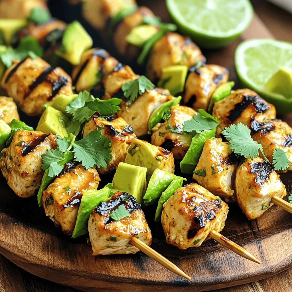 To make these tasty skewers, you need just a few key ingredients. Here’s what you will need: - 2 boneless, skinless chicken breasts, cubed - 1 ripe avocado, diced - 2 tablespoons olive oil - 1 tablespoon lime juice - 1 teaspoon lime zest - 2 garlic cloves, minced - 1 teaspoon cumin - 1 teaspoon smoked paprika - Salt and pepper to taste - Wooden or metal skewers (if using wooden skewers, soak them in water for 30 minutes) - Fresh cilantro, for garnish The magic of these skewers lies in the marinade. It gives the chicken and avocado a burst of flavor. The lime juice adds brightness while the lime zest enhances the citrus notes. Garlic adds depth, and cumin and smoked paprika bring warmth. These spices work together to create a zesty and savory blend that you will love. Garnishing your skewers can make them look even better. Fresh cilantro adds color and a fresh taste. You can also serve lime wedges on the side. They not only look great but add a nice squeeze of zest when you bite into the skewers. If you want, add a yogurt or sour cream dip for a creamy touch. This adds even more flavor and fun! For the full recipe, check out the detailed instructions. To start, gather your ingredients. In a large bowl, mix olive oil, lime juice, lime zest, minced garlic, cumin, smoked paprika, salt, and pepper. Whisk them well to form a tasty marinade. Next, add the cubed chicken breasts to the bowl. Toss them gently until they are fully coated in the marinade. Cover the bowl and place it in the refrigerator. Let it marinate for at least 30 minutes. If you have time, marinate for up to 2 hours. This step helps the chicken soak up all the great flavors. Once the chicken is marinated, it’s time to assemble the skewers. First, preheat your grill or grill pan to medium-high heat. If you are using wooden skewers, make sure to soak them in water for 30 minutes to prevent burning. Start threading the marinated chicken onto the skewers. Alternate each piece of chicken with diced avocado. Aim for 3-4 pieces of chicken and 2-3 pieces of avocado per skewer. This mix adds a creamy texture to the dish. Now that your skewers are ready, place them on the hot grill. Cook the skewers for about 10-12 minutes. Turn them occasionally to get nice grill marks. The chicken should be fully cooked, and the avocado should be slightly charred but still creamy. Once cooked, remove the skewers from the grill and let them rest for about 2 minutes. This lets the juices settle. Before serving, garnish with freshly chopped cilantro for a burst of flavor. For more details, check the Full Recipe. The marinade makes these skewers pop with flavor. Start with good quality olive oil. Use fresh lime juice and zest for a bright taste. Don't skip the garlic; it adds a nice kick. Mix the marinade well, then add the cubed chicken. Let it sit in the fridge for at least 30 minutes. If you can, marinate for two hours. This wait time allows the flavors to soak in. Overcooked chicken can ruin your skewers. To avoid this, choose even-sized chicken pieces. This ensures they cook evenly. Use a meat thermometer to check the chicken. It should reach 165°F (75°C) for safe eating. Keep an eye on your grill, too. If the heat is too high, it may cook the outside too fast. Grill your skewers over medium-high heat. This level will give you nice, charred marks without drying out the chicken. Cook for about 10-12 minutes, turning them halfway through. The chicken should be golden brown, and the avocado should have a slight char. If you want to try a different method, you can bake them in the oven at 400°F (200°C) for the same time. For the complete experience, check the Full Recipe to get all the details you need! {{image_2}} You can switch out chicken for shrimp or tofu. Shrimp adds a nice seafood twist. Just be careful not to overcook it. Cook shrimp for about 5-7 minutes, until they turn pink. For tofu, use firm or extra-firm types. Cut it into cubes and marinate it the same way as chicken. Tofu soaks up flavors well, making it tasty. If you want a vegetarian dish, skip the meat and focus on veggies. Use bell peppers, zucchini, or mushrooms. They grill well and add great taste. You can still include avocado for creaminess. Just thread the veggies and avocado on skewers. They will be colorful and fun to eat. You can change the marinade for new tastes. Try adding soy sauce or ginger for an Asian twist. You could also use a barbecue sauce for a sweet and smoky flavor. Experiment with herbs like basil or oregano for a fresh taste. Marinades are flexible, so feel free to get creative! For more details on the base recipe, check the Full Recipe. After you make the skewers, let them cool down. Place any leftovers in an airtight container. You can keep them in the fridge for up to three days. Make sure to seal the container tight to keep the flavors fresh. If you want to keep the avocado from browning, sprinkle a bit of lime juice on it before storing. To reheat the skewers, preheat your grill or stovetop pan. Cook them on medium heat for about 5 minutes. Turn them often to heat evenly. You can also use a microwave if you’re in a hurry. Place them on a microwave-safe plate and cover with a damp paper towel. Heat for 1-2 minutes, checking often to avoid overcooking. Freezing is a great option for meal prep. First, let the skewers cool completely. Wrap each skewer in plastic wrap or aluminum foil. Then, place them in a freezer-safe bag. They can last up to three months in the freezer. When you’re ready to eat, thaw them in the fridge overnight. Then, reheat them as mentioned above. For best results, avoid freezing the avocado if possible, as it can change texture. Check out the Full Recipe for more tips on making and storing these skewers! Yes, you can prepare the skewers in advance. Marinate the chicken and assemble the skewers. Then, cover and store them in the fridge. This way, they are ready to grill when you need them. Just remember to cook them within 24 hours for best flavor and safety. To keep your avocado fresh, use lime juice. Squeeze some over the diced avocado. This helps slow down browning. If you have leftovers, store them in an airtight container to keep them fresh longer. Using plastic wrap can also work to limit air exposure. These skewers go well with many dips. Try a simple yogurt dip or sour cream for creaminess. A zesty cilantro lime dip adds a nice touch too. For a spicy kick, serve with a chipotle sauce. Each dip enhances the flavors and makes it even more enjoyable. Zesty avocado chicken skewers are tasty and easy to make. We covered the key ingredients, flavors, and garnishes that make them shine. I shared step-by-step instructions, tips for perfect grilling, and storage advice. You can even try different proteins or marinades for variety. Remember, cooking should be fun and flexible. Use these tips to impress family or friends with your skewers. Try new ideas, and enjoy delicious meals your way!