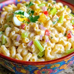 To make the best classic macaroni salad, you need some key ingredients. Here’s what you’ll need: - 2 cups elbow macaroni - 1 cup mayonnaise - 1 tablespoon Dijon mustard - 1 tablespoon apple cider vinegar - 1 cup celery, diced - 1/2 cup red bell pepper, diced - 1/2 cup red onion, finely chopped - 1/2 cup sweet pickle relish - 2 boiled eggs, chopped - Salt and pepper to taste - Fresh parsley, chopped for garnish These ingredients create a creamy and crunchy mix that everyone loves. The elbow macaroni gives a nice base. The mayonnaise adds creaminess and richness. The mustard and vinegar give it a little zing. If you want to take your salad to the next level, try adding some optional ingredients. Here are a few ideas: - 1/2 cup green onions, sliced - 1/2 cup carrots, shredded - 1/2 cup peas - 1/4 cup black olives, sliced - 1 teaspoon garlic powder or onion powder for extra flavor These optional ingredients add new tastes and textures. They can make your salad more colorful and fun to eat. Feel free to mix and match based on what you like! Want to make a lighter version? Here are some healthier swaps: - Use Greek yogurt instead of mayonnaise for less fat. - Choose whole wheat or gluten-free pasta for a different texture. - Add more veggies like spinach or kale for added nutrients. These swaps keep the taste great while making the dish a bit healthier. You can enjoy your classic macaroni salad without much guilt. For the full recipe, check out the detailed instructions and tips! To start, you need to cook the elbow macaroni. Bring a large pot of salted water to a boil. Once boiling, add 2 cups of elbow macaroni. Cook it according to the package instructions until it's al dente. This means it should still have a little bite to it. After cooking, drain the macaroni in a colander. Rinse it under cold water to stop the cooking. This step helps keep the macaroni firm and prevents it from sticking together. Next, let's make the dressing. In a large mixing bowl, add 1 cup of mayonnaise. Then, mix in 1 tablespoon of Dijon mustard and 1 tablespoon of apple cider vinegar. Use a whisk or a spoon to combine these ingredients until smooth. This creamy dressing gives the salad its rich flavor. It's simple, but it packs a punch! Now it's time to bring everything together. Add the diced celery, red bell pepper, red onion, sweet pickle relish, and chopped boiled eggs to the bowl with the dressing. Stir these ingredients together gently. Now, fold in the cooled macaroni. Make sure every piece of macaroni is covered in that creamy dressing. Season with salt and pepper to taste. You can adjust the seasoning according to your preference. Cover the bowl and refrigerate for at least 30 minutes. This helps the flavors blend nicely. When ready to serve, give it a gentle stir and garnish with chopped fresh parsley. Enjoy your delicious macaroni salad! For the detailed steps, check the Full Recipe. You can make macaroni salad a day early. This allows the flavors to blend well. Just follow the recipe steps. After mixing, cover it tightly and store it in the fridge. This helps the salad taste even better. Taste your salad before serving. If it needs more zing, add more apple cider vinegar or Dijon mustard. You can also add more salt or pepper. These small changes can make a big difference. Don’t be afraid to adjust to your liking. Use a colorful bowl for serving. This makes the salad look more inviting. You can garnish it with fresh parsley or sliced boiled eggs. Adding some cherry tomatoes can also brighten the dish. Serve it as a side or a main dish at picnics or barbecues. Everyone will love it! For the full recipe, check out the detailed steps above. {{image_2}} To make a vegan version, swap out the mayonnaise. Use a plant-based mayo or blend silken tofu with lemon juice. This keeps the creaminess while being dairy-free. You can also add mashed avocado for richness. Adding protein boosts the salad's heartiness. You can mix in diced cooked chicken or canned tuna for a filling meal. For a vegetarian option, try chickpeas or diced tofu. Each protein adds its own flavor and texture. Get creative with flavors! Try adding spicy mustard for a kick or diced jalapeños for heat. Fresh herbs like dill or basil bring freshness. For sweetness, toss in some diced apples or grapes. These twists make your macaroni salad stand out. For the full recipe, check out the Creamy Classic Macaroni Salad section. To keep your macaroni salad fresh, store it in an airtight container. This helps prevent moisture loss and keeps flavors intact. Place a layer of plastic wrap on top before sealing. This extra step guards against any air exposure. Always refrigerate the salad if you are not serving it. Avoid leaving it at room temperature for long. Macaroni salad lasts about 3 to 5 days in the fridge. It’s best to eat it within this time for the best flavor. As days pass, the salad may become soggy. The vegetables can release water, changing the texture. Always check for any off smells or changes in color before eating. You can freeze macaroni salad, but it may change in texture. The mayonnaise can separate when thawed. If you still want to freeze it, place the salad in a freezer-safe container. Leave space at the top to allow for expansion. Thaw the salad in the fridge overnight before serving. Stir well after thawing to mix everything again. To make classic macaroni salad without mayonnaise, use yogurt or sour cream instead. These options add creaminess without the heavy feel of mayo. You can also try a vinaigrette made from olive oil and vinegar. This keeps the salad light and fresh. Mix your yogurt or vinaigrette with mustard for extra flavor. You can use the same ingredients from the full recipe. Just swap the mayonnaise for your chosen alternative. The salad will still taste great! Yes, you can substitute the pasta types in macaroni salad. While elbow macaroni is traditional, any small pasta works well. Try rotini, shells, or even whole wheat pasta. These options add different shapes and textures to your salad. Choose a pasta that holds dressing well. The key is to cook it al dente, so it doesn’t become mushy. Rinse with cold water after cooking to keep it firm. This will ensure your salad stays tasty and delightful. To add crunch to your macaroni salad, consider using fresh veggies. Celery is a great option for its crisp texture. Radishes or bell peppers also add a nice crunch and color. You can also add nuts or seeds for extra crunch. Chopped almonds, sunflower seeds, or walnuts work well. Just remember to toast them lightly for more flavor. Experiment with different ingredients to find your favorite! In this post, we explored classic and optional ingredients for macaroni salad. You learned how to prepare the pasta and make a tasty dressing. We discussed tips for prepping ahead and adjusting flavors. You can also create variations, like vegan options and protein add-ins. Remember to store your salad properly for the best taste. This timeless dish is easy to customize. Enjoy making your perfect macaroni salad for any occasion!