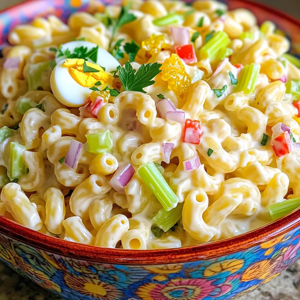 To make the best classic macaroni salad, you need some key ingredients. Here’s what you’ll need: - 2 cups elbow macaroni - 1 cup mayonnaise - 1 tablespoon Dijon mustard - 1 tablespoon apple cider vinegar - 1 cup celery, diced - 1/2 cup red bell pepper, diced - 1/2 cup red onion, finely chopped - 1/2 cup sweet pickle relish - 2 boiled eggs, chopped - Salt and pepper to taste - Fresh parsley, chopped for garnish These ingredients create a creamy and crunchy mix that everyone loves. The elbow macaroni gives a nice base. The mayonnaise adds creaminess and richness. The mustard and vinegar give it a little zing. If you want to take your salad to the next level, try adding some optional ingredients. Here are a few ideas: - 1/2 cup green onions, sliced - 1/2 cup carrots, shredded - 1/2 cup peas - 1/4 cup black olives, sliced - 1 teaspoon garlic powder or onion powder for extra flavor These optional ingredients add new tastes and textures. They can make your salad more colorful and fun to eat. Feel free to mix and match based on what you like! Want to make a lighter version? Here are some healthier swaps: - Use Greek yogurt instead of mayonnaise for less fat. - Choose whole wheat or gluten-free pasta for a different texture. - Add more veggies like spinach or kale for added nutrients. These swaps keep the taste great while making the dish a bit healthier. You can enjoy your classic macaroni salad without much guilt. For the full recipe, check out the detailed instructions and tips! To start, you need to cook the elbow macaroni. Bring a large pot of salted water to a boil. Once boiling, add 2 cups of elbow macaroni. Cook it according to the package instructions until it's al dente. This means it should still have a little bite to it. After cooking, drain the macaroni in a colander. Rinse it under cold water to stop the cooking. This step helps keep the macaroni firm and prevents it from sticking together. Next, let's make the dressing. In a large mixing bowl, add 1 cup of mayonnaise. Then, mix in 1 tablespoon of Dijon mustard and 1 tablespoon of apple cider vinegar. Use a whisk or a spoon to combine these ingredients until smooth. This creamy dressing gives the salad its rich flavor. It's simple, but it packs a punch! Now it's time to bring everything together. Add the diced celery, red bell pepper, red onion, sweet pickle relish, and chopped boiled eggs to the bowl with the dressing. Stir these ingredients together gently. Now, fold in the cooled macaroni. Make sure every piece of macaroni is covered in that creamy dressing. Season with salt and pepper to taste. You can adjust the seasoning according to your preference. Cover the bowl and refrigerate for at least 30 minutes. This helps the flavors blend nicely. When ready to serve, give it a gentle stir and garnish with chopped fresh parsley. Enjoy your delicious macaroni salad! For the detailed steps, check the Full Recipe. You can make macaroni salad a day early. This allows the flavors to blend well. Just follow the recipe steps. After mixing, cover it tightly and store it in the fridge. This helps the salad taste even better. Taste your salad before serving. If it needs more zing, add more apple cider vinegar or Dijon mustard. You can also add more salt or pepper. These small changes can make a big difference. Don’t be afraid to adjust to your liking. Use a colorful bowl for serving. This makes the salad look more inviting. You can garnish it with fresh parsley or sliced boiled eggs. Adding some cherry tomatoes can also brighten the dish. Serve it as a side or a main dish at picnics or barbecues. Everyone will love it! For the full recipe, check out the detailed steps above. {{image_2}} To make a vegan version, swap out the mayonnaise. Use a plant-based mayo or blend silken tofu with lemon juice. This keeps the creaminess while being dairy-free. You can also add mashed avocado for richness. Adding protein boosts the salad's heartiness. You can mix in diced cooked chicken or canned tuna for a filling meal. For a vegetarian option, try chickpeas or diced tofu. Each protein adds its own flavor and texture. Get creative with flavors! Try adding spicy mustard for a kick or diced jalapeños for heat. Fresh herbs like dill or basil bring freshness. For sweetness, toss in some diced apples or grapes. These twists make your macaroni salad stand out. For the full recipe, check out the Creamy Classic Macaroni Salad section. To keep your macaroni salad fresh, store it in an airtight container. This helps prevent moisture loss and keeps flavors intact. Place a layer of plastic wrap on top before sealing. This extra step guards against any air exposure. Always refrigerate the salad if you are not serving it. Avoid leaving it at room temperature for long. Macaroni salad lasts about 3 to 5 days in the fridge. It’s best to eat it within this time for the best flavor. As days pass, the salad may become soggy. The vegetables can release water, changing the texture. Always check for any off smells or changes in color before eating. You can freeze macaroni salad, but it may change in texture. The mayonnaise can separate when thawed. If you still want to freeze it, place the salad in a freezer-safe container. Leave space at the top to allow for expansion. Thaw the salad in the fridge overnight before serving. Stir well after thawing to mix everything again. To make classic macaroni salad without mayonnaise, use yogurt or sour cream instead. These options add creaminess without the heavy feel of mayo. You can also try a vinaigrette made from olive oil and vinegar. This keeps the salad light and fresh. Mix your yogurt or vinaigrette with mustard for extra flavor. You can use the same ingredients from the full recipe. Just swap the mayonnaise for your chosen alternative. The salad will still taste great! Yes, you can substitute the pasta types in macaroni salad. While elbow macaroni is traditional, any small pasta works well. Try rotini, shells, or even whole wheat pasta. These options add different shapes and textures to your salad. Choose a pasta that holds dressing well. The key is to cook it al dente, so it doesn’t become mushy. Rinse with cold water after cooking to keep it firm. This will ensure your salad stays tasty and delightful. To add crunch to your macaroni salad, consider using fresh veggies. Celery is a great option for its crisp texture. Radishes or bell peppers also add a nice crunch and color. You can also add nuts or seeds for extra crunch. Chopped almonds, sunflower seeds, or walnuts work well. Just remember to toast them lightly for more flavor. Experiment with different ingredients to find your favorite! In this post, we explored classic and optional ingredients for macaroni salad. You learned how to prepare the pasta and make a tasty dressing. We discussed tips for prepping ahead and adjusting flavors. You can also create variations, like vegan options and protein add-ins. Remember to store your salad properly for the best taste. This timeless dish is easy to customize. Enjoy making your perfect macaroni salad for any occasion!