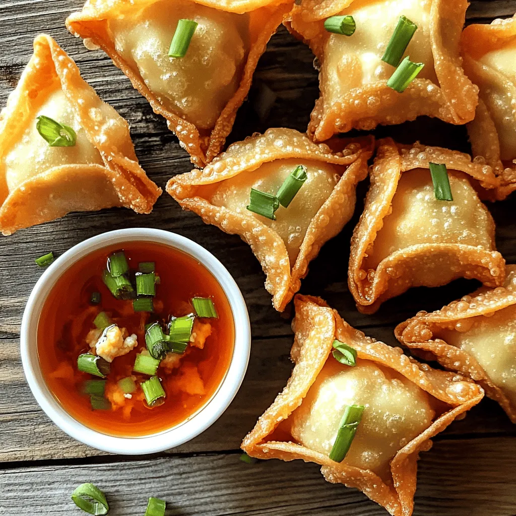 - 8 oz cream cheese, softened - 1/4 cup green onions, finely chopped - 1/4 cup cooked crab meat or imitation crab (optional) The main components of crispy cream cheese wontons are simple yet rich in flavor. Cream cheese gives a smooth and creamy texture. Green onions add a nice crunch and fresh taste. If you like seafood, crab meat adds a lovely twist. - 1 teaspoon garlic powder - 1 teaspoon soy sauce - 1 package of wonton wrappers - 1 egg, beaten (for sealing) - Cooking oil (for frying) - Sweet and sour sauce (for dipping) Seasoning is key to a great taste. Garlic powder brings a warm flavor, while soy sauce adds a savory touch. Wonton wrappers are thin and perfect for frying. The beaten egg acts as a glue to seal your wontons. Frying in cooking oil makes them crispy. Don’t forget a sweet and sour sauce for dipping! These ingredients come together to create a tasty treat. You can find the full recipe in this article. Enjoy making these delicious party appetizers! To start, gather your ingredients. Mix 8 oz of softened cream cheese, 1/4 cup of finely chopped green onions, and 1/4 cup of cooked crab meat in a bowl. If you prefer, you can skip the crab meat. Add 1 teaspoon of garlic powder and 1 teaspoon of soy sauce to the mix. Stir until everything blends well into a smooth filling. This step is key to making your wontons rich in flavor. Next, lay out about 20 wonton wrappers on a clean surface. Keep a small bowl of water nearby for sealing. Place about 1 teaspoon of the cream cheese mixture in the center of each wrapper. Lightly brush the edges of each wonton with the beaten egg. This will help seal them shut. Fold the wrapper in half to form a triangle. Press the edges firmly to seal. You can create fun shapes by folding the corners back to the center before sealing. Now it’s time to fry. Heat cooking oil in a deep frying pan or pot over medium heat, aiming for about 350°F (175°C). Fry the wontons in small batches, so they don't overcrowd the pan. Cook for about 2-3 minutes on each side. Keep an eye on them until they turn golden brown and crispy. Once done, remove them from the oil and place them on a paper towel-lined plate. This will help drain any extra oil. Serve your crispy wontons hot with sweet and sour sauce for dipping. Enjoy these tasty appetizers! To get the best crispy cream cheese wontons, start with the right oil temperature. Heat your cooking oil to about 350°F (175°C). This is hot enough for crispy edges but cool enough to cook the filling. Fry the wontons for about 2-3 minutes on each side. Keep an eye on them! You want a golden brown color. To avoid sogginess, do not overcrowd the pan. Fry in small batches. This keeps the oil hot and helps each wonton crisp up nicely. When serving at a party, arrange the crispy wontons on a large platter. This makes them easy to grab. For a fun touch, use small bowls for dipping sauces. Sweet and sour sauce works great! You can also serve with soy sauce or a spicy mayo. To make them look even better, sprinkle some chopped green onions or sesame seeds on top. This adds color and a nice crunch. Want to kick up the flavor? Try adding spices like cayenne pepper or paprika to the cream cheese mix. This gives a nice kick! You can also mix in some fresh herbs like cilantro or basil for a twist. If you want to try something new, add a bit of cooked bacon or shrimp for extra flavor. Little changes can make a big difference! For more details, check out the Full Recipe for all the tips. {{image_2}} You can make your crispy cream cheese wontons even more fun with different flavors. One great twist is the spicy crab and cream cheese wontons. Just mix in some sriracha or chili paste with the crab and cream cheese. This adds heat and a new layer of flavor. If you want a vegetarian option, try filling your wontons with a mix of sautéed mushrooms, spinach, and cream cheese. The earthy taste of the mushrooms pairs well with the rich cream cheese. When it comes to cooking, you have choices. You can fry your wontons for that classic crispy bite. Just heat oil to about 350°F and fry them until golden brown. If you want a healthier option, baking is a great choice too. Brush them lightly with oil and bake at 400°F until crispy. Another option is using an air fryer. This method uses hot air to crisp the wontons, making them lower in fat but still tasty. You don't have to stick to traditional flavors. Explore different cuisines by adding culturally inspired ingredients. Think of adding jalapeños for a Mexican flair or some curry powder for an Indian twist. You can even mix in cheese and herbs for a Mediterranean spin. These fusion twists not only make your wontons unique but also bring exciting flavors to your party. For the full recipe, check out the earlier section! To store any leftover crispy cream cheese wontons, place them in an airtight container. Keep them in the fridge. They will last for about 3 to 4 days. Make sure they cool down before sealing. This helps maintain their crispiness. When it’s time to enjoy your leftover wontons, reheating them properly is key. The oven is the best method to keep them crispy. Preheat your oven to 375°F (190°C). Place the wontons on a baking sheet and heat for about 10 minutes. If you use a microwave, they might get soggy. If you're in a hurry, use the microwave but only for a minute or so. You can freeze uncooked wontons for later use. Lay them flat on a baking sheet and place them in the freezer. After they freeze solid, transfer them to a freezer bag. They can last for up to 2 months. When you are ready to cook them, do not thaw. Fry them straight from the freezer for the best results. Cook them for a couple of extra minutes to ensure they are hot and crispy. For more details, refer to the Full Recipe. Yes, you can prep these wontons ahead of time. To do this, fill the wonton wrappers and seal them as per the recipe. Then, place them in a single layer on a baking sheet. Cover them with plastic wrap and store in the fridge for up to 24 hours. When you're ready to fry, just heat the oil and cook them as instructed. This makes your party day much easier! If you need a cream cheese alternative, you have options. You can use ricotta cheese for a lighter taste. Mascarpone gives a rich flavor, while tofu can work for a vegan option. Just make sure to adjust the seasoning slightly, as these substitutes may alter the taste. Experiment to find your favorite! Perfectly fried wontons have a golden brown color. The edges should be crispy, and the filling should be hot. If you see bubbles forming around the wontons, they are cooking well. Cook for about 2-3 minutes on each side. Use a slotted spoon to remove them, and let them drain on paper towels. Enjoy the crunch! You learned how to make delicious cream cheese wontons. We covered ingredients, steps, and tricks for great results. Remember, cooking is about fun and creativity. Try new flavors or cooking methods to make this dish your own. Store leftovers properly and enjoy them later. With practice, you can impress friends and family with your wontons. Happy cooking!