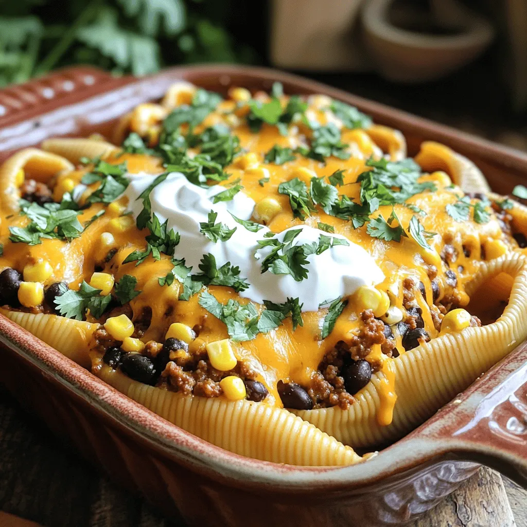 - 20 jumbo pasta shells - 1 lb ground beef (or turkey) - 1 packet taco seasoning (store-bought or homemade) - 1 cup black beans - 1 cup corn kernels - 1 cup salsa - 2 cups shredded cheddar cheese - 1 cup sour cream - 1/4 cup chopped fresh cilantro - Salt and pepper to taste Gathering your ingredients is key. Start with the jumbo pasta shells. They hold the filling well and make each bite tasty. Ground beef is my go-to, but turkey works too if you want a leaner dish. Next, the taco seasoning adds that classic flavor we all love. Black beans and corn are great for extra texture and nutrients. Salsa brings moisture and a bit of zest. Then there's the shredded cheddar cheese, which melts into gooey goodness. Sour cream adds a creamy touch when serving. Lastly, a sprinkle of fresh cilantro brightens the dish. - Large pot - Skillet - Baking dish - Measuring cups and spoons You’ll need a large pot to boil the pasta shells. A skillet helps cook the meat and mix in the fillings. A baking dish holds everything together in the oven. Don't forget measuring cups and spoons for precise amounts. Having the right tools makes cooking easier and more fun! Set your oven to 375°F (190°C). This step is key for even cooking. Boil a large pot of salted water. Cook the jumbo pasta shells until they are al dente. This usually takes about 8-10 minutes. Drain the shells and set them aside to cool. In a large skillet, brown 1 pound of ground beef over medium heat. This will take around 5-7 minutes. Once the meat is cooked, drain any excess fat. Stir in 1 packet of taco seasoning, along with 1 cup of black beans, 1 cup of corn, and 1 cup of salsa. Cook this mixture for another 3-5 minutes. It helps all the flavors blend together. Season with salt and pepper to taste. Take each cooked shell and fill it with the taco mixture. Be generous with the filling! Place the stuffed shells in a greased baking dish with their open side facing up. Sprinkle 2 cups of shredded cheddar cheese evenly over the stuffed shells. This will melt and create a delicious topping. Cover the baking dish with aluminum foil. Bake for 20 minutes. After that, remove the foil and bake for an additional 10 minutes. This helps the cheese become bubbly and slightly golden. Enjoy making this dish with the full recipe, and get ready for a tasty meal! To get the best texture for your shells, cook them al dente. This means they should be firm but not hard. Follow the package instructions, but check a minute or two early. This helps avoid mushy shells later. After cooking, drain them and let them cool slightly. This makes them easier to handle when you stuff them. Want to give your cheesy taco stuffed shells a twist? You can add spices like cumin or chili powder. If you enjoy a bit more crunch, consider adding diced bell peppers or jalapeños. Also, you can swap out the ground beef for turkey or chicken for a lighter meal. Don’t be shy—mix in your favorite ingredients! Make your dish look as good as it tastes. After baking, drizzle sour cream on top of the shells. This adds a creamy touch and enhances the flavor. Sprinkle chopped cilantro over the dish for a pop of color. The green herbs make your meal visually appealing and fresh. For more ideas, check out the Full Recipe. {{image_2}} You can change up the protein in your cheesy taco stuffed shells. Ground turkey or chicken works well. These meats are leaner but still pack great flavor. Just brown them the same way as ground beef. The taco seasoning will make them taste amazing. If you want a meat-free version, try lentils or extra beans. Lentils have a nice texture and soak up spices. You can also use black beans, pinto beans, or even chickpeas. Just mix them into the filling. This way, you still get the cheesy goodness without meat. Cheese is key to this dish. While cheddar is classic, feel free to explore other types. Monterey Jack adds a creamy twist. Pepper jack gives a spicy kick. You can even mix different cheeses for more flavor. Just make sure to use cheese that melts well. For the full recipe, check out the [Full Recipe]. To store leftovers, let the cheesy taco stuffed shells cool first. Then, place them in an airtight container. Make sure to cover the top with plastic wrap or foil. This keeps them fresh. They will last in the fridge for about 3 to 5 days. Always check for any signs of spoilage before eating. Freezing is a great way to keep cheesy taco stuffed shells for later. First, let them cool completely. Then, pack them in a freezer-safe container. You can also wrap each shell in foil for extra protection. They can stay in the freezer for up to 3 months. Just remember to label the container with the date. To reheat, you can use the oven or the microwave. For the oven, preheat it to 350°F (175°C). Place the shells in a baking dish, cover with foil, and heat for 20 minutes. This keeps the shells moist. If using a microwave, place a shell on a plate. Heat for 1 to 2 minutes, checking often. Enjoy your cheesy taco stuffed shells warm and tasty! Yes, you can make cheesy taco stuffed shells in advance. Prepare the filling and stuff the shells. Place them in a baking dish. Cover the dish with plastic wrap and store it in the fridge. You can do this a day before baking. When you're ready, just bake it straight from the fridge. This saves time and makes for a quick meal. If you don't have taco seasoning, you can create your own mix. Combine chili powder, cumin, garlic powder, onion powder, and paprika. Use equal parts of each spice. This gives a great flavor boost. You can also try Italian seasoning for a fun twist. To add heat, include diced jalapeños or hot sauce in the filling. You can also mix in crushed red pepper flakes. Another option is to use spicy salsa instead of regular salsa. Start with a small amount and adjust to your taste. Yes, you can easily make this recipe gluten-free. Use gluten-free jumbo pasta shells. Many brands offer these now. Check the label to ensure it's gluten-free. This way, everyone can enjoy cheesy taco stuffed shells. For the filling, just make sure your taco seasoning is gluten-free too. For the complete recipe, check out the [Full Recipe]. In this blog post, we explored how to create delicious cheesy taco stuffed shells. We covered key ingredients, cooking tools, and step-by-step instructions. You can customize the dish with various proteins or fresh toppings. Remember to store any leftovers properly for later enjoyment. This dish is versatile and easy, perfect for any table. Transform dinner with these tasty shells that your friends and family will love. Enjoy the process and make it your own!