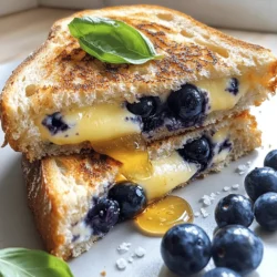 - 4 slices of sourdough bread - 4 ounces of creamy Brie cheese, sliced - 1/2 cup fresh blueberries To make the best Blueberry Brie Grilled Cheese, you need three key ingredients. First, sourdough bread gives a nice crunch and flavor. Second, creamy Brie cheese melts beautifully and adds richness. Lastly, fresh blueberries bring sweetness and a burst of flavor. Together, they create a delightful taste. - 2 tablespoons honey - 2 tablespoons unsalted butter, softened - Fresh basil leaves (optional, for garnish) Adding honey gives the sandwich a sweet touch. Unsalted butter adds a rich flavor and helps with grilling. Fresh basil leaves can add a fresh, herby taste. These extras can make your grilled cheese even more special. - Pairing Ideas with Side Dishes Serve your sandwich with a simple salad. A side of sweet potato fries also works well. - Beverage Pairings A glass of iced tea or lemonade complements the flavors nicely. For something warm, try a cup of chamomile tea. These serving ideas can elevate your meal and make it even more enjoyable. Enjoy your Blueberry Brie Grilled Cheese! For the full recipe, check out the details above. - Making the Blueberry Spread: In a small bowl, mash half of the blueberries with honey. This makes a sweet spread. You can leave some blueberries whole for a nice texture. This adds bursts of flavor to each bite. - Preheating Your Skillet: Heat a non-stick skillet over medium heat. This step is key. A hot skillet helps the bread toast nicely and the cheese melt perfectly. - Spreading the Blueberry Mixture: Take your slices of sourdough bread. Spread a thin layer of the blueberry mixture on one side of each slice. This will give your sandwich a sweet and fruity base. - Layering the Cheese and Blueberries: On the unspread side, add slices of Brie cheese. Make sure to layer generously. Then, sprinkle the remaining whole blueberries over the cheese. This adds extra flavor and makes the sandwich look great. - Grilling Techniques for Perfect Texture: Spread softened butter on the outer sides of the sandwich. Place it on your preheated skillet. Cook until golden brown, about 3-4 minutes. This gives the bread a nice crunch. - Tips for Flipping Without Mess: To flip your sandwich, use a spatula. Slide it under and lift gently. Cook the other side until the cheese is melted and the bread is golden as well. After about 3-4 minutes, your sandwich is ready. Enjoy your Blueberry Brie Grilled Cheese warm! For the complete step-by-step guide, check out the Full Recipe. - Achieving Optimal Golden Brown Color: To get that perfect golden crust, use medium heat. This allows the bread to crisp without burning. Keep an eye on the sandwich. Flip it when you see a nice color. - Maintaining Cheese Creaminess: For creamy cheese, don’t rush the cooking. Low heat helps melt the Brie slowly. This gives you a gooey center that tastes amazing. - Overcooking the Bread: Overcooked bread turns hard and dry. Aim for a light golden color. If it gets too dark, your sandwich might lose its charm. - Using Too Much Filling: Stuffing the sandwich may seem tempting. However, too much filling can cause a mess. Keep it balanced for the best results. - Adding Spices or Herbs: You can spice things up! A pinch of cinnamon or nutmeg in the blueberry spread adds warmth. Fresh basil leaves can also bring a lovely touch. - Experimenting with Different Breads: While sourdough is great, try other breads too! Whole grain or even a sweet brioche can change the flavor. See what you like best! For the Full Recipe, check out the detailed cooking steps to make your Blueberry Brie Grilled Cheese. {{image_2}} You can boost the taste of your Blueberry Brie Grilled Cheese with nuts or seeds. Chopped walnuts or sliced almonds add a nice crunch. Try mixing in chia seeds for a fun twist. They bring a subtle nutty flavor and are great for texture. You can also swap in other cheeses, like goat cheese. Goat cheese has a tangy taste that pairs well with sweet blueberries. Mixing Brie and goat cheese creates a creamy and rich flavor. The combination will surprise your taste buds. If you need gluten-free options, choose gluten-free bread. Many stores have tasty gluten-free varieties. They work well in this recipe. Just make sure to check the labels for any hidden gluten. For vegan adaptations, you can use plant-based cheese. There are many great options that melt nicely. Instead of butter, try vegan spreads. You can still enjoy a warm, gooey sandwich without dairy. In summer, use fresh peaches or strawberries instead of blueberries. These fruits add a juicy sweetness. You can mix and match based on what’s in season to keep your sandwich exciting. For holidays, think about adding spices. A sprinkle of cinnamon or nutmeg gives a cozy flavor. This can make your grilled cheese perfect for festive gatherings. You can even shape your sandwich for special occasions, like hearts for Valentine's Day. For the full recipe, visit the Blueberry Brie Grilled Cheese section above. To keep your Blueberry Brie Grilled Cheese fresh, place any leftovers in an airtight container. This helps keep moisture in and prevents the bread from getting hard. You can store it in the fridge for about three days. If you want to save it longer, consider freezing. For freezing, wrap the sandwich tightly in plastic wrap and place it in a freezer bag. It can last up to a month in the freezer. Just remember to label it with the date. This way, you’ll know when to enjoy it again! To reheat the sandwich, the best method is to use a skillet. Heat it on low to medium heat. This lets the cheese melt without burning the bread. Place the sandwich in the skillet for about three to four minutes on each side. Avoid the microwave if you can. It can make the bread soggy. If you must use it, heat for a short time and check often. You want the cheese warm, not the bread mushy. Each ingredient has a different shelf life. Here’s a quick guide: - Sourdough Bread: Lasts about 5-7 days in the pantry. In the fridge, it may last up to two weeks. - Brie Cheese: Should be eaten within one week after opening. If it smells off, it’s time to toss it. - Fresh Blueberries: Last about one week in the fridge. Look for mold or mushy berries to know they are spoiled. - Honey: It can last indefinitely! Just keep it in a cool, dry place. Always check your ingredients before cooking. If anything seems off, it’s best to play it safe and not use it. Look for a golden brown crust on both sides. The cheese should melt and ooze out. When you press the sandwich gently, it should feel soft inside but not soggy. The smell will also tell you it's ready. You’ll notice a rich aroma of warm cheese and sweet blueberries. Yes, you can use frozen blueberries. However, they may change the sandwich's texture. Frozen berries release more juice when heated. This can make the bread soggy. If you use them, try to drain excess juice before adding them to your sandwich. Fresh blueberries will give a firmer bite and better flavor. You can add sliced almonds or walnuts for crunch. Try a sprinkle of cinnamon for warmth. A drizzle of balsamic glaze adds a tangy twist. Fresh herbs like mint or thyme can also brighten the flavor. They all enhance the sweet and creamy mix of the sandwich. Yes, making this sandwich in an air fryer is easy! Preheat your air fryer to 350°F. Assemble the sandwich as usual. Place it in the air fryer basket, and cook for about 5-7 minutes. Flip halfway through for even cooking. Check for a golden color and melted cheese. Enjoy your crispy sandwich! This blog post covers how to make a tasty blueberry brie grilled cheese. We explored the key ingredients and ways to enhance flavor. I shared tips to prepare, assemble, and cook your sandwich. We also discussed fun variations and how to store leftovers properly. Remember, grilling is both an art and a science. Adjust the recipe to your taste, and enjoy every bite. Experiment with flavors to make your grilled cheese special. Happy cooking!