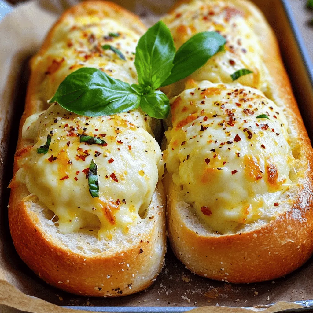 To make Cheesy Stuffed Italian Bread, gather these ingredients: - 1 large Italian bread or French loaf - 1 cup shredded mozzarella cheese - 1 cup shredded provolone cheese - 1/2 cup grated Parmesan cheese - 1/2 cup ricotta cheese - 2 cloves garlic, minced - 2 tablespoons olive oil - 1 teaspoon Italian seasoning - 1/2 teaspoon red pepper flakes (optional) - Salt and pepper to taste - Fresh basil leaves, for garnish (optional) You can mix and match cheeses. If you want a sharper taste, use aged cheddar. For a creamier texture, swap in mascarpone for ricotta. If you don't have Italian seasoning, use oregano and thyme instead. You can leave out red pepper flakes if you prefer no heat. Choose fresh bread. It should feel soft but not squishy. Look for cheeses that are high quality. Fresh mozzarella should smell milky, and provolone should have a rich flavor. Select garlic that is firm and has no brown spots. These choices make a big difference in taste. For the best results, buy fresh herbs like basil. They add a bright flavor to your dish. For the full recipe, check out the detailed steps! 1. First, preheat your oven to 375°F (190°C). This is key for a crispy crust. 2. Take the large Italian bread and cut it in half lengthwise. You will have a top and a bottom. 3. Gently hollow out some of the insides. Leave enough crust to hold the filling. 4. In a bowl, combine the mozzarella, provolone, Parmesan, and ricotta cheeses. 5. Add the minced garlic, olive oil, Italian seasoning, and red pepper flakes if you want some heat. 6. Season this mixture with salt and pepper. Mix it well until all the ingredients blend together. 1. Spread the cheese mixture evenly into both hollowed-out halves of the bread. 2. Place the stuffed bread halves on a baking sheet. Cover them loosely with aluminum foil. 3. Bake in the oven for 15 minutes. This helps the cheese start to melt. 4. After 15 minutes, carefully remove the foil. Bake for an additional 10-15 minutes. Look for melted cheese and a golden-brown crust. 5. Once baked, take it out of the oven. Let it cool for a few minutes before slicing. 1. Garnish with fresh basil leaves for a pop of color and flavor. 2. Serve warm as a tasty appetizer or a side dish. 3. Pair with marinara sauce for dipping. It brings extra flavor to each bite. 4. Enjoy this cheesy delight with family and friends for any meal. For the full recipe details, check out the Cheesy Stuffed Italian Bread recipe. To get that gooey, stringy cheese melt, use a mix of cheeses. I love combining mozzarella, provolone, and ricotta. These cheeses melt well together. Shredding your cheese helps it melt faster. Make sure your oven is hot enough, around 375°F (190°C). Covering the bread with foil for part of the bake helps trap heat. This keeps the cheese nice and warm while the bread gets crisp. One common mistake is cutting the bread too deep. You want to hollow it out, but don’t cut through the crust. This lets the filling ooze out. Another mistake is not mixing the cheeses well. Make sure all cheeses blend together for even flavor. Not preheating the oven can also lead to uneven cooking. Always preheat your oven to get the best results. Finally, let the bread cool slightly before slicing. This helps keep the filling in place. To make your cheesy stuffed bread shine, add extra seasonings. I often use Italian seasoning, garlic, and a pinch of red pepper flakes. You can also try fresh herbs like basil or parsley. A sprinkle of salt and pepper can lift the flavors too. If you want a richer taste, drizzle a bit of olive oil before baking. These small tweaks make a big difference in flavor. For a twist, consider adding a splash of balsamic vinegar for a sweet tang. {{image_2}} You can change the cheese to fit your taste. Try using cheddar, gouda, or fontina. Each cheese brings a unique flavor. Mixing different cheeses adds depth. You can also use a sharp cheese for a bolder taste. Just remember, the meltability matters too. Cheese that melts well makes the dish creamy and delicious. Feel free to add your favorite fillings! You can use cooked sausage, pepperoni, or ham for a meaty touch. If you prefer veggies, try spinach, roasted peppers, or mushrooms. Sauté your veggies first to bring out their flavors. Mixing in herbs like parsley or thyme can also brighten the filling. These options help you create a dish that suits your family’s tastes. For a gluten-free version, use gluten-free bread. There are many good options at stores now. You can also make a low-carb version by using cauliflower bread or zucchini bread. These alternatives keep the flavors while lowering carbs. Just follow the same filling steps as the original recipe. You can still enjoy the cheesy goodness without the gluten or carbs! Explore the [Full Recipe] for more details on making your own cheesy stuffed Italian bread. To store your Cheesy Stuffed Italian Bread, first let it cool completely. Wrap the bread tightly in plastic wrap or aluminum foil. You can also place it in an airtight container. This helps keep the bread fresh. Store it in the fridge for up to three days. When it's time to enjoy your leftovers, preheat your oven to 350°F (175°C). Unwrap the bread and place it on a baking sheet. Heat it in the oven for about 10 to 15 minutes. This will make the bread warm and the cheese melt again. You can also use a microwave, but the oven gives a better texture. If you want to save some for later, freezing is easy. Wrap the stuffed bread tightly in plastic wrap, then place it in a freezer bag. Be sure to remove as much air as possible before sealing. You can freeze it for up to three months. When you're ready, thaw it in the fridge overnight before reheating. This keeps the flavors fresh and tasty. For full details on making this dish, check the Full Recipe. You can make Cheesy Stuffed Italian Bread ahead. Prepare the bread and filling. Then, stuff the bread and wrap it in foil. You can keep it in the fridge for up to 24 hours. When you are ready to bake, preheat the oven. Bake it as the recipe states. This lets the flavors meld and saves you time. Yes, you can use other types of bread. French bread works well, too. You can try sourdough or ciabatta for a twist. Just pick a bread with a sturdy crust. This helps keep the filling inside while baking. Each type of bread adds its own flavor and texture. Dipping sauces can enhance your Cheesy Stuffed Italian Bread. Marinara sauce is a classic choice. It adds a rich, tangy flavor. Garlic butter is another great option. You can also use ranch dressing for a creamy dip. Feel free to mix and match. Your guests will love the extra flavors. In this blog post, we explored how to make Cheesy Stuffed Italian Bread. We covered essential ingredients, tips for choice, and tasty alternatives. The step-by-step guide shared easy prep and baking steps. To enhance your dish, I provided tricks for the perfect melt and flavor boosts. Don't forget about storage, as it helps you enjoy leftovers. With these tools, you can make a delicious meal with ease. Enjoy creating your own cheesy masterpiece!