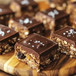 - 2 cups rolled oats - 1 cup smooth almond butter (or peanut butter) - 1/2 cup honey or maple syrup - 1/2 cup cocoa powder - 1/2 teaspoon vanilla extract - 1/4 teaspoon salt - 1/2 cup dark chocolate chips - 1/4 cup chopped nuts - 1/4 cup dried fruit (optional) I love this list of ingredients because it is simple and healthy. The rolled oats act as a great base, giving the bars a chewy texture. Almond butter or peanut butter adds creaminess and protein. Honey or maple syrup serves as a natural sweetener, making these bars really tasty. The cocoa powder gives a rich chocolate flavor that you will love. A splash of vanilla extract enhances the sweetness, while salt balances all the flavors. Dark chocolate chips add even more chocolate goodness. If you like crunch, throw in some chopped nuts. Dried fruit can add a sweet burst of flavor, too! Gather these ingredients, and you’re ready to make a treat that is not only delicious but also good for you. For the full recipe, check out the instructions to see how easy it is to whip these up! First, grab a large mixing bowl. In this bowl, combine the rolled oats, cocoa powder, and salt. Stir the mixture well until everything is mixed. This step is key because it ensures an even taste in every bite. Now, take a small pot and add the almond butter and honey (or maple syrup). Heat it gently over low heat until it is melted and smooth. Stir it often to prevent sticking. This creates a rich, sweet base for your bars. Once the wet mixture is ready, remove it from the heat. Pour it over the dry ingredients in the mixing bowl. Mix everything together until the oats are well coated. Now, fold in the dark chocolate chips, chopped nuts, and dried fruit if you want. Next, line an 8x8 inch baking dish with parchment paper. Make sure there is some overhang for easy removal later. Transfer the mixture into the dish and press it down firmly. This helps the bars stay together. Finally, refrigerate the dish for at least 2 hours. When the time is up, lift the bars out using the parchment paper. Cut them into squares or rectangles. Your bars are now ready to enjoy! For the full recipe, check the complete instructions. To serve your no bake chocolate oat bars, chill them first. This makes them firm and tasty. Cut them into squares or rectangles. Arrange them neatly on a platter. For a fancy touch, drizzle some melted chocolate on top. A sprinkle of flaky sea salt can add a nice twist. These small details make your bars look and taste gourmet. You can change up the recipe easily. Add nuts like walnuts or almonds for crunch. Dried fruits, like raisins or cranberries, add sweetness and texture. You can also try seeds like pumpkin or sunflower for a fun twist. Just make sure to keep the ratios the same. This keeps the bars firm and tasty. Pressing the mixture well is key. Use your hands or a spatula to pack it down firmly. This helps the bars hold their shape. After pressing, refrigerate them for at least two hours. This helps the flavors blend and the bars set properly. If they are too soft, they won’t cut well. So, be patient and let them chill! {{image_2}} You can change the taste of your no-bake chocolate oat bars by switching up the nut butter or sweetener. If you prefer a rich and creamy flavor, try cashew butter instead of almond butter. Sunflower seed butter works well for a nut-free option. For sweeteners, maple syrup adds a nice touch of flavor. You can also use agave nectar for a lighter taste. Each choice brings a unique twist to the bars. Want to make these bars fit your diet? Here are some ideas for gluten-free, vegan, and nut-free versions. - Gluten-Free: Use certified gluten-free oats to ensure no cross-contamination. - Vegan: Substitute honey with maple syrup or agave nectar to keep it plant-based. - Nut-Free: Replace nut butter with sunflower seed butter. Ensure that any added chocolate chips are also nut-free. These easy swaps will help you enjoy delicious and healthy treats, no matter your diet! To keep your no-bake chocolate oat bars fresh, store them in an airtight container. Make sure to place parchment paper between layers to avoid sticking. Keep them in the fridge for the best taste and texture. If you want to take them on the go, wrap individual bars in plastic wrap. This method keeps them fresh and makes them easy to grab. These delicious bars can last up to one week in the fridge. After that, they might lose their texture and flavor. To enjoy them at their best, try to eat them within five days. If you notice any change in smell or appearance, it’s best to toss them out. If you want to save some for later, freezing is a great option. Cut the bars into squares or rectangles first. Then, wrap each piece tightly in plastic wrap. Place the wrapped bars in a zip-top bag and push out as much air as possible. They can last up to three months in the freezer. When you are ready to eat them, let them thaw in the fridge overnight for the best texture. Yes, you can use quick oats or rolled oats. Quick oats cook faster and absorb moisture more quickly. They give a softer texture in the bars. Rolled oats are chewier and add more structure. Both types will work well, but I prefer rolled oats for a heartier bite. If you choose quick oats, reduce the mixing time, so they don't get too mushy. Absolutely! Honey or maple syrup works great, but you can use agave syrup too. Agave has a milder taste and won't change the flavor much. You could even try coconut sugar for a different sweetness. Just keep the amount the same, so your bars stay firm. To make the bars nut-free, use sunflower seed butter instead of almond or peanut butter. Sunflower seed butter gives a creamy texture. You can also use soy nut butter or pumpkin seed butter. These options are tasty and keep the bars nut-free. Just make sure to check for allergies if sharing with others. This blog post covered all you need to make tasty no-bake chocolate oat bars. You learned the right ingredients and step-by-step instructions. I shared tips for serving and customizing, plus storage ideas. The variations let you explore different flavors and dietary needs. Enjoy making these bars mouthwatering and fun. With simple swaps, you can create your favorite snack while keeping it healthy. Start experimenting, and have fun in the kitchen!