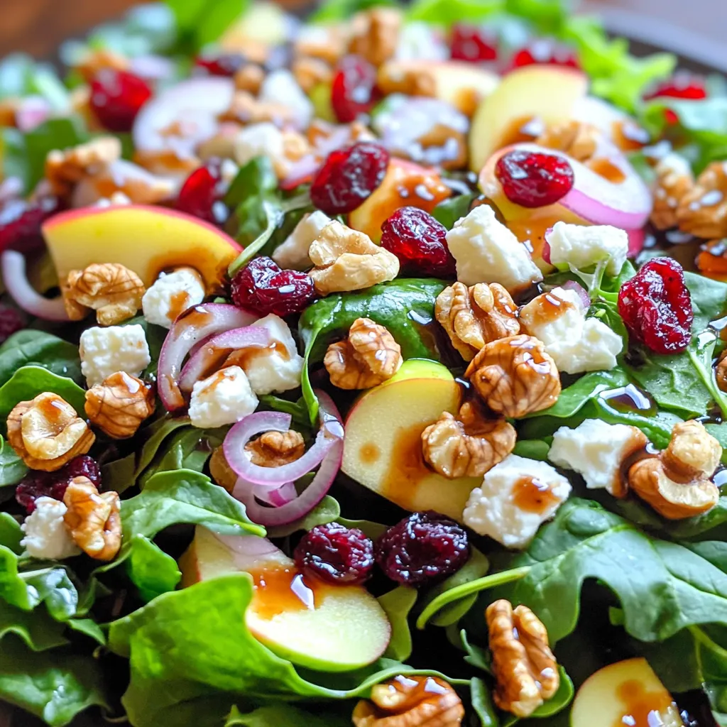 - 4 cups mixed greens (spinach, arugula, and kale) - 1 cup dried cranberries - 1 cup walnut halves, toasted - 1/2 cup feta cheese, crumbled - 1 small red onion, thinly sliced - 1/2 cup apple, diced (preferably Honeycrisp) - 1/4 cup balsamic vinegar - 1/4 cup olive oil - 1 tablespoon honey - Salt and pepper to taste The ingredients for this salad are simple but full of flavor. The mixed greens bring a fresh crunch. Spinach, arugula, and kale work well together. Dried cranberries add a sweet and tangy twist. The walnut halves give a nice crunch when toasted. Feta cheese adds a creamy texture. The red onion gives a sharp bite. Choosing a sweet apple, like Honeycrisp, balances the flavors. Balsamic vinegar and olive oil make a tasty dressing. Honey adds a touch of sweetness. Finally, salt and pepper bring everything together. For a full recipe, check out the Cranberry Walnut Delight Salad. First, toast the walnut halves. Use a dry skillet over medium heat. Stir them often for about five minutes. You want them golden and fragrant. This step adds great flavor. Allow the walnuts to cool before adding them to your salad. Next, prepare your mixed greens. I like to use a mix of spinach, arugula, and kale. Rinse them well and dry them with a paper towel. Make sure to chop any larger leaves. You want bite-sized pieces. Set the greens aside for later. Now, get your other ingredients ready. Slice the red onion thinly. Dice the apple into small pieces. I recommend using a sweet apple like Honeycrisp. This adds a nice contrast to the salad. In a large salad bowl, start combining your ingredients. Add the mixed greens first. Then, toss in the dried cranberries, toasted walnuts, diced apple, and sliced red onion. Finally, sprinkle the crumbled feta cheese on top. This mix of flavors is sure to impress. Now, let's make the dressing. In a small bowl, whisk together the balsamic vinegar, olive oil, honey, salt, and pepper. Mix it until well combined. This dressing will bring all the flavors together. Drizzle the dressing over the salad. Use just enough to coat everything lightly. Now, gently toss the salad to mix all the ingredients. Be careful not to squish anything. Taste the salad and adjust the seasoning. You might want to add a little more salt or pepper. Serve it right away for the best flavor. If you prefer, chill it for up to 30 minutes. This helps the flavors blend nicely. Enjoy your Cranberry Walnut Delight Salad! For the full recipe, check out the provided details. Toasting nuts adds flavor and crunch. Here’s how to do it right: - Use a dry skillet over medium heat. - Stir often to avoid burning. - Toast until they are golden and smell nutty. Choosing the right apple is key. I recommend a sweet variety like Honeycrisp. This apple adds a crisp texture and balances tartness in the salad. Look for apples that are firm and have a bright color. Fresh apples enhance the overall taste. Cranberry Walnut Salad shines when paired with many dishes. It goes well with grilled chicken or salmon for a heartier meal. You can also serve it alongside roasted vegetables or a warm soup to balance the flavors. This salad can be both a side dish or a main dish. For a main dish, add protein like grilled chicken or chickpeas. This makes it filling and satisfying, perfect for lunch or dinner. Serve it chilled or at room temperature for the best flavor experience. For the full recipe, check out the full recipe section above. {{image_2}} You can switch out nuts in your salad. Pecans or almonds work well too. If you want a different cheese, try goat cheese or even blue cheese. They add a nice twist! Fresh herbs can also give your salad a kick. Try adding chopped parsley, basil, or mint for a fresh taste. If you prefer a vegan salad, skip the cheese. Use maple syrup instead of honey for a sweet touch. For a gluten-free option, check your balsamic vinegar for hidden gluten. Make sure all your ingredients fit your needs. You can also leave out any ingredients you may be allergic to. Cooking should be fun and safe for everyone! To keep your salad fresh, store any leftovers in an airtight container. This helps prevent wilting and keeps flavors intact. The best storage time for quality is up to 3 days. After this, the greens may lose crunch, and the dressing can make everything soggy. You can prep ingredients ahead of time. Chop the apple and onion, and toast the walnuts. Also, wash and dry the greens. This way, you save time when making the salad. If you want to make the salad for a gathering, mix all ingredients except the dressing. Add it just before serving. This keeps everything fresh and tasty. For the full recipe, check the details above. How to make Cranberry Walnut Salad ahead of time? You can prepare this salad a few hours ahead. Make the salad and keep the dressing separate. This way, the greens stay fresh and crisp. Just mix the dressing in right before serving. Can I use fresh cranberries instead of dried? Yes, you can use fresh cranberries. However, they are tart. You may want to add sugar or honey to balance the flavor. Fresh cranberries add a nice crunch and burst of freshness. What are the health benefits of this salad? This salad is packed with nutrients. The mixed greens provide vitamins A and K. Walnuts offer healthy fats and protein. Cranberries are rich in antioxidants. Feta adds calcium for strong bones. Is this salad suitable for a specific diet? Yes, this salad is great for many diets. It is vegetarian and can be made gluten-free. You can also make it vegan by omitting the feta cheese. How can I add protein to this salad? You can add grilled chicken, chickpeas, or tofu. These options boost protein and make the salad more filling. What other ingredients can I include for variety? Feel free to add sliced pears, avocado, or even sunflower seeds. These ingredients enhance taste and texture. You can also try different dressings for a new flavor twist. For the full recipe, check out the Cranberry Walnut Delight Salad section. This Cranberry Walnut Salad is a fresh blend of greens, nuts, and cheese. We covered key ingredients, step-by-step instructions, and storage tips. You can adapt it to fit your tastes or diet needs. Whether you serve it as a side dish or a main meal, it’s sure to please. Remember, prepping ahead makes meal time easier. Enjoy your vibrant salad, packed with flavor and nutrients!