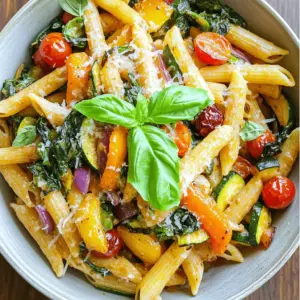 For a delightful bowl of roasted vegetable pasta, gather the following: - 8 oz (about 225g) pasta of choice (penne or fusilli work well) - 1 zucchini, diced - 1 bell pepper (any color), diced - 1 red onion, chopped - 1 cup cherry tomatoes, halved - 2 cups fresh spinach - 3 tablespoons olive oil - 1 teaspoon garlic powder - 1 teaspoon Italian seasoning - Salt and pepper to taste - 1/4 cup grated Parmesan cheese (or vegan alternative) - Fresh basil leaves for garnish Each ingredient plays a role. The pasta forms the base, while the vegetables add flavor and color. You can swap zucchini for yellow squash or add mushrooms for extra depth. If you prefer a different cheese, try feta or nutritional yeast for a vegan option. This recipe is flexible. If you have seasonal veggies, toss them in! Just remember to keep the same ratios for a tasty balance. For a gluten-free version, select a gluten-free pasta. For the full recipe, refer to the steps that follow. Enjoy experimenting! 1. Preheat your oven to 400°F (200°C). This heat helps caramelize the veggies. 2. In a large bowl, mix the diced zucchini, bell pepper, red onion, and halved cherry tomatoes. 3. Drizzle 3 tablespoons of olive oil over the veggies. Sprinkle 1 teaspoon of garlic powder and 1 teaspoon of Italian seasoning on top. Add salt and pepper to taste. Toss well to coat everything evenly. 4. Spread the seasoned veggies on a baking sheet in a single layer. Roast them for 20-25 minutes. They should be tender and slightly caramelized when done. 1. While the vegetables roast, cook 8 oz of your chosen pasta in boiling salted water. Follow the package instructions for timing. 2. Aim for al dente pasta. This means it should be firm when you bite it, not mushy. Drain the pasta but keep 1 cup of the pasta water. 1. In a large skillet, combine the cooked pasta and roasted vegetables. Stir gently to mix. 2. Add 2 cups of fresh spinach to the skillet. Cook over medium heat for 2-3 minutes. Stir until the spinach wilts. 3. If the mixture looks dry, add reserved pasta water, 1 tablespoon at a time. Mix until you reach your desired consistency. 4. Remove from heat and stir in 1/4 cup of grated Parmesan cheese. This makes it creamy and flavorful. Adjust seasoning with more salt and pepper if needed. 5. Serve hot, garnished with fresh basil leaves. Enjoy your delightful and healthy bowl! For the full recipe, check out the Roasted Vegetable Pasta Delight. To achieve a perfect roast on vegetables, cut them into similar sizes. This helps them cook evenly. Use a mix of colorful veggies for better flavor and looks. The oven should be at 400°F (200°C). Roast for 20-25 minutes until soft and slightly caramelized. Timing is key for cooking pasta and vegetables. Start the pasta when the veggies are halfway through roasting. This way, everything is hot and fresh at the same time. Cook pasta until it is al dente, usually about 8-10 minutes. Reserve a cup of pasta water for later. Garnish your dish with fresh basil leaves. They add a nice pop of color and flavor. You can also sprinkle extra Parmesan cheese on top for creaminess. Pair your Roasted Vegetable Pasta with a light white wine, like Pinot Grigio. A side of crusty bread complements this dish well, making it a complete meal. For a twist, try adding a splash of lemon juice for brightness. {{image_2}} You can change the vegetables in this dish to fit your taste. Here are some ideas: - Broccoli: Cut into small florets. - Carrots: Slice them thin for quicker roasting. - Mushrooms: Use button or cremini for a meaty texture. - Asparagus: Cut into bite-sized pieces for a fresh twist. For pasta, you have options too. Try these: - Whole wheat: For more fiber and a nutty flavor. - Gluten-free: Options like chickpea or quinoa pasta work well. - Zoodles: Use spiralized zucchini for a low-carb version. If you want to make this dish vegan, there are great cheese swaps. You can use: - Nutritional yeast: This adds a cheesy flavor without dairy. - Vegan parmesan: Many brands offer tasty dairy-free choices. For gluten-free pasta, look for: - Brown rice pasta: It's hearty and holds up well. - Corn pasta: This has a nice texture and taste. These changes keep the dish delicious while meeting different diets. Feel free to mix and match! If you want the full recipe, check it out [here](Full Recipe). To store your leftover roasted vegetable pasta, let it cool first. Place it in an airtight container. This helps keep the pasta fresh. You can store it in the refrigerator for up to three days. Make sure to label the container with the date. This way, you know when to use it. When you are ready to eat the leftovers, you can reheat the pasta. The best way is to use a skillet. Add a splash of water or olive oil to keep it moist. Heat it on low to avoid burning. Stir it often to warm it evenly. You can also use a microwave. Place it in a bowl with a lid. Add a tablespoon of water to keep it juicy. Heat in short intervals, stirring in between. Enjoy your tasty meal again! How to make Roasted Vegetable Pasta vegan? To make Roasted Vegetable Pasta vegan, simply skip the Parmesan cheese. You can replace it with a vegan cheese alternative. Nutritional yeast is a great option too. It adds a cheesy flavor without any dairy. You also want to check your pasta. Most pasta is vegan, but it’s wise to look at the label. Can I use frozen vegetables instead of fresh? Yes, you can use frozen vegetables for this dish. Just remember that frozen veggies may release more water when cooked. This can change the texture a bit. Thaw and drain them before mixing with pasta for the best results. You may need to roast them a bit longer to ensure they are tender and flavorful. What type of pasta is best for roasting vegetables? Penne or fusilli work great for this recipe. These shapes hold the sauce and roasted bits well. They also mix nicely with the vegetables. You can choose other pasta types too, like rotini or farfalle. Just make sure they cook evenly. Caloric content and serving size Each serving of Roasted Vegetable Pasta has about 400 calories. This is based on a serving size of one-fourth of the total recipe. It’s a filling meal that won’t weigh you down. Breakdown of macronutrients per serving - Carbohydrates: Around 60g - Protein: About 12g - Fat: Roughly 14g This meal provides a good balance of nutrients. You get healthy carbs from the pasta and lots of vitamins from the veggies. Roasted Vegetable Pasta is a simple and tasty dish. We covered the ingredients, cooking steps, and tips to make it great. Remember, you can switch vegetables and pasta to fit your needs. Store leftovers properly and heat them just right to keep the flavor. This dish brings joy to any meal. Dive in and enjoy your cooking journey!