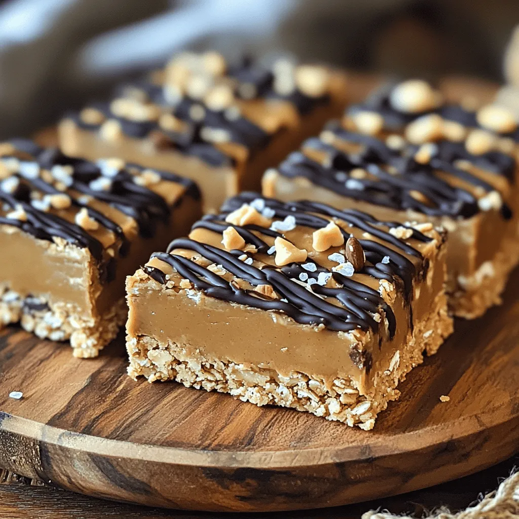 To make these tasty no-bake peanut butter bars, you need simple ingredients. Here’s what you'll need: - 1 cup creamy peanut butter - 1/2 cup honey or maple syrup - 1 cup rolled oats - 1/2 cup almond flour - 1/4 cup dark chocolate chips - 1 teaspoon vanilla extract - Pinch of salt - Optional: 1/4 cup chopped nuts Each ingredient plays an important role. The peanut butter gives a rich flavor and creamy texture. Honey or maple syrup adds sweetness and binds the mix. Rolled oats provide a hearty base. Almond flour adds a touch of nuttiness, while dark chocolate chips bring a delightful bite. A little vanilla extract enhances the overall taste, and salt balances the sweetness. Feel free to customize this recipe. You can use different sweeteners or add nuts for crunch. Each twist can make your bars unique. For the full recipe, check the details in the earlier section. These bars are not just easy to make, they are also a healthy treat! 1. Mix peanut butter and sweetener: In a large bowl, combine 1 cup of creamy peanut butter and 1/2 cup of honey or maple syrup. Stir it well until it becomes smooth. This mix gives the bars their rich flavor. 2. Combine dry ingredients: Next, add 1 cup of rolled oats, 1/2 cup of almond flour, 1 teaspoon of vanilla extract, and a pinch of salt to the bowl. Mix until you form a thick dough. This step ensures all flavors blend well. 3. Fold in chocolate chips and nuts: Now, gently fold in 1/4 cup of dark chocolate chips and any optional chopped nuts you like. This adds extra texture and a nice crunch to your bars. - Using parchment paper: Grab an 8x8 inch square baking pan. Line it with parchment paper. Leave some overhang on the sides. This helps when you take the bars out later. - Ensuring easy removal: The parchment paper keeps the bars from sticking. It makes it simple to lift them out once they’re set. - How long to chill: Place the pan in the fridge. Chill the bars for at least 1 to 2 hours. This allows them to firm up. - Importance of firm texture: Chilling is key for a good bite. It gives the bars their shape and makes them easier to cut into squares. Enjoy these tasty treats straight from the fridge! For the full recipe, check out the details above. To get the right thickness, make sure you press the mixture firmly into the pan. This helps the bars hold together well. If you want a creamier texture, try using smooth peanut butter. You can also mix in a little coconut oil or yogurt for added creaminess. For serving, place the bars on a wooden platter. This gives them a rustic look. Drizzle melted chocolate on top for a fancy touch. You can also sprinkle sea salt for a nice contrast to the sweet flavors. Feel free to add in new flavors! You can mix in cinnamon or even a scoop of protein powder. If you want to make them gluten-free, use gluten-free oats. For a nut-free option, swap peanut butter for sun butter or soy nut butter. These swaps keep the bars tasty while fitting different diets. {{image_2}} If you have nut allergies, don't worry! You can still enjoy these treats. Sunflower seed butter is a great swap for peanut butter. It has a similar creamy texture and a nice taste. You can also use soy nut butter. Both options keep the bars rich and tasty. Craving something extra? You can make chocolate-peanut butter bars! Just add cocoa powder to the peanut butter mix. This gives a rich, chocolatey flavor. You can also fold in fruits like raisins or diced apples. These add sweetness and a fun chewiness to the bars. Other mix-ins could include seeds or coconut flakes. Get creative and find your favorite combo! Want a vegan version? Swap honey for maple syrup. Both work well and keep the bars sweet. For a sugar-free option, use a sugar substitute like stevia or erythritol. Just adjust the amount to match your taste. These changes make the bars fit different diets. Enjoy a treat that meets your needs! For the full recipe, check out Nutty Delight No-Bake Peanut Butter Bars. To keep your no-bake peanut butter bars fresh, use an airtight container. A glass or plastic container works well. Make sure the lid seals tight. This helps keep moisture out and flavor in. Place a piece of parchment paper between layers if you stack them. This prevents sticking. You can freeze these bars for longer storage. Wrap each bar in plastic wrap tightly. Then, place them in a freezer bag or container. This protects them from freezer burn. To thaw, move them to the fridge for a few hours. You can also leave them at room temperature for about 30 minutes. They taste best if eaten within three months. You can store these bars in the fridge for up to one week. They stay fresh and tasty when stored properly. Look for signs of spoilage. If you see any mold or off smells, it’s time to toss them. Always trust your senses to decide if they are still good. You can use several options in place of almond flour. Oat flour is a great choice. It has a mild flavor and works well in these bars. You can also try sunflower seed flour. This is nut-free and adds a nice texture. If you want a gluten-free option, use coconut flour. Just remember to adjust the amount. Coconut flour absorbs more moisture, so use less than almond flour. Yes, you can! Using crunchy peanut butter gives the bars a fun texture. It adds little bits of peanuts that you can taste. This change will make your bars feel more rustic. The flavor stays the same, sweet and nutty. Just be sure to mix it well. This way, the crunch blends evenly with the other ingredients. These bars last about one week in the fridge. Store them in an airtight container to keep them fresh. If you want to enjoy them longer, you can freeze them. They stay tasty for up to three months in the freezer. Just remember to wrap them well. This helps avoid freezer burn. Yes, you can add protein powder! This boosts the nutrition of your bars. Mix in a scoop when you combine the dry ingredients. Be aware that it may change the texture. You might need to add a little more peanut butter or honey. This keeps the bars moist and delicious. Absolutely! To make these bars nut-free, use sunflower seed butter instead of peanut butter. This swap keeps the flavor rich and creamy. You can also use soy nut butter or pumpkin seed butter. These options work well for nut allergies. Just make sure to check for any added sugars or oils. These no-bake peanut butter bars are simple to make and delicious to eat. We covered all the steps, from mixing ingredients to chilling them for the perfect texture. You can also customize them to fit your taste. Remember to store them well for freshness. Don't hesitate to get creative with flavors and textures. Enjoy your bar-making adventure!
