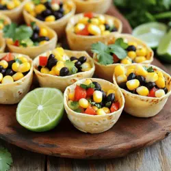 - 2 cups fresh corn kernels (about 4 ears of corn) - 1 can (15 oz) black beans, rinsed and drained - 1 red bell pepper, finely diced - 1 small red onion, finely chopped - 2 cloves garlic, minced - 1 jalapeño, deseeded and minced - 1/4 cup fresh cilantro, chopped - Juice of 2 limes - 2 tablespoons olive oil - 1 teaspoon ground cumin - Salt and pepper to taste - Mini tortilla cups (store-bought or homemade) - Large skillet - Mixing bowls - Whisk - Serving platter To make the best Charred Corn & Black Bean Salsa Cups, use fresh ingredients. Fresh corn gives a sweet flavor. Start with about 4 ears of corn. Shuck the corn and cut off the kernels. You need 2 cups of kernels for the salsa. Next, black beans add a creamy texture. Use one can, rinsed and drained. This saves time, but you can use dry beans if you prefer. Just cook them first. Red bell peppers add color and crunch. Dice one finely for a nice bite. A small red onion brings sweetness. Chop it finely to avoid overpowering the other tastes. Garlic is key for flavor. Use 2 cloves, minced. A jalapeño adds heat. Make sure to remove the seeds if you want less spice. Cilantro gives a fresh taste. Use a quarter cup, chopped. For the dressing, squeeze the juice of 2 limes. Add 2 tablespoons of olive oil and 1 teaspoon of ground cumin. Season with salt and pepper to taste. You can serve the salsa in mini tortilla cups. You can buy these or make them at home. These cups hold the salsa well. They add a fun touch to your snack! For a complete guide, check the Full Recipe. To start, you need to char the corn. Heat a large skillet over medium-high heat. Add 1 tablespoon of olive oil to the skillet. Once hot, add 2 cups of fresh corn kernels. Cook these corn kernels for about 7 to 10 minutes, stirring occasionally. You want them to get a nice char. This gives the corn a sweet, smoky flavor. After charring, remove the corn from heat and let it cool slightly. While the corn cools, gather your other salsa ingredients. You will need one can of black beans, a finely diced red bell pepper, a small finely chopped red onion, two minced garlic cloves, one deseeded and minced jalapeño, and 1/4 cup of chopped fresh cilantro. Take a large bowl and combine all these ingredients along with the charred corn. Next, let’s dress the salsa. In a small bowl, whisk together the juice of 2 limes, 2 tablespoons of olive oil, 1 teaspoon of ground cumin, and some salt and pepper to taste. This dressing adds a zesty kick to the salsa. Pour this mixture over the salsa ingredients. Gently toss everything together until well mixed. The flavors will blend nicely as you mix. Now, it’s time to fill the mini tortilla cups. Take each cup and fill it with the corn and black bean salsa mixture. Make sure to fill them generously, but don’t overfill. Arrange the filled cups on a serving platter. This makes for a beautiful presentation. For a final touch, you can garnish each cup with a sprig of cilantro and a lime wedge on the side. This adds color and a fresh look to your dish. Enjoy making these Charred Corn & Black Bean Salsa Cups! For the complete instructions, check out the Full Recipe. To get the best char on your corn, heat your skillet first. A hot skillet will give you that nice, crispy texture. Use medium-high heat for the best results. Add a tablespoon of olive oil before the corn. Stir the corn occasionally as it cooks. This helps it char evenly and not burn. You can make the salsa a bit before the party. Keep the corn and black beans separate from the other veggies. This helps keep everything fresh. Mix the salsa right before serving. This way, your salsa stays bright and tasty. To make your salsa cups look great, add a sprig of cilantro on top. You can also place a lime wedge next to each cup. This adds color and freshness. When you arrange the cups on a platter, keep them close but not touching. This makes it easy for guests to grab one. For a fun touch, use a colorful platter that matches your theme. For the full recipe, check out the [Full Recipe]. {{image_2}} You can easily switch beans or veggies in this salsa. Try using pinto beans or kidney beans for a new taste. You can also add avocado or diced mango for a sweet touch. If you prefer a different citrus flavor, swap lime juice for lemon juice. This small change can brighten the dish in a new way. Adjusting the heat in your salsa is simple. If you like more spice, add more jalapeño. You can also toss in a pinch of cayenne pepper for an extra kick. On the other hand, if you want it milder, cut back on the jalapeño. Always taste as you go to get it just right for your palate. If you follow a gluten-free diet, look for gluten-free tortilla cups. Many brands create tasty options that fit your needs. For a vegan-friendly version, make sure to use plant-based dressings. You can blend olive oil, vinegar, and herbs for a fresh, tasty topping. These changes allow everyone to enjoy this dish without worry. To keep salsa fresh, store it in an airtight container. Make sure to refrigerate it right after your meal. This will help prevent spoilage. When you store the salsa, try to press plastic wrap directly on the surface. This reduces air exposure. For the tortilla cups, keep them in a separate bag or container. They stay crispy longer this way. Avoid stacking them to prevent breakage. You can freeze salsa, but it may change in texture. To freeze, pour the salsa into a freezer-safe bag. Remove as much air as possible before sealing. Label the bag with the date, then place it in the freezer. When you're ready to eat it, thaw the salsa overnight in the fridge. Reheat it gently on the stove or in the microwave. Stir well before serving. In the fridge, salsa usually lasts about 3 to 5 days. Always check for signs of spoilage. Look for changes in color or smell. If it smells off or has mold, throw it away. The tortilla cups can last about a week when stored properly. Keep an eye on them for any signs of moisture. If they feel soft, it's best to discard them. Enjoy your Charred Corn & Black Bean Salsa Cups while fresh for the best taste! For the complete recipe, check the Full Recipe section. To add spice, you can use more jalapeño. You can also add a pinch of cayenne pepper. Another option is to mix in some hot sauce. Taste as you go to find your perfect heat level. Yes, you can serve the salsa in small bowls or on crispy tortilla chips. You can even use lettuce leaves for a fresh wrap. This makes it fun for gatherings and adds variety. It takes about 15 minutes to prep and 15 minutes to cook. So, in total, you will spend around 30 minutes. This quick time makes it easy to whip up for any event. These salsa cups are great for parties, game days, or family gatherings. Pair them with guacamole or fresh salsa for a complete snack spread. They also go well with drinks like margaritas or iced tea. This blog post covered how to make Charred Corn & Black Bean Salsa Cups. We explored fresh ingredients, essential tools, and simple steps for preparation. You learned tips for making the salsa ahead of time and keeping it fresh. We also discussed delicious variations and storage tips. Now you have all you need to impress your guests with this tasty dish. Enjoy sharing your salsa cups at your next gathering!
