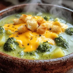 To make this soup, you need a few fresh ingredients. Here’s what you will need: - 4 cups fresh broccoli florets - 1 cup diced potatoes - 1 small yellow onion, finely chopped - 2 cloves garlic, minced These ingredients form the base of your soup. The broccoli adds color and nutrition. Potatoes make it creamy and hearty. The onion and garlic add depth and flavor. Next, you will need some dairy and seasoning. Here’s the list: - 1 cup shredded sharp cheddar cheese - 1 cup whole milk - 2 tablespoons olive oil - 1 teaspoon salt - 1/2 teaspoon black pepper - 1/4 teaspoon nutmeg The sharp cheddar gives the soup its rich taste. Whole milk adds creaminess. Olive oil helps in cooking the onion and garlic. Salt and pepper enhance the flavors, while nutmeg adds a nice touch. Garnishes can make your soup look great. Here are some you can add: - Croutons - Additional herbs or spices Croutons add a nice crunch. You can also use herbs like parsley or thyme for a pop of color and flavor. This list of ingredients will help you create a warm, tasty bowl of Easy Broccoli Cheddar Soup. For the complete steps on how to prepare it, check the Full Recipe. 1. Sauté onions and garlic Heat olive oil in a large pot over medium heat. Add finely chopped onion. Cook for about five minutes until it turns translucent. Next, add minced garlic. Cook for one more minute until you smell that lovely aroma. 2. Add potatoes and broccoli Now, it’s time to add the diced potatoes and fresh broccoli florets. Pour in the vegetable broth, and sprinkle in salt and pepper. Bring this mix to a boil and watch it bubble. 1. Simmer and blend the soup Once boiling, reduce the heat. Cover the pot and let it simmer for about 15 to 20 minutes. You want the potatoes and broccoli to become tender. After that, take an immersion blender and carefully blend the soup. You can make it smooth or keep it a little chunky, depending on your taste. 2. Incorporate cheese and milk Now, it’s time to add the star ingredients: shredded sharp cheddar cheese and whole milk. Stir them in until the cheese melts. Make sure the soup is warm but don't let it boil again. Taste it and adjust the seasoning if needed. 1. Garnishing and presentation tips Serve your soup hot. For a nice touch, sprinkle croutons on top. They add a delightful crunch. You can also add a sprinkle of fresh herbs for color. 2. Ideal side dishes This soup pairs well with crusty bread or a simple side salad. Enjoy your meal with family or friends. You can find the Full Recipe if you need more details. To boost the taste of your Easy Broccoli Cheddar Soup, try adding spices. A pinch of cayenne pepper gives it a nice kick. You can also add garlic powder for more depth. For cheese, sharp cheddar melts well and makes the soup creamy. You can also mix in some Gruyère for a richer flavor. One common mistake is overcooking the vegetables. This can lead to mushy broccoli. Cook until just tender, about 15-20 minutes. Blending the soup to the right texture is also key. If you want a smooth soup, blend until there are no chunks. For a chunkier version, blend less but make sure to mix well. To make this soup fun for kids, hide extra veggies. You can sneak in some carrots or spinach. They blend well and add more nutrients. For a fun presentation, use quirky bowls or shapes. Try topping the soup with croutons shaped like animals. This makes the meal more exciting for young eaters. For the full recipe, check out the [Full Recipe]. {{image_2}} For a lighter version of broccoli cheddar soup, try using low-fat dairy. You can swap whole milk for skim or almond milk. This will cut calories but keep the soup creamy. You can also add more vegetables. Carrots, cauliflower, or spinach can boost the nutrition. Just chop them small and add them with the broccoli. If you need a gluten-free option, use a gluten-free broth. Most vegetable broths are safe. Check the label to be sure. For a vegan version, skip the cheese and milk. Use cashew cream instead. It adds creaminess without dairy. Nutritional yeast gives a cheesy flavor that many love. Want to play with flavors? Adding spices like paprika or cumin can change the taste. Fresh herbs like thyme or parsley can brighten the soup. For cheese lovers, try different cheeses. Gouda or mozzarella can give a unique twist. Mix them in to see what you like best. Check out the Full Recipe for detailed steps to create your own delicious version! To store your Easy Broccoli Cheddar Soup, let it cool first. Pour the soup into an airtight container. This keeps it fresh in the fridge. You can store it for about 3 to 4 days. When reheating, use a pot over medium heat. Stir often to avoid burning. To freeze your soup, cool it down completely. Use freezer-safe containers or bags. Leave some space at the top for expansion. Your soup can last up to 3 months in the freezer. When you're ready to eat, thaw it in the fridge overnight. Reheat it in a pot, stirring until hot. The soup lasts about 3 to 4 days in the fridge. If you freeze it, it can last for 3 months. Watch for signs of spoilage, such as a sour smell or mold. If you see either, it’s best to toss it. Always trust your senses; they guide you well. Yes, you can make this soup ahead of time. It stores well in the fridge for up to three days. To prepare the soup in advance, follow these best practices: - Cool the soup completely before storing it. - Store it in an airtight container. - Reheat the soup on low heat when ready to serve. Stir often to avoid scorching. Making the soup in advance saves time on busy days. It also allows the flavors to blend, making it even tastier! To achieve a creamier texture in your soup, try these tips: - Add more potatoes to thicken the base. Potatoes break down and create a nice, smooth texture. - Blend the soup longer for a silkier feel. Use an immersion blender for the best results. - Stir in a little cornstarch mixed with cold water. This will help thicken the soup without changing the taste. These tricks will help you get the perfect thickness for your Easy Broccoli Cheddar Soup! This soup pairs well with many side dishes. Here are some great options: - A simple green salad with lemon dressing adds freshness. - Grilled cheese sandwiches provide a classic pairing. The crunch complements the soup's creaminess. - Crispy breadsticks or warm bread are also a good choice. They are perfect for dipping. These sides will elevate your meal and make it even more enjoyable! You learned how to make easy broccoli cheddar soup using fresh ingredients and simple steps. We discussed essential flavors, cooking tips, and ways to customize the recipe for various diets. Remember, storing your soup properly keeps it fresh longer. With these tips, you can enjoy a warm bowl anytime. Experimenting with spices and cheese can make this dish even better. Dive in and create your perfect version!