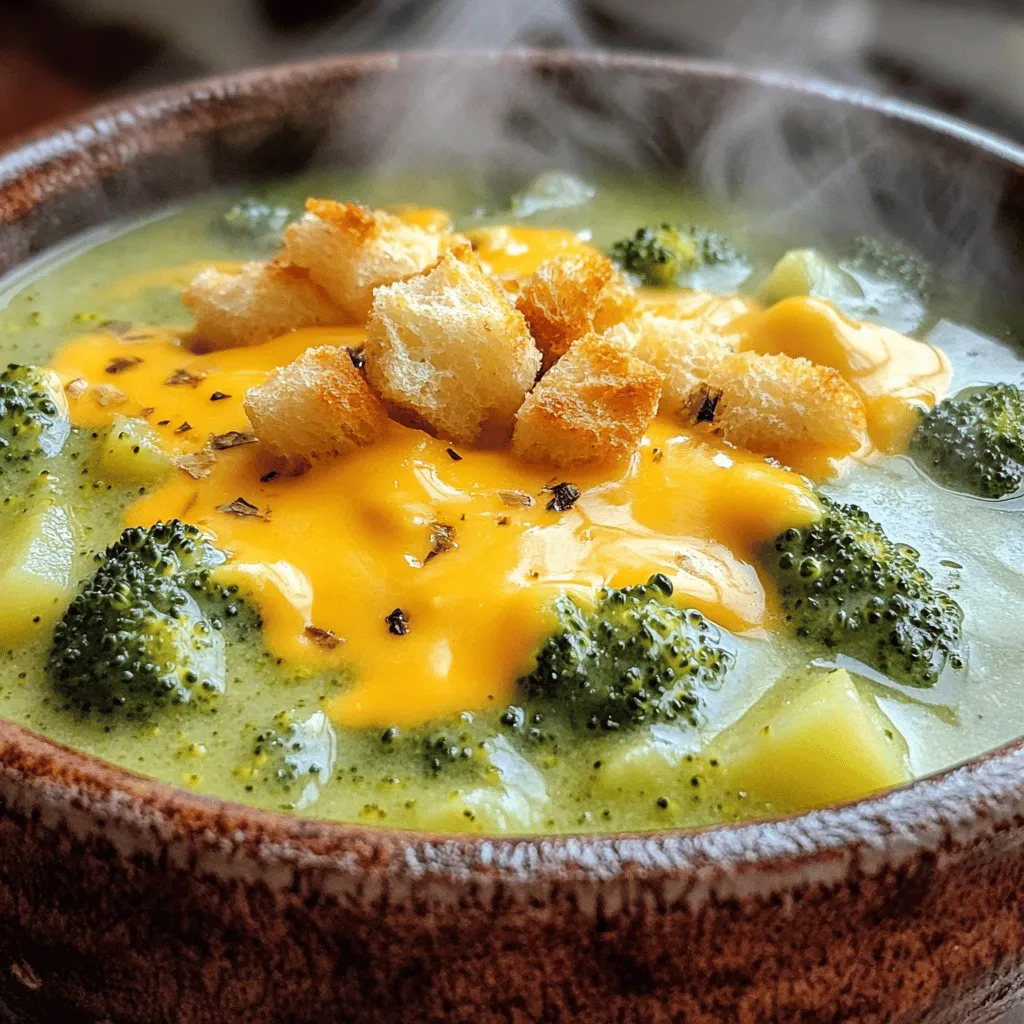 To make this soup, you need a few fresh ingredients. Here’s what you will need: - 4 cups fresh broccoli florets - 1 cup diced potatoes - 1 small yellow onion, finely chopped - 2 cloves garlic, minced These ingredients form the base of your soup. The broccoli adds color and nutrition. Potatoes make it creamy and hearty. The onion and garlic add depth and flavor. Next, you will need some dairy and seasoning. Here’s the list: - 1 cup shredded sharp cheddar cheese - 1 cup whole milk - 2 tablespoons olive oil - 1 teaspoon salt - ½ teaspoon black pepper - ¼ teaspoon nutmeg The sharp cheddar gives the soup its rich taste. Whole milk adds creaminess. Olive oil helps in cooking the onion and garlic. Salt and pepper enhance the flavors, while nutmeg adds a nice touch. Garnishes can make your soup look great. Here are some you can add: - Croutons - Additional herbs or spices Croutons add a nice crunch. You can also use herbs like parsley or thyme for a pop of color and flavor. This list of ingredients will help you create a warm, tasty bowl of Easy Broccoli Cheddar Soup. For the complete steps on how to prepare it, check the Full Recipe. 1. Sauté onions and garlic Heat olive oil in a large pot over medium heat. Add finely chopped onion. Cook for about five minutes until it turns translucent. Next, add minced garlic. Cook for one more minute until you smell that lovely aroma. 2. Add potatoes and broccoli Now, it’s time to add the diced potatoes and fresh broccoli florets. Pour in the vegetable broth, and sprinkle in salt and pepper. Bring this mix to a boil and watch it bubble. 1. Simmer and blend the soup Once boiling, reduce the heat. Cover the pot and let it simmer for about 15 to 20 minutes. You want the potatoes and broccoli to become tender. After that, take an immersion blender and carefully blend the soup. You can make it smooth or keep it a little chunky, depending on your taste. 2. Incorporate cheese and milk Now, it’s time to add the star ingredients: shredded sharp cheddar cheese and whole milk. Stir them in until the cheese melts. Make sure the soup is warm but don't let it boil again. Taste it and adjust the seasoning if needed. 1. Garnishing and presentation tips Serve your soup hot. For a nice touch, sprinkle croutons on top. They add a delightful crunch. You can also add a sprinkle of fresh herbs for color. 2. Ideal side dishes This soup pairs well with crusty bread or a simple side salad. Enjoy your meal with family or friends. You can find the Full Recipe if you need more details. To boost the taste of your Easy Broccoli Cheddar Soup, try adding spices. A pinch of cayenne pepper gives it a nice kick. You can also add garlic powder for more depth. For cheese, sharp cheddar melts well and makes the soup creamy. You can also mix in some Gruyère for a richer flavor. One common mistake is overcooking the vegetables. This can lead to mushy broccoli. Cook until just tender, about 15-20 minutes. Blending the soup to the right texture is also key. If you want a smooth soup, blend until there are no chunks. For a chunkier version, blend less but make sure to mix well. To make this soup fun for kids, hide extra veggies. You can sneak in some carrots or spinach. They blend well and add more nutrients. For a fun presentation, use quirky bowls or shapes. Try topping the soup with croutons shaped like animals. This makes the meal more exciting for young eaters. For the full recipe, check out the [Full Recipe]. {{image_2}} For a lighter version of broccoli cheddar soup, try using low-fat dairy. You can swap whole milk for skim or almond milk. This will cut calories but keep the soup creamy. You can also add more vegetables. Carrots, cauliflower, or spinach can boost the nutrition. Just chop them small and add them with the broccoli. If you need a gluten-free option, use a gluten-free broth. Most vegetable broths are safe. Check the label to be sure. For a vegan version, skip the cheese and milk. Use cashew cream instead. It adds creaminess without dairy. Nutritional yeast gives a cheesy flavor that many love. Want to play with flavors? Adding spices like paprika or cumin can change the taste. Fresh herbs like thyme or parsley can brighten the soup. For cheese lovers, try different cheeses. Gouda or mozzarella can give a unique twist. Mix them in to see what you like best. Check out the Full Recipe for detailed steps to create your own delicious version! To store your Easy Broccoli Cheddar Soup, let it cool first. Pour the soup into an airtight container. This keeps it fresh in the fridge. You can store it for about 3 to 4 days. When reheating, use a pot over medium heat. Stir often to avoid burning. To freeze your soup, cool it down completely. Use freezer-safe containers or bags. Leave some space at the top for expansion. Your soup can last up to 3 months in the freezer. When you're ready to eat, thaw it in the fridge overnight. Reheat it in a pot, stirring until hot. The soup lasts about 3 to 4 days in the fridge. If you freeze it, it can last for 3 months. Watch for signs of spoilage, such as a sour smell or mold. If you see either, it’s best to toss it. Always trust your senses; they guide you well. Yes, you can make this soup ahead of time. It stores well in the fridge for up to three days. To prepare the soup in advance, follow these best practices: - Cool the soup completely before storing it. - Store it in an airtight container. - Reheat the soup on low heat when ready to serve. Stir often to avoid scorching. Making the soup in advance saves time on busy days. It also allows the flavors to blend, making it even tastier! To achieve a creamier texture in your soup, try these tips: - Add more potatoes to thicken the base. Potatoes break down and create a nice, smooth texture. - Blend the soup longer for a silkier feel. Use an immersion blender for the best results. - Stir in a little cornstarch mixed with cold water. This will help thicken the soup without changing the taste. These tricks will help you get the perfect thickness for your Easy Broccoli Cheddar Soup! This soup pairs well with many side dishes. Here are some great options: - A simple green salad with lemon dressing adds freshness. - Grilled cheese sandwiches provide a classic pairing. The crunch complements the soup's creaminess. - Crispy breadsticks or warm bread are also a good choice. They are perfect for dipping. These sides will elevate your meal and make it even more enjoyable! You learned how to make easy broccoli cheddar soup using fresh ingredients and simple steps. We discussed essential flavors, cooking tips, and ways to customize the recipe for various diets. Remember, storing your soup properly keeps it fresh longer. With these tips, you can enjoy a warm bowl anytime. Experimenting with spices and cheese can make this dish even better. Dive in and create your perfect version!