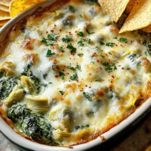 To make this creamy spinach artichoke dip, gather these ingredients: - 1 cup fresh spinach, chopped - 1 cup canned artichoke hearts, drained and chopped - 1 cup cream cheese, softened - ½ cup sour cream - ½ cup mayonnaise - 1 cup shredded mozzarella cheese - ½ cup grated Parmesan cheese - 2 cloves garlic, minced - 1 teaspoon lemon juice - Salt and pepper to taste - Red pepper flakes (optional, for heat) You can swap some ingredients if needed. Here are a few ideas: - Use Greek yogurt instead of sour cream for less fat. - Substitute ricotta cheese for cream cheese for a lighter dip. - If you want a vegan option, try using cashew cream instead of cheese. - Replace mozzarella with a dairy-free cheese for a vegan dip. Using fresh ingredients can make a big difference in flavor. Fresh spinach adds a vibrant taste and texture. Canned artichokes save time and still taste great. However, the quality of canned items matters. Choose high-quality canned artichokes for the best results. Fresh garlic gives a stronger flavor than garlic powder, which can enhance the dip. Overall, fresh ingredients can elevate the dish, but canned ingredients offer convenience without sacrificing too much taste. For the full recipe, check the earlier section! Start by gathering all your ingredients. You need fresh spinach, artichoke hearts, cream cheese, sour cream, and mayonnaise. Also, have shredded mozzarella, grated Parmesan, garlic, lemon juice, salt, and pepper ready. If you want heat, grab some red pepper flakes. 1. Preheat the oven to 350°F (175°C). This step is key for even cooking. 2. In a medium bowl, mix the cream cheese, sour cream, and mayonnaise. Use a spatula for a smooth blend. 3. Add in the spinach and chopped artichoke hearts next. Then toss in the minced garlic and lemon juice. 4. Now, add half of the mozzarella and Parmesan cheese. This will make the dip cheesy and rich. 5. Season the mixture with salt and pepper. If you like, sprinkle in red pepper flakes for some spice. 6. Transfer the mix to a baking dish. Spread it out evenly. This helps it cook evenly too. 7. Top it off with the rest of the mozzarella and Parmesan cheese. This will create a lovely crust when baked. 8. Bake in the oven for 25-30 minutes. You want the cheese to be bubbly and golden brown. - Use room temperature cheese. Softened cream cheese mixes better and melts well. - Don’t skip the preheating. It ensures the dip cooks evenly and becomes bubbly. - Keep an eye on it. Ovens can vary, so check a few minutes before the time is up. - Let it cool slightly before serving. This helps the cheese set nicely for dipping. Follow these steps, and you’ll enjoy a creamy, cheesy spinach artichoke dip that everyone loves. For the full recipe details, check the [Full Recipe]. You can prepare this dip ahead of time. Mix all your ingredients and place them in a dish. Cover it well and store it in the fridge for up to two days. When you’re ready to bake, simply remove it from the fridge. Preheat your oven and bake as directed. If it’s cold, it may need a few extra minutes in the oven. This dip shines as an appetizer. Serve it warm with tortilla chips or sliced baguette. Fresh veggies, like carrots or celery, add a nice crunch. You can also use pita chips for a twist. For a fun touch, sprinkle fresh parsley or extra red pepper flakes on top. This makes it more appealing and colorful. Avoid using cold cream cheese; it won’t mix well. Always soften it first. Don't skip the salt and pepper; they enhance the flavors greatly. Watch the baking time, too. If you leave it too long, the dip may dry out. Lastly, be careful with the garlic. If you add too much, it can overpower the other flavors. For the full recipe, make sure to check the details above. {{image_2}} You can amp up the flavor of your creamy spinach artichoke dip with fun add-ins. Try adding fresh herbs like basil or dill for a bright touch. You can also mix in spices like paprika or cayenne pepper for some heat. A dash of Worcestershire sauce can add a savory depth. Get creative and find what you love! If you're looking to make this dip lighter, there are easy swaps. Use low-fat cream cheese and sour cream instead of their full-fat versions. Greek yogurt is a great substitute for sour cream, adding protein and tang. You can also use less cheese or replace it with nutritional yeast for a cheesy flavor without the fat. Dietary needs can change your dip game. For a vegan version, use cashew cream or a store-bought vegan cream cheese. Replace the mozzarella and Parmesan with vegan cheese. If you're gluten-free, serve your dip with gluten-free crackers or veggies. It's all about making this dish work for you and your guests. For the full recipe, check out the detailed instructions above! To keep your creamy spinach artichoke dip fresh, store it in an airtight container. Make sure the container is clean and dry. If you have any extra dip, cover it tightly to prevent it from drying out. It’s a good idea to let the dip cool to room temperature before sealing it. Your dip will last about 3 to 4 days in the fridge. Check for any signs of spoilage, like an off smell or mold. If it looks or smells funny, throw it out. To keep it tasty, always reheat it gently before serving again. You can freeze this dip for longer storage. Use a freezer-safe container to avoid freezer burn. The dip will stay good for up to 2 months in the freezer. When you’re ready to eat it, thaw it in the fridge overnight. To reheat, warm it in the oven or a microwave until it’s hot and creamy again. Enjoy it just like the first time you made it! For the full recipe, check out the easy steps above. Yes, you can use frozen spinach. Just make sure to thaw it first. Squeeze out any extra water. This helps keep your dip creamy and thick. Frozen spinach is a great time-saver. It also has nutrients similar to fresh spinach. There are many tasty options to serve with your dip! I love using tortilla chips. They add a nice crunch. Sliced baguette works well too. Fresh veggies like carrots and celery are healthy choices. You can even use pita chips for a fun twist. To add some heat, sprinkle in red pepper flakes. Start with a small amount and taste as you go. You can also add diced jalapeños for a fresh kick. If you want more flavor, try using spicy cheese. Make it your own with these simple tweaks! For more details, check out the Full Recipe for creamy spinach artichoke dip. We covered a lot about making a creamy spinach artichoke dip. You learned about key ingredients, cooking steps, and handy tips. Fresh vs. canned ingredients really matter for flavor. I shared flavor add-ins and gave healthier choices. You have options for storing and reheating too. Keep these ideas in mind next time you cook. Choose your ingredients wisely, avoid common mistakes, and have fun! Enjoy sharing your dip with friends and family.