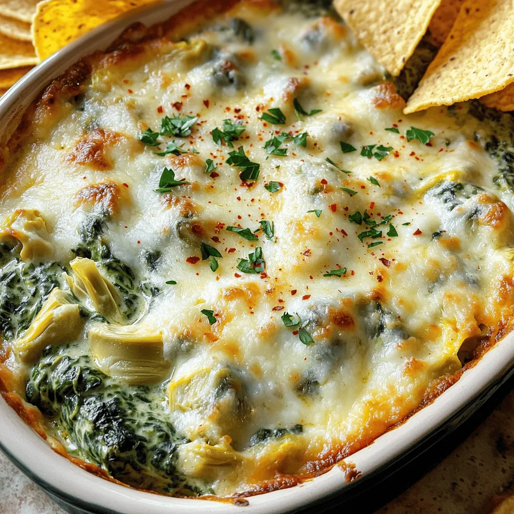 To make this creamy spinach artichoke dip, gather these ingredients: - 1 cup fresh spinach, chopped - 1 cup canned artichoke hearts, drained and chopped - 1 cup cream cheese, softened - ½ cup sour cream - ½ cup mayonnaise - 1 cup shredded mozzarella cheese - ½ cup grated Parmesan cheese - 2 cloves garlic, minced - 1 teaspoon lemon juice - Salt and pepper to taste - Red pepper flakes (optional, for heat) You can swap some ingredients if needed. Here are a few ideas: - Use Greek yogurt instead of sour cream for less fat. - Substitute ricotta cheese for cream cheese for a lighter dip. - If you want a vegan option, try using cashew cream instead of cheese. - Replace mozzarella with a dairy-free cheese for a vegan dip. Using fresh ingredients can make a big difference in flavor. Fresh spinach adds a vibrant taste and texture. Canned artichokes save time and still taste great. However, the quality of canned items matters. Choose high-quality canned artichokes for the best results. Fresh garlic gives a stronger flavor than garlic powder, which can enhance the dip. Overall, fresh ingredients can elevate the dish, but canned ingredients offer convenience without sacrificing too much taste. For the full recipe, check the earlier section! Start by gathering all your ingredients. You need fresh spinach, artichoke hearts, cream cheese, sour cream, and mayonnaise. Also, have shredded mozzarella, grated Parmesan, garlic, lemon juice, salt, and pepper ready. If you want heat, grab some red pepper flakes. 1. Preheat the oven to 350°F (175°C). This step is key for even cooking. 2. In a medium bowl, mix the cream cheese, sour cream, and mayonnaise. Use a spatula for a smooth blend. 3. Add in the spinach and chopped artichoke hearts next. Then toss in the minced garlic and lemon juice. 4. Now, add half of the mozzarella and Parmesan cheese. This will make the dip cheesy and rich. 5. Season the mixture with salt and pepper. If you like, sprinkle in red pepper flakes for some spice. 6. Transfer the mix to a baking dish. Spread it out evenly. This helps it cook evenly too. 7. Top it off with the rest of the mozzarella and Parmesan cheese. This will create a lovely crust when baked. 8. Bake in the oven for 25-30 minutes. You want the cheese to be bubbly and golden brown. - Use room temperature cheese. Softened cream cheese mixes better and melts well. - Don’t skip the preheating. It ensures the dip cooks evenly and becomes bubbly. - Keep an eye on it. Ovens can vary, so check a few minutes before the time is up. - Let it cool slightly before serving. This helps the cheese set nicely for dipping. Follow these steps, and you’ll enjoy a creamy, cheesy spinach artichoke dip that everyone loves. For the full recipe details, check the [Full Recipe]. You can prepare this dip ahead of time. Mix all your ingredients and place them in a dish. Cover it well and store it in the fridge for up to two days. When you’re ready to bake, simply remove it from the fridge. Preheat your oven and bake as directed. If it’s cold, it may need a few extra minutes in the oven. This dip shines as an appetizer. Serve it warm with tortilla chips or sliced baguette. Fresh veggies, like carrots or celery, add a nice crunch. You can also use pita chips for a twist. For a fun touch, sprinkle fresh parsley or extra red pepper flakes on top. This makes it more appealing and colorful. Avoid using cold cream cheese; it won’t mix well. Always soften it first. Don't skip the salt and pepper; they enhance the flavors greatly. Watch the baking time, too. If you leave it too long, the dip may dry out. Lastly, be careful with the garlic. If you add too much, it can overpower the other flavors. For the full recipe, make sure to check the details above. {{image_2}} You can amp up the flavor of your creamy spinach artichoke dip with fun add-ins. Try adding fresh herbs like basil or dill for a bright touch. You can also mix in spices like paprika or cayenne pepper for some heat. A dash of Worcestershire sauce can add a savory depth. Get creative and find what you love! If you're looking to make this dip lighter, there are easy swaps. Use low-fat cream cheese and sour cream instead of their full-fat versions. Greek yogurt is a great substitute for sour cream, adding protein and tang. You can also use less cheese or replace it with nutritional yeast for a cheesy flavor without the fat. Dietary needs can change your dip game. For a vegan version, use cashew cream or a store-bought vegan cream cheese. Replace the mozzarella and Parmesan with vegan cheese. If you're gluten-free, serve your dip with gluten-free crackers or veggies. It's all about making this dish work for you and your guests. For the full recipe, check out the detailed instructions above! To keep your creamy spinach artichoke dip fresh, store it in an airtight container. Make sure the container is clean and dry. If you have any extra dip, cover it tightly to prevent it from drying out. It’s a good idea to let the dip cool to room temperature before sealing it. Your dip will last about 3 to 4 days in the fridge. Check for any signs of spoilage, like an off smell or mold. If it looks or smells funny, throw it out. To keep it tasty, always reheat it gently before serving again. You can freeze this dip for longer storage. Use a freezer-safe container to avoid freezer burn. The dip will stay good for up to 2 months in the freezer. When you’re ready to eat it, thaw it in the fridge overnight. To reheat, warm it in the oven or a microwave until it’s hot and creamy again. Enjoy it just like the first time you made it! For the full recipe, check out the easy steps above. Yes, you can use frozen spinach. Just make sure to thaw it first. Squeeze out any extra water. This helps keep your dip creamy and thick. Frozen spinach is a great time-saver. It also has nutrients similar to fresh spinach. There are many tasty options to serve with your dip! I love using tortilla chips. They add a nice crunch. Sliced baguette works well too. Fresh veggies like carrots and celery are healthy choices. You can even use pita chips for a fun twist. To add some heat, sprinkle in red pepper flakes. Start with a small amount and taste as you go. You can also add diced jalapeños for a fresh kick. If you want more flavor, try using spicy cheese. Make it your own with these simple tweaks! For more details, check out the Full Recipe for creamy spinach artichoke dip. We covered a lot about making a creamy spinach artichoke dip. You learned about key ingredients, cooking steps, and handy tips. Fresh vs. canned ingredients really matter for flavor. I shared flavor add-ins and gave healthier choices. You have options for storing and reheating too. Keep these ideas in mind next time you cook. Choose your ingredients wisely, avoid common mistakes, and have fun! Enjoy sharing your dip with friends and family.
