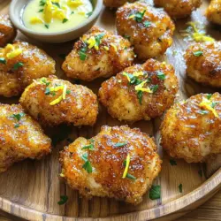 To make your Crispy Lemon Garlic Chicken Bites, gather these simple items: - 1 lb boneless, skinless chicken breasts - 1 cup all-purpose flour - 1 teaspoon salt - 1 teaspoon black pepper - 1 teaspoon garlic powder - 1/2 teaspoon paprika - 1 large egg - 1 cup panko breadcrumbs - 1/4 cup freshly grated Parmesan cheese - 2 tablespoons olive oil - 2 tablespoons lemon juice - Zest of 1 lemon - Fresh parsley (for garnish) These ingredients work together to create a crunchy, flavorful bite that everyone will love. The chicken breasts are the star. They offer a tender base for the crispy coating. The flour, salt, pepper, garlic powder, and paprika blend to season the chicken perfectly. Panko breadcrumbs create that amazing crunch. They are lighter than regular breadcrumbs. This ensures your chicken bites stay crispy, even after cooking. The egg helps the coating stick, giving you a nice, even layer. Lemon juice and zest add a bright flavor. They brighten the dish and enhance the taste of the chicken. Fresh parsley adds a pop of color and a fresh taste when you serve. For the full recipe, check out the detailed steps. Enjoy making these delightful chicken bites! - Marinating the Chicken Start by placing the chicken pieces in a medium bowl. Add lemon juice and lemon zest. Sprinkle in a pinch of salt. Mix well and let it sit for 15-20 minutes. This step helps the chicken soak up the bright lemon flavor. Marinating makes the bites juicy and tasty. - Setting Up Breading Station Next, set up your breading station. You will need three bowls. In the first bowl, mix flour with salt, black pepper, and garlic powder. In the second bowl, whisk one egg. The last bowl holds panko breadcrumbs mixed with grated Parmesan cheese. This setup is key for a perfect coating. - Bread the Chicken Now it's time to bread the chicken. Take each piece from the marinade. First, coat it in the flour mixture, making sure it’s fully covered. Then, dip it in the egg, letting any extra drip off. Finally, roll it in the panko breadcrumb mix. Repeat this for all chicken pieces. This layer gives a wonderful crunch. - Cooking in Skillet Heat olive oil in a large skillet over medium-high heat. Once the oil is hot, add the breaded chicken bites in a single layer. You may need to do this in batches. Cook for 4-5 minutes on each side. Look for a golden brown color. Make sure the chicken is fully cooked inside. - Draining and Garnishing After cooking, transfer the chicken bites to a plate lined with paper towels. This step helps remove extra oil. Finally, sprinkle fresh chopped parsley on top for a pop of color and flavor. Your crispy lemon garlic chicken bites are ready to enjoy! For more detailed guidance, check out the Full Recipe. To get that perfect crispy coating, start with your chicken pieces. Marinate them in lemon juice and zest. This adds flavor and helps the coating stick. Use panko breadcrumbs for crunch. They are lighter and crispier than regular breadcrumbs. Mix them with Parmesan cheese for extra flavor. Make sure to coat each piece well. First, dip in the flour mix. Then, the egg, and finally, the panko. Don't rush this step. Let excess egg drip off before rolling in panko. This ensures an even coating. When cooking, heat your oil until it's hot. This helps achieve that golden brown color. Place the chicken pieces in a single layer. Avoid crowding the pan. If you add too many at once, they will steam instead of fry. Cook for about 4-5 minutes on each side. This keeps the chicken juicy inside while getting a nice crust outside. You can add more spices to the flour mix for depth. Try adding cayenne for heat or Italian herbs for a twist. Even a pinch of cumin can give it a warm flavor. Experiment to find your favorite spice blend. Using fresh ingredients makes a big difference. Fresh lemon juice brightens the dish. Fresh parsley adds a pop of color and flavor. Quality ingredients enhance your meal. Always choose fresh over dried when possible. This will elevate your crispy lemon garlic chicken bites. For the full recipe, check out the detailed instructions above. {{image_2}} If you want to make this dish a bit different, consider these options. - Gluten-Free Option: You can use almond flour or a gluten-free all-purpose flour instead of regular flour. This change keeps the crispy texture while making it gluten-free. Check that your panko breadcrumbs are gluten-free as well. - Different Cheese Choices: Parmesan is great, but you can try other cheeses too. Pecorino Romano adds a sharper taste. For a milder flavor, use mozzarella. Just remember to adjust the amount to keep the balance. Pairing these chicken bites with the right dips or sides makes them even better. - Pairing with Dips and Sauces: Serve with a zesty lemon aioli or a spicy sriracha mayo. Both add a fun twist. You can also go classic with ranch dressing or honey mustard. Each dip enhances the flavor. - Serving with Side Dishes: These bites go well with a fresh salad or roasted veggies. You can also serve them with garlic bread or rice. Each side adds a new flavor and fills out the meal nicely. For the full recipe, check the earlier section! To keep your crispy lemon garlic chicken bites fresh, place them in an airtight container. Ensure the container is sealed tightly to lock in moisture and flavor. Store the container in the refrigerator. They stay good for about 3-4 days. If you want to keep them longer, consider freezing them. Place the chicken bites in a freezer-safe bag. Remove as much air as possible before sealing. They can last in the freezer for up to 2 months. When you’re ready to enjoy leftovers, reheating properly is key to keeping them crispy. The best method is to use an oven or an air fryer. Preheat your oven to 375°F (190°C). Place the chicken bites on a baking sheet lined with parchment paper. Heat them for about 10-15 minutes, flipping halfway. If using an air fryer, set it to 375°F (190°C) and cook for about 5-7 minutes. This method revives their crunchiness. Avoid using the microwave, as it makes them soggy. For more detailed instructions on making these bites, check out the full recipe. How do you ensure the chicken bites are juicy inside? To keep your chicken bites juicy, marinate them first. Use lemon juice and zest to add flavor. Let the chicken sit for 15 to 20 minutes. This helps it absorb moisture and flavor. When cooking, don't overcook them; aim for a golden brown outside. Can I use chicken thighs instead of breasts? Yes, you can use chicken thighs! They are often juicier and have more flavor. Just make sure to cut them into bite-sized pieces like the breasts. The cooking time may be similar, so check for doneness. How long do the chicken bites stay fresh in the fridge? These chicken bites can last in the fridge for about three days. Store them in an airtight container. This keeps them fresh and safe to eat. You can reheat them later for a tasty snack! What is the best oil for frying? The best oil for frying is one with a high smoke point. I recommend using vegetable oil or canola oil. Olive oil works too, but it can burn at high temps. Choose what you like best for flavor. Can these chicken bites be baked instead of fried? Yes, you can bake these bites! Preheat your oven to 400°F. Place them on a baking sheet and spray with cooking oil. Bake for about 20-25 minutes. Turn them halfway for even cooking. They won’t be as crispy, but they’ll still taste great! You can find the full recipe for more details. In this blog post, we explored how to make delicious chicken bites. We covered the key ingredients, detailed preparation steps, and shared cooking tips for perfect results. You learned about variations, storage tips, and answered common questions. Remember, the right ingredients and techniques help you create mouthwatering bites. Enjoy experimenting and sharing your tasty creations!