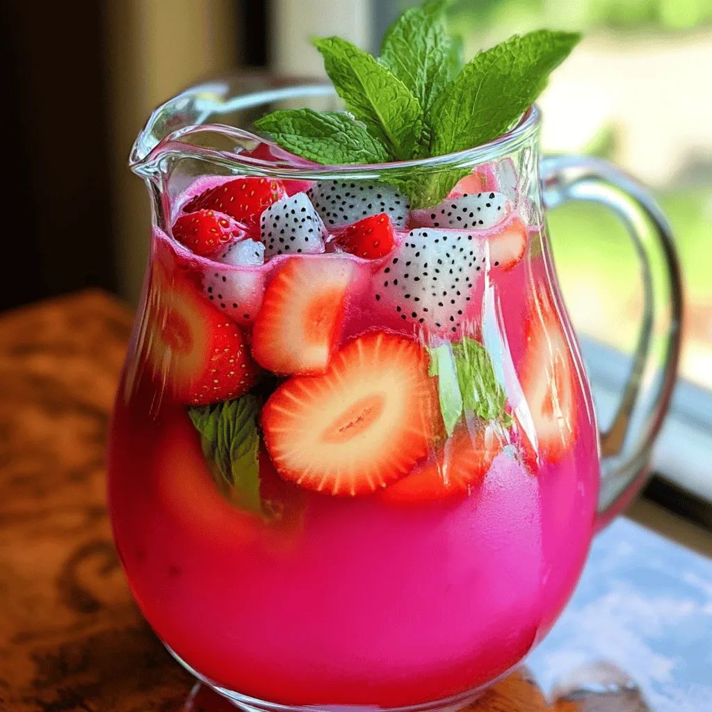 - 1 cup strawberries, hulled and sliced - 1 medium dragon fruit, peeled and diced - 4 cups water - 2 tablespoons agave syrup - 1 tablespoon lime juice These main ingredients make the base for your Strawberry Dragon Fruit Agua Fresca. Fresh strawberries give a sweet and tangy taste. Dragon fruit adds a unique texture and a bright color. - Ice cubes - Fresh mint leaves for garnish Adding ice cubes keeps your drink cool and refreshing. A sprig of mint on top adds a nice touch. It also enhances the aroma, making each sip more delightful. - Alternative sweeteners - Additional fruits for blending You can use other sweeteners if you prefer. Honey or maple syrup works well. Want to experiment? Try adding other fruits like mango or pineapple for a twist. They will blend beautifully with the dragon fruit and strawberries. For the full recipe, check the section above. - Step 1: Blend strawberries and dragon fruit Start by adding 1 cup of sliced strawberries and 1 medium diced dragon fruit into a blender. Pour in 2 cups of water. Blend this mix on high until it's smooth and creamy. The colors should be bright and inviting. - Step 2: Strain the mixture Next, set up a fine mesh sieve over a large pitcher. Pour the blended mix into the sieve. Use a spatula to push the liquid through while leaving the pulp behind. This step makes your agua fresca silky and refreshing. - Step 3: Combine with remaining ingredients Once strained, add 2 more cups of water to the pitcher. Then mix in 2 tablespoons of agave syrup and 1 tablespoon of lime juice. Stir everything together until well combined. - Serve over ice Fill tall glasses with ice cubes. Pour the chilled agua fresca over the ice. This drink is best enjoyed cold on a warm day. - Garnish with mint leaves To add a touch of beauty, garnish each glass with fresh mint leaves. This not only looks great but also adds a fresh aroma. - Taste testing and modifications Before serving, give your agua fresca a taste. If you want it sweeter, add more agave syrup. Stir well and taste again. Adjust until it’s just right for you. Enjoy making it your own! Use fresh strawberries and dragon fruit for the best taste. Look for bright red strawberries. They should be firm and free from soft spots. For dragon fruit, select one with vibrant skin. It should feel slightly soft when you press it gently. To get a smooth drink, blend the fruit well. Start by adding strawberries and dragon fruit to the blender. Use two cups of water for easy blending. Blend on high until it looks creamy. If your mixture is too thick, add more water before blending again. Taste your agua fresca after mixing in the lime juice and agave syrup. If it needs more lime, add a little more juice. If it’s not sweet enough, stir in more agave syrup. Adjust these flavors to fit your taste. Enjoy experimenting until it’s just right! {{image_2}} You can change up the fruits in this recipe for new flavors. Try using mango, pineapple, or kiwi. Each fruit brings its own taste and color. For a berry twist, add blueberries or raspberries. These fruits all blend well with strawberries and dragon fruit. Feel free to mix and match. You might find a combo you love even more! If you want to make this drink vegan, switch the sweeteners. Instead of agave syrup, use maple syrup or coconut sugar. Both choices work well and keep the drink plant-based. Just remember to adjust the amount based on how sweet you like it. Taste as you go, and find your perfect balance! If you enjoy a bit of heat, consider adding jalapeño or ginger. A few slices of jalapeño can bring a fun, spicy kick. If you prefer ginger, grate a small piece and mix it in. Both options add a unique twist to the refreshing taste. This can make your agua fresca exciting and different. Give it a try if you’re feeling adventurous! To keep your strawberry dragon fruit agua fresca fresh, store it in the fridge. Use a clean glass pitcher or jar with a tight lid. This helps keep out air and light, which can affect taste. If you have leftovers, it’s best to drink them within a couple of days. In the fridge, your agua fresca stays fresh for up to three days. After that, the flavors may fade. If you notice any change in smell or color, it’s best to throw it away. Always give it a taste before serving to ensure it's still good. You can freeze agua fresca if you want to save it for later. Pour the mixture into ice cube trays or freezer-safe bags. This way, you can enjoy it for up to three months. When you’re ready to drink, just thaw it in the fridge. You can also blend the frozen cubes into smoothies for a quick treat. Agua fresca is a light, refreshing drink from Mexico. It combines fruit, water, and sometimes sugar. People enjoy it on hot days. The name means "fresh water" in Spanish. Each region has its own version, using local fruits. You can find flavors like hibiscus, tamarind, and cucumber. This drink is perfect for gatherings. It’s easy to make and very tasty! Yes, you can make this drink ahead of time. Prepare it in the morning for later. Store it in the fridge for up to three days. Keep it in a sealed container. The flavors will blend well over time. Just remember to stir it before serving. If it separates, that's normal. Strawberry Dragon Fruit Agua Fresca is healthy and refreshing. Strawberries are high in vitamin C and fiber. Dragon fruit is low in calories and packed with antioxidants. This drink is hydrating, especially in hot weather. Using agave syrup keeps it natural. You can adjust sweetness to fit your taste. Overall, this drink is a nutritious choice for everyone! You’ve learned how to make a refreshing Strawberry Dragon Fruit Agua Fresca. We covered the simplest ingredients and steps. This drink is tasty and easy to customize. Don’t forget to try different fruits or adjust the sweetness to your liking. Store any leftovers properly to enjoy later. Experiment with flavors to find your favorite twist. This drink can be a fun addition to your menu. Enjoy making this drink for yourself and friends.