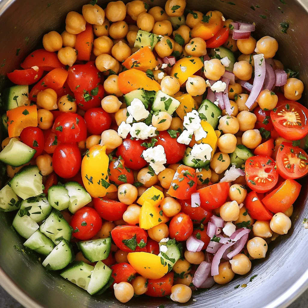 To make a great Mediterranean chickpea salad, you need some key ingredients. First, grab a can of chickpeas. These little beans pack a protein punch. Next, gather fresh vegetables like cherry tomatoes, cucumber, bell peppers, and red onion. Each adds color and crunch to the dish. Don’t forget Kalamata olives and feta cheese. These ingredients give the salad a true Mediterranean flavor. Now, let’s talk about the pantry staples. You will need olive oil and lemon juice for dressing. These two ingredients add richness and tang. For seasoning, grab dried oregano, salt, and pepper. They bring out the best flavors in your salad. If you want to elevate your salad, consider some optional garnishes. Fresh parsley adds a pop of color and freshness. You can also add extra feta or olives for a tasty topping. These small additions can make your salad even more enjoyable. For the complete list of ingredients, check the Full Recipe. Start by draining and rinsing the chickpeas. This step removes the canning liquid and excess salt. Rinse them under cold water in a strainer. Let the chickpeas sit to drain while you prepare the veggies. Next, chop your vegetables. Cut the cherry tomatoes in half. Dice the cucumber into small pieces. Finely chop the red onion. Dice the bell peppers into bite-sized chunks. Each vegetable adds its own taste and texture. In a large bowl, combine the chickpeas and chopped vegetables. Add the Kalamata olives for a salty kick and the crumbled feta cheese for creaminess. This mix is colorful and full of flavor. In a small bowl, whisk together the dressing. Use the olive oil, lemon juice, dried oregano, and a pinch of salt and pepper. Whisk until everything is well combined. This dressing brightens the salad and ties all the flavors together. Pour the dressing over the salad mixture. Gently toss everything until each piece is coated. Be careful with the feta; you want it to stay chunky for texture. Allow the salad to sit for about 10-15 minutes. This wait lets the flavors meld and become even more delicious. Before serving, garnish with freshly chopped parsley. This adds a pop of color and freshness. Enjoy your Mediterranean Chickpea Salad! For the full recipe, refer to the earlier section. To keep your Mediterranean chickpea salad fresh, start with ripe vegetables. Look for tomatoes that are bright and firm. Choose cucumbers that are crisp and shiny. Bell peppers should be colorful and without blemishes. Fresh veggies add a lot of flavor. Letting your salad sit before serving helps the flavors blend. After mixing, let it rest for about 10-15 minutes. This waiting time allows the dressing to soak into the veggies. You will notice a big difference in taste. You can enhance the flavor of your salad by experimenting with herbs. Try adding fresh basil or mint for a new twist. These herbs can change the taste profile and add freshness. Adjust the seasoning to your liking as well. Sometimes a pinch more salt or a dash of pepper is all you need. Taste as you go to get it just right. For serving, think about how you can make your salad stand out. Use vibrant bowls that match the bright colors of the salad. This makes the dish look more inviting. You can also layer the ingredients for a beautiful display. Adding a sprinkle of fresh parsley on top gives it a nice finishing touch. Remember, we eat with our eyes first! For the full recipe, check out the Mediterranean Chickpea Salad recipe provided! {{image_2}} You can add grilled chicken or shrimp to this salad for a protein boost. Both options add great flavor and keep you full longer. If you want something plant-based, quinoa is a good choice. It gives the salad a nice texture and adds protein too. For a vegan twist, try substituting feta with vegan cheese. This keeps the salad creamy and delicious without dairy. You can also add more plant-based ingredients like avocados. They add healthy fats and a rich taste to the mix. To make your salad even more Mediterranean, incorporate staples like sun-dried tomatoes or artichokes. These add a burst of flavor and a touch of authenticity. You can also try different olives, like green olives or Castelvetrano, for various taste profiles. Each type of olive brings its unique character to the dish. For the full recipe, check out the Mediterranean Chickpea Salad. To keep your Mediterranean Chickpea Salad fresh, place it in a sealed container. Glass or plastic containers with lids work best. Avoid leaving it out at room temperature for too long. Store any leftover salad in the fridge right away. This keeps the flavors bright and the veggies crisp. In the fridge, this salad lasts about three to four days. If you notice any changes in smell or color, it might be time to toss it. Signs that the salad has gone bad include a slimy texture or an off odor. Always trust your senses when deciding if food is still good. You can freeze Mediterranean Chickpea Salad, but some ingredients may change texture. To freeze, pack the salad in an airtight container. Leave some space for expansion. When you're ready to eat, thaw it in the fridge overnight. After thawing, freshen it up with a splash of lemon juice. Enjoy the full recipe [Full Recipe]. Chickpeas are packed with nutrients. They are a great source of protein. One cup of cooked chickpeas has about 15 grams of protein. They also provide fiber, which is good for digestion. Fiber helps keep you full longer. Chickpeas are low in fat, making them a healthy choice. They contain vitamins like B6 and minerals like iron and magnesium. Eating chickpeas can help lower cholesterol. They may also aid in weight management. Overall, chickpeas support heart health and keep your energy steady. Yes, you can make this salad in advance. It actually tastes better after sitting for a bit. To prep ahead, chop your veggies and store them in the fridge. You can mix the dressing separately. Just combine everything when you are ready to eat. This salad keeps well for 2-3 days in the fridge. Make sure to use an airtight container to keep it fresh. If you make it early, let it sit for 10-15 minutes after mixing. This allows the flavors to blend nicely. Mediterranean Chickpea Salad pairs well with many dishes. You can serve it with grilled chicken or fish for a filling meal. It also goes great with pita bread and hummus. Try it alongside a warm bowl of soup for a cozy dinner. For a light lunch, serve it with a simple wrap. You can even enjoy it as part of a larger mezze platter. This salad's fresh flavors complement many foods, making it a versatile dish. Check out the Full Recipe for more ideas! Mediterranean Chickpea Salad is a fresh and healthy dish. It includes chickpeas, fresh veggies, olives, and feta. You mix everything with a simple dressing. Let it chill for the best taste. You can also swap ingredients to make it your own. Try adding protein or different herbs. Remember to store leftovers properly to keep them fresh. Enjoy this salad as a tasty meal or side. It’s easy to make, full of flavor, and great for any occasion.