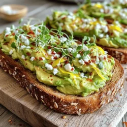 To make simple avocado toast, you need these ingredients: - 2 ripe avocados - 4 slices of whole-grain or sourdough bread - 1 small clove garlic, minced - 1 tablespoon fresh lemon juice - Salt and pepper to taste - 1/4 teaspoon red pepper flakes (optional) - 2 tablespoons feta cheese, crumbled (optional) - Microgreens or arugula for garnish (optional) If you want to change things up, consider these swaps: - Use rye or gluten-free bread instead of whole-grain. - Swap garlic for shallots for a milder taste. - Replace lemon juice with lime juice for a different zing. - Try cottage cheese instead of feta for a lighter option. - Add sliced tomatoes or radishes for extra crunch. Avocado toast is not just tasty; it's also good for you. Here’s a quick look at its benefits: - Calories: About 200-250 per serving, depending on toppings. - Healthy Fats: Avocados are rich in monounsaturated fats. - Fiber: This dish is high in fiber, which helps digestion. - Vitamins: Packed with vitamins E, C, K, and B6. - Minerals: Contains potassium and magnesium for heart health. These ingredients make this dish both easy and healthy. You can check the Full Recipe for more details on how to prepare this delicious meal. To start, choose your favorite bread. I recommend whole-grain or sourdough. Take four slices and toast them until they turn golden brown. You can use a toaster or a grill. Toasting makes the bread crispy and adds a nice texture. The crunch pairs well with the creamy avocado. While the bread toasts, grab two ripe avocados. Cut them in half, remove the pit, and scoop the flesh into a bowl. Add one small clove of minced garlic, one tablespoon of fresh lemon juice, salt, and pepper to taste. Mash the mixture with a fork. You can make it smooth or leave it a bit chunky, depending on your preference. This mix is creamy and full of flavor. Once the bread is ready, it's time to assemble. Spread a generous layer of the avocado mixture on each slice of bread. For a kick, you can sprinkle red pepper flakes on top. If you like, add crumbled feta cheese for extra taste. Finish with microgreens or arugula for a fresh look. Each bite is a balance of flavors and textures that you will love. For the full recipe, refer to the earlier section. Pick ripe avocados for the best taste. Ripe avocados feel soft but not mushy. A good test is to gently press the skin with your fingers. If it gives slightly, it’s ready to eat. Look for avocados with dark green skin. Avoid ones with large dents or brown spots. You can also buy avocados that are still firm. Let them ripen at room temperature for a few days. Toasting is key for great avocado toast. Use whole-grain or sourdough bread for extra flavor. Toast the bread until it is golden brown. You can use a toaster, grill, or even a skillet. If you like a smoky flavor, try grilling the bread. For extra crunch, brush the bread lightly with olive oil before toasting. This adds flavor and helps it crisp up nicely. Simple seasonings can elevate your avocado toast. A pinch of salt and pepper is a must. Add minced garlic for a fresh kick. If you like heat, sprinkle on red pepper flakes. For a creamy touch, crumbled feta cheese works wonderfully. Fresh herbs like cilantro or basil can also brighten the dish. Finally, a squeeze of lemon juice adds a zesty finish. For the full recipe, check the section above. {{image_2}} You can use many types of bread for your avocado toast. Whole-grain bread adds fiber and taste. Sourdough gives a nice tang and crunch. Rye bread offers a bold flavor. Gluten-free bread is great for those with allergies. You can even try pita or bagels for a twist. Each bread type changes the taste and texture. The best part of avocado toast is the toppings. You can keep it simple or get creative. Try sliced tomatoes for freshness. Radishes add a nice crunch. A poached egg on top makes it more filling. You can also add nuts for a bit of crunch. Drizzle with balsamic glaze for a sweet touch. Experiment with different toppings to find your favorite! Seasonal fruits and veggies can change your toast game. In spring, try fresh herbs like basil or chives. In summer, add slices of peach or watermelon. Fall calls for roasted pumpkin seeds and a sprinkle of cinnamon. In winter, top with pomegranate seeds for a burst of color. You can adjust your toppings based on what is fresh and in season. This keeps your avocado toast exciting year-round. Check out the Full Recipe for more ideas! If you have leftover avocado mixture, store it in an airtight container. Press plastic wrap against the surface of the avocado to limit air exposure. This method slows down browning. The mixture stays fresh for 1-2 days. Use lemon juice in the mix; it helps keep it green longer. To preserve toast crispness, do not stack it. Place slices on a cooling rack. Covering them traps steam and makes them soggy. If you have leftover toasted bread, store it in a paper bag. This keeps the bread dry without losing its crunch. Toasted bread is best eaten within a day. You can freeze the avocado mixture for later use. Place it in a freezer-safe bag. Remove as much air as possible before sealing. The mixture can last up to 3 months in the freezer. When you're ready to use it, thaw it in the fridge overnight. Stir well before serving. You can use lime juice. It adds a nice zest. Vinegar works too, but it changes the taste. Try apple cider vinegar for a different twist. If you want no acid, skip it altogether. Just remember, lemon juice stops browning. Yes, you can prepare it ahead. Toast the bread first. Keep the avocado mix in a sealed container. Add it just before you eat. This keeps the toast fresh. To keep avocado green, use lemon or lime juice. The acid slows oxidation. You can also cover it tightly with plastic wrap. Press the wrap directly on the avocado mix. This cuts out air and keeps it fresh longer. Avocados are packed with healthy fats. They help your heart. They also contain fiber, which aids digestion. Plus, avocados have vitamins like E and K. These are good for skin and bones. Eating them may lower bad cholesterol levels too. The best way is to use a fork. Start with ripe avocados for easy mashing. Press down gently and twist the fork. Keep mashing until you like the texture. Smooth or chunky, it’s up to you. A potato masher works well too. For a creamy mix, use a blender. For a complete experience, check out the Full Recipe for gourmet avocado toast. In this blog post, we explored how to make perfect avocado toast. We discussed essential ingredients and their alternatives. You learned how to prepare the bread and avocado mixture step by step. We also shared tips on choosing the best avocados and toasting techniques. Variations include different bread types and unique toppings. Finally, we covered storage tips for leftovers. Avocado toast is versatile, fun, and healthy. Enjoy trying new ideas and flavors!