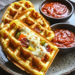 To make these tasty snacks, gather these main ingredients: - 2 cups all-purpose flour - 2 teaspoons baking powder - 1 teaspoon garlic powder - 1 teaspoon Italian seasoning - 1/2 teaspoon salt - 1/4 teaspoon black pepper - 2 large eggs - 1 1/2 cups milk - 1/4 cup melted butter - 1 cup shredded mozzarella cheese - 1/2 cup diced pepperoni - 1/2 cup chopped bell peppers (any color) - 1/2 cup pizza sauce (for dipping) These ingredients blend to create a soft, cheesy batter with a great pizza flavor. You can add a few optional ingredients to boost taste: - 1/2 cup sliced olives - 1/2 cup cooked sausage - 1/4 teaspoon red pepper flakes - Fresh basil or oregano for garnish These extras give you room to play with flavors and textures. Here’s what you need to make pizza stuffed waffle snacks: - Large mixing bowl - Whisk - Waffle iron - Non-stick cooking spray - Measuring cups and spoons Having the right tools helps make cooking easy and fun. For the full recipe, check the details above. To make the batter, start by gathering your ingredients. You need flour, baking powder, garlic powder, Italian seasoning, salt, and black pepper. In a large bowl, mix these dry ingredients well. This step is key for even flavor. Next, take another bowl and beat the eggs. Add milk and melted butter to this mix. Stir until smooth. Now, pour the wet mix into the dry mix. Stir gently until just combined. Make sure not to overmix; lumps are okay. Finally, fold in mozzarella cheese, pepperoni, and bell peppers. This gives your waffles a tasty filling. Preheat your waffle iron according to the instructions. This ensures your waffles cook evenly. Spray the iron with non-stick cooking spray. This makes it easy to remove the waffles later. Now, pour about 1/2 cup of batter onto the iron. This should fill it halfway. Close the lid and cook for about 3-5 minutes. The waffles are done when they are golden brown and crispy. Carefully remove them and set them aside. Repeat this step until all the batter is used. Serve your pizza stuffed waffle snacks warm. They pair great with pizza sauce for dipping. You can also add extra toppings like herbs or cheese if you like. Enjoy each bite of this fun and tasty snack. For the complete recipe, check the Full Recipe section. To get the best texture for your pizza stuffed waffle snacks, focus on your batter. Mix the dry and wet ingredients separately first. When you blend them, stir gently. Overmixing makes the waffles tough. Aim for a smooth batter with small lumps. The right consistency helps them rise and stay soft inside. One common mistake is not preheating the waffle iron. Always preheat it before pouring in the batter. This helps achieve a crispy outside. Another mistake is overcrowding the iron. Use the right amount of batter, about half full, to avoid messy spills. Lastly, don’t skip the non-stick spray. It keeps your waffles from sticking. Seasonings make a big difference in taste. You can add more Italian seasoning or garlic powder for extra flavor. Try mixing in crushed red pepper flakes for a spicy kick. Fresh herbs like basil or oregano can also boost flavor. Just remember, balance is key. Too much seasoning can overpower the pizza taste. For full instructions on making these delicious snacks, check the [Full Recipe]. {{image_2}} You can change the filling to suit your tastes. Instead of pepperoni, try cooked sausage or diced ham. For a veggie twist, use mushrooms, olives, or spinach. Even grilled chicken works great! You can also mix in some jalapeños for a spicy kick. The options are endless, so get creative with what you love! Toppings can make your pizza stuffed waffle snacks even better. Try adding fresh basil or arugula on top. A drizzle of ranch dressing or hot sauce can add extra flavor. You can also sprinkle grated Parmesan cheese for a classy touch. Get your family involved and let them choose their favorite toppings! Cheese is key to a great pizza snack. While mozzarella is classic, you can mix things up with other cheeses. Cheddar adds a sharp taste, while gouda gives a smokier flavor. For something unique, try feta or goat cheese. Each cheese will change the taste, so don’t be afraid to experiment. To keep your pizza stuffed waffle snacks fresh, place them in an airtight container. Let them cool completely before storing. You can keep them in the fridge for up to three days. If you want to eat them later, storing them correctly helps maintain their taste and texture. When you want to enjoy your leftovers, reheating is key. The best method is using an oven. Preheat your oven to 350°F (175°C). Place the waffles on a baking sheet and heat for about 10 minutes. This method keeps them crispy. You can also use a toaster oven for faster reheating. Avoid the microwave, as it can make them soggy. If you want to save your pizza stuffed waffle snacks for later, freezing is a great choice. Allow them to cool completely. Wrap each waffle in plastic wrap and then place them in a freezer bag. This method keeps them fresh for up to three months. To enjoy, just reheat them from frozen in the oven or toaster oven. For the full recipe, check the details above! Yes, you can prepare the batter ahead of time. Store it in the fridge for one day. Make the waffles fresh when ready to serve. This keeps them crispy and tasty. To reheat, use an oven or toaster oven. Preheat to 350°F (175°C). Place the waffles on a baking sheet. Heat for about 5 to 10 minutes. This keeps them warm and crisp. Yes, you can use gluten-free flour instead of all-purpose flour. Look for a 1:1 gluten-free flour blend. This works well in the recipe. Your waffles will still taste great! You can find pre-made versions in some grocery stores. Look in the frozen snack aisle. Many local pizzerias may offer them as well. Check online for local options too. If you want to make them fresh, try the full recipe at home! You learned how to make pizza stuffed waffle snacks from scratch. We covered the main ingredients needed, along with options for more flavor. I shared tips for perfecting your waffles and avoiding common mistakes. You also discovered fun variations and how to store leftovers. Get creative with your toppings and fillings. Try different cheeses for unique tastes. Enjoy your delicious snacks, and make it a fun cooking adventure!