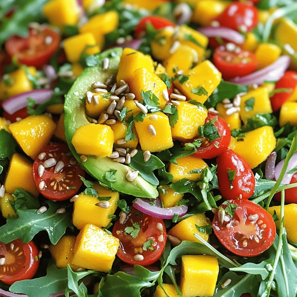 - 1 ripe mango, diced - 2 avocados, diced - 1 cup cherry tomatoes, halved - 1 cup arugula or baby spinach - ½ cup red onion, thinly sliced - 1 red bell pepper, diced - ¼ cup sunflower seeds or pumpkin seeds - 2 tablespoons fresh cilantro, chopped - 2 tablespoons lime juice - 1 tablespoon olive oil - Salt and pepper to taste The main ingredients in this salad create a bright and fresh flavor. The ripe mango brings sweetness, while the creamy avocados add richness. Cherry tomatoes add a pop of color and a juicy bite. You can use arugula or baby spinach based on your taste. Both greens give a nice base for the salad. For additional crunch and flavor, I love adding red onion and red bell pepper. These ingredients not only enhance the texture but also add nutrients. Sunflower seeds or pumpkin seeds give that extra crunch, making every bite delightful. Fresh cilantro ties it all together with a burst of flavor. The dressing is simple yet effective. Lime juice and olive oil balance tanginess and smoothness. A pinch of salt and pepper elevates the taste. You can find the complete recipe under "Full Recipe." Enjoy gathering these fresh ingredients. They make this power salad a vibrant and healthy delight! - Combine diced mango and avocados in a large salad bowl. - Add cherry tomatoes, arugula (or spinach), red onion, and red bell pepper. Start by dicing the mango and avocados into bite-sized pieces. This makes them easy to mix. Next, slice the cherry tomatoes in half. If using arugula or spinach, make sure they are fresh. Thinly slice the red onion and dice the red bell pepper. All these colors will make your salad pop! - Whisk lime juice, olive oil, salt, and pepper in a small bowl. In a small bowl, add the lime juice and olive oil. Use a whisk to mix them well. Then, add salt and pepper to taste. This simple dressing brings everything together. The lime juice adds a zesty touch that complements the fruit. - Drizzle dressing over salad ingredients and toss gently. - Top with sunflower seeds (or pumpkin seeds) and chopped cilantro. Once your dressing is ready, drizzle it over the salad. Toss gently so you don’t mash the avocado or mango. Finally, sprinkle the sunflower seeds on top for crunch. Add chopped cilantro for a fresh, herbal note. For the full recipe, check out the detailed steps above. Enjoy your vibrant, healthy meal! When picking mangoes, look for ones that are slightly soft. A ripe mango has a sweet scent. Check for a bright, golden color. Avoid mangoes with dark spots or wrinkles. For avocados, choose ones that yield to gentle pressure. They should feel smooth and firm. Green avocados are not ripe yet. If you find some hard ones, leave them out for a day or two to ripen. Cherry tomatoes are great in this salad. Use fresh ones for the best taste. If fresh ones are hard to find, canned cherry tomatoes work too. Just make sure to drain them well before adding. The dressing makes your salad pop. Start with the lime juice. Adjust it until you find the right tartness for your taste. If you love a strong flavor, add more lime juice. If you prefer it milder, use less. Next, add olive oil for richness. Mix it in with the lime juice. Taste as you go. This is your chance to make it just right. Season with salt and pepper to enhance the taste. A little bit goes a long way. This salad is a star on its own, but you can make it even better. Pair it with grilled chicken for a filling meal. Shrimp also works well; it adds a nice touch. Both proteins add flavor and make your salad more nutritious. For a lighter option, enjoy it as a side dish. This fresh salad complements many main dishes. Whether you’re having fish or steak, it’s sure to impress. Don’t forget to check the full recipe for more details! {{image_2}} You can customize your salad easily. If you don’t have arugula, try kale or mixed greens instead. These greens add a nice crunch and taste. You can also swap sunflower seeds for other seeds or nuts. Almonds or walnuts work great for added texture. Want a kick? Add sliced jalapeños for a spicy twist. They bring heat and flavor. Another great option is to mix in feta cheese. This cheese adds a nice tang and creaminess to the salad. It pairs well with the sweetness of the mango and creaminess of the avocado. Boost the nutrients by adding superfoods. Options like chia seeds or hemp hearts offer extra vitamins and minerals. You can also toss in beans for more protein and fiber. Black beans or chickpeas are tasty choices. They make the salad filling and hearty. For the full recipe, check out the [Full Recipe]. To keep your Mango Avocado Power Salad fresh, store it in an airtight container. This helps prevent the salad from wilting. You can refrigerate it for up to two days. After that, the avocados may brown and the flavors could fade. If you have a busy schedule, you can prep this salad ahead of time. Chop all the veggies and fruit, then store them in a container. Keep the dressing separate until you are ready to eat. This way, the salad stays crisp and fresh. I do not recommend freezing the salad. Freezing can change the texture of the avocado and mango. However, you can freeze some ingredients, like the diced mango. Just make sure to use a freezer-safe bag. When you're ready to use it, thaw it in the fridge overnight. What is the nutritional value of Mango Avocado Power Salad? This salad is packed with nutrients. Each serving offers vitamins A and C, healthy fats, and fiber. The mango gives you a boost of vitamin C. Avocados provide heart-healthy fats, while greens add more vitamins. This blend supports your overall health. How can I make this salad vegan-friendly? The Mango Avocado Power Salad is mostly vegan. Just ensure the olive oil is pure. You can swap honey for maple syrup if you want a sweet dressing. This keeps everything vegan without losing flavor. How long does it take to prepare this salad? You can whip up this salad in just 15 minutes. The quick prep makes it perfect for busy days. You can chop, mix, and serve it fast. Can I use canned mango or avocados instead of fresh? While fresh is best, canned options work in a pinch. Make sure to drain any liquid from the canned fruit. Fresh ingredients always taste brighter and more vibrant, so use them when you can. What can I use instead of lime juice? If you don't have lime juice, try lemon juice instead. It gives a similar tang. You can also use vinegar for a different flavor twist. Can I replace sunflower seeds with nuts? Yes, you can use nuts instead of sunflower seeds. Almonds or walnuts add crunch and flavor. Just chop them up to mix in easily. In this blog post, we explored how to make a fresh and healthy Mango Avocado Power Salad. We covered the main and additional ingredients, detailed step-by-step instructions, and offered helpful tips. You can easily swap ingredients and make this salad fit your taste. In conclusion, this salad is not just tasty; it's also packed with nutrients. Enjoy it as a side or add protein for a full meal. You will love how easy this is to prepare and customize!
