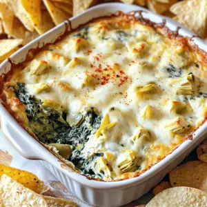The magic of creamy spinach artichoke dip starts with fresh and flavorful ingredients. Here’s what you need: - 1 cup fresh spinach, chopped - 1 cup canned artichoke hearts, drained and chopped - 1 cup cream cheese, softened - 1/2 cup sour cream - 1/2 cup mayonnaise - 1 cup shredded mozzarella cheese - 1/2 cup grated parmesan cheese - 2 cloves garlic, minced - 1 teaspoon onion powder - 1/2 teaspoon crushed red pepper flakes (optional) - Salt and pepper to taste Each ingredient plays a vital role in creating a rich and creamy blend. Fresh spinach brings a touch of color and nutrition. The artichokes add a unique texture and taste. Cream cheese, sour cream, and mayonnaise create that luscious base. The mozzarella and parmesan give it a cheesy stretch and depth. Garlic and onion powder add warmth and flavor. Adjust the crushed red pepper flakes for your desired heat level. For more detailed instructions, check the Full Recipe. - Preheat the oven to 350°F (175°C). - In a large mixing bowl, combine the softened cream cheese, sour cream, and mayonnaise. Beat them until smooth. This step ensures a creamy base. - Next, add the chopped spinach, drained artichoke hearts, shredded mozzarella, grated parmesan, minced garlic, onion powder, and optional crushed red pepper flakes. - Season the mixture with salt and pepper to taste. Mix everything until well combined. This blend holds all the flavors. - Transfer the dip mixture into a baking dish. Spread it out evenly so it cooks well. - Bake in the preheated oven for 25-30 minutes. Look for a bubbly and golden top. - Once done, remove the dish from the oven. Let it cool slightly before serving. Enjoy with tortilla chips, toasted baguette slices, or fresh veggie sticks. For a special touch, garnish with more parmesan cheese or sprinkle red pepper flakes for extra flavor! For the complete recipe, check out the [Full Recipe]. - Ensure cream cheese is softened: Soft cream cheese mixes easily. Take it out early to warm up. - Adjust seasoning to preference: Taste as you go. Add salt, pepper, or garlic for a kick. - Add more cheese for creaminess: Extra mozzarella or parmesan makes the dip richer and tastier. - Pairing with dips and garnishes: A sprinkle of fresh herbs brightens the dip. Try parsley or chives for color. - Best dippers for the dip: Tortilla chips, toasted baguette, or veggie sticks work great. Each adds its own crunch. - Creative serving ideas: Use small bowls for individual servings. Top with more cheese and bake for a fun twist. For the complete guide on making this dip, refer to the Full Recipe. {{image_2}} You can easily adapt this creamy spinach artichoke dip to fit different diets. Here are some ideas: - Gluten-free options: This recipe is naturally gluten-free. Just ensure your dippers, like tortilla chips, are also gluten-free. - Dairy-free substitutions: Use dairy-free cream cheese and sour cream. You can also try cashew cream for a rich texture. - Vegetarian additions: While this dip is vegetarian, you can add more veggies. Try diced bell peppers or mushrooms for extra flavor and texture. Want to mix things up? Here are some fun flavor twists: - Spice it up with jalapeños: Add diced jalapeños for a kick. This gives your dip a nice heat that many will love. - Add proteins like chicken or bacon: Shredded chicken or crumbled bacon elevates this dip. It turns a classic snack into a hearty dish. - Experiment with different cheeses: Swap mozzarella for gouda or cheddar. Each cheese adds its own unique flavor and creaminess. For the full recipe, check out the delicious creamy spinach artichoke dip. To keep your creamy spinach artichoke dip fresh, store it in an airtight container. This method helps lock in flavor and moisture. It lasts about 3 to 4 days in the fridge. Always check for any off smells before using leftovers. When reheating, aim for low heat to keep the dip creamy. You can use the oven, microwave, or stovetop. Stir often to avoid burning. If you want to freeze it, you can! Just store it in a freezer-safe container. It lasts about 2 to 3 months in the freezer. Thaw it in the fridge overnight before reheating. For the best taste, enjoy it fresh! You can find the full recipe for creamy spinach artichoke dip to whip this up. Can I make this dip ahead of time? Yes, you can make this dip ahead of time. Just prepare it, cover it, and store it in the fridge. When you’re ready to serve, bake it as directed in the Full Recipe. This makes it great for parties! What can I substitute for sour cream? You can use Greek yogurt as a healthy swap for sour cream. It gives a nice tang and creamy texture. Cream cheese can also work if you want a thicker dip. How can I make it spicier? Add more crushed red pepper flakes or diced jalapeños to the mix. You can also use hot sauce or pepper jack cheese for an extra kick. Adjust the spice to your taste! Is this dip healthy? It depends on your diet. This dip has cheese and cream, so it is rich. You can make it healthier by using low-fat ingredients. Adding fresh veggies can also boost its nutrition. How to serve creamy spinach artichoke dip? Serve this dip warm for the best taste. Use tortilla chips, toasted baguette slices, or veggie sticks for dipping. You can also top it with more cheese or fresh herbs for flair. What are the best sides for this dip? Tortilla chips and pita bread work great. Fresh veggies like carrots and celery add crunch. You can also try crackers or toasted bread slices for variety. Can I include other vegetables? Yes! You can add chopped bell peppers, mushrooms, or zucchini. Just make sure to drain any excess moisture to keep the dip creamy. Feel free to experiment! This blog post shared a simple and tasty recipe for creamy spinach artichoke dip. I explained the key ingredients and step-by-step instructions for making it. You also learned helpful tips for perfecting the dip and creative ways to serve it. If you want to adapt the recipe, I covered different variations and dietary options. Lastly, I included storage and reheating tips. Enjoy this dip at your next gathering or just as a snack. Try making it your own with different flavors!