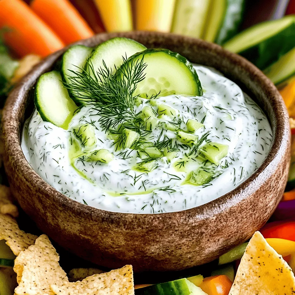 - 1 large cucumber - 2 tablespoons fresh dill - 1 garlic clove - 1 tablespoon lemon juice - 1 cup plain Greek yogurt - 1 teaspoon olive oil - Salt and pepper to taste Choosing the right cucumber is key for this dip. Look for firm, smooth cucumbers without blemishes. Fresh dill gives the best flavor. If you can’t find fresh dill, dried dill works too but won’t taste as bright. For the yogurt, use full-fat Greek yogurt to ensure a rich and creamy texture. Low-fat versions can be thinner and less tasty. To start, you need to grate the cucumber. Use a box grater or a food processor for this task. Grate the cucumber into a bowl, making sure to get all the green skin for flavor. Next, you must squeeze out the moisture. Take the grated cucumber and place it in a clean kitchen towel or cheesecloth. Gather the edges and twist it to squeeze out as much water as possible. This step is key. If you skip it, your dip will be watery. Now, it's time to mix. In a medium bowl, combine one cup of plain Greek yogurt with the squeezed cucumber. Stir them together well until they are fully blended. Then, add in your fresh dill, minced garlic, lemon juice, and olive oil. Mix everything until it looks smooth and creamy. The dill adds a fresh taste that makes this dip special. Season your dip with salt and pepper to taste. Start with a pinch of each and adjust as needed. Taste as you go to find the perfect balance. For the best flavor, chill the dip in the refrigerator for at least 30 minutes. This resting time helps the flavors meld together. While you wait, get ready to serve it with fresh veggies or pita chips for a tasty snack. You can find the full recipe for this delightful dish above. To make your Cucumber Dill Yogurt Dip smooth, start by draining the cucumber. Excess moisture can make your dip runny. Grate the cucumber and then squeeze it in a clean kitchen towel. This step is key for a perfect texture. If you want a creamier dip, you can also add a bit of sour cream or cream cheese. Both options will add richness and depth to your dip. To boost your dip's flavor, think about adding spices. A pinch of cumin or smoked paprika can add warmth. You can also try fresh herbs like mint or parsley for a twist. Adjust the acidity with lemon juice for a bright taste. This small change can lift the overall flavor. Taste your dip and adjust until it sings! This dip is super versatile! Serve it with fresh vegetables like carrots, celery, or bell peppers. Pita chips also make a crunchy pairing. You can even spread it on sandwiches for a tasty twist. It adds a fresh flavor that brightens up any meal. Get creative and enjoy this delightful dip in many ways! For more detailed steps, check out the Full Recipe. {{image_2}} You can make this dip lighter by using low-fat yogurt. It keeps the flavor while cutting some calories. You might also try adding avocado. This fruit gives a creamy texture without extra dairy. Just mash it well and mix it in with your yogurt. Want to switch up the taste? Try using different fresh herbs. Mint or parsley can add a fun twist. You can also boost the flavor with spices. A bit of cumin or smoked paprika can add warmth and depth. Just sprinkle in a little to find your perfect balance. If you need gluten-free options, serve this dip with fresh veggies or gluten-free crackers. For a vegan version, swap the yogurt for a plant-based alternative. Many brands offer great coconut or almond yogurts that work well. These choices let everyone enjoy this dip! Store your Cucumber Dill Yogurt Dip in an airtight container. This keeps the dip fresh and tasty. It can last in the fridge for about 3 to 5 days. Always check for any signs of spoilage before eating. You can freeze Cucumber Dill Yogurt Dip, but it may change texture. To freeze, place the dip in a freezer-safe container. Leave some space at the top for expansion. When you're ready to use it, thaw it in the fridge overnight. Mix well before serving for the best flavor. If you have leftovers, try using them in a salad dressing or as a spread on sandwiches. You can also mix it into a pasta salad for extra creaminess. Always store leftovers in the fridge and consume within 3 to 5 days for safety. Remember to check for any off smells or changes in texture before use. Cucumber Dill Yogurt Dip lasts about 3 to 5 days in the fridge. Store it in a tight container to keep it fresh. Over time, the dip may lose some of its crispness. To enjoy the best flavor, try to eat it within three days. Yes, you can make this dip ahead of time. In fact, making it a day before can help the flavors mix better. Just keep it in the fridge in a sealed container. This way, it will be ready when you need it. You can serve this dip with many tasty things. Here are some ideas: - Fresh vegetables like carrots, celery, and bell peppers - Pita chips or tortilla chips - Crackers for a crunchy bite - Use it as a spread on sandwiches or wraps Yes, this recipe is gluten-free. The main ingredients do not contain gluten. Just make sure to check any store-bought items, like chips or crackers, for gluten. Enjoy this dip with confidence on a gluten-free diet. This blog post covered delicious Cucumber Dill Yogurt Dip. We explored fresh ingredients like cucumber, dill, and yogurt. You learned how to prep, mix, and add flavor. We shared tips to elevate the dip’s texture and suggested serving ideas. You can also alter recipes to fit your diet. In summary, making this dip is easy and fun. With fresh ingredients and simple steps, you can impress anyone. Enjoy your dip with friends and family. Remember, small changes can make it unique!