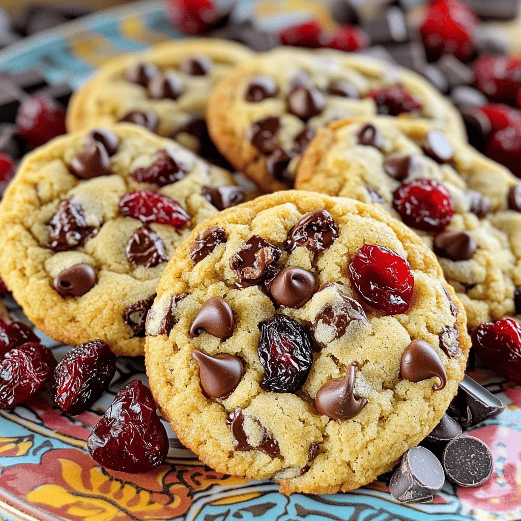 - 1 cup unsalted butter, softened - 1 cup brown sugar, packed - ½ cup granulated sugar - 2 large eggs - 1 teaspoon vanilla extract - 2 ½ cups all-purpose flour - 1 teaspoon baking soda - ½ teaspoon salt - 1 cup dark chocolate chips - 1 cup dried cherries, roughly chopped - ½ cup chopped walnuts (optional) To make these cookies, you need a few key items. I recommend using unsalted butter for a balanced flavor. Brown sugar gives cookies a lovely chew. The granulated sugar adds sweetness. Two eggs bind everything together and help with rise. Flour is your base, and baking soda helps the cookies rise and stay soft. Salt enhances all the flavors. Dark chocolate chips provide a rich taste. Dried cherries add a sweet and tart burst. If you like nuts, walnuts add a nice crunch. - Different types of chocolate (milk, white) - Flavor extract variations (almond, orange) - Additional nuts or seeds You can switch up the chocolate if you want. Milk or white chocolate can make the cookies sweeter. Also, try adding a splash of almond or orange extract. This gives a unique twist. You can also add other nuts or seeds for extra texture. - Mixing bowls - Baking sheets - Parchment paper - Cookie scoop or tablespoon Having the right tools is key. Mixing bowls help you combine ingredients easily. Baking sheets hold the cookies while they bake. Parchment paper keeps them from sticking. A cookie scoop or tablespoon makes it simple to shape the dough. With these ingredients and tools ready, you’re set to make cherry chocolate chewy cookies that are sure to impress! For the full recipe, check out the [Full Recipe]. - Preheat oven to 350°F (175°C) - Line baking sheets with parchment paper Start by preheating your oven. This step ensures even baking. While it warms up, grab your baking sheets and line them with parchment paper. This helps the cookies not stick and makes cleanup easy. - Cream together butter, brown sugar, granulated sugar - Add eggs one at a time and mix well - Stir in the vanilla extract In a big bowl, cream the softened butter, brown sugar, and granulated sugar. Mix until it’s light and fluffy. Next, add the eggs, one egg at a time. Be sure to mix well after each egg. This helps the batter become smooth. Finally, stir in the vanilla extract for an extra kick of flavor. - Whisk flour, baking soda, and salt - Gradually add to the wet mixture In another bowl, whisk together the flour, baking soda, and salt. This step is key for even distribution. Gradually add this mix to the wet ingredients. Stir until just combined. You don’t want to overmix, as this can make your cookies tough. - Fold in dark chocolate chips, dried cherries, and walnuts - Drop rounded balls onto the baking sheet Now, fold in the dark chocolate chips, dried cherries, and walnuts if you’re using them. This adds a great texture and flavor. Using a cookie scoop or tablespoon, drop rounded balls of dough onto the prepared baking sheet. Make sure to leave space between each ball to allow for spreading. - Bake for 10-12 minutes until lightly golden - Cool on the baking sheet for 5 minutes before transferring to a wire rack Pop the baking sheet in the oven. Bake for 10-12 minutes until the edges are lightly golden. The centers may look soft but will firm up as they cool. After baking, let the cookies cool on the baking sheet for 5 minutes. Then, transfer them to a wire rack to cool completely. This helps keep them chewy and delicious. Enjoy your Cherry Chocolate Chewy Cookies! For the complete details, check the Full Recipe. To get that perfect chewy texture, start with your butter. It should be soft but not melted. If your butter is too hard, your cookies may end up dry. Leave it out at room temperature for about 30 minutes before you begin. This helps mix it well with the sugars. Next, do not overmix your dough. Once you add the dry ingredients, mix until just combined. Overmixing can lead to tough cookies. Remember, a little flour showing is okay! Using an oven thermometer is key for great results. Ovens can be off by a lot. An accurate temperature helps your cookies bake evenly. If your oven runs hot or cold, adjust the time or temperature accordingly. Place your baking sheet on the middle rack of the oven. This ensures even heat all around the cookies. It helps them rise nicely and bake without burning on the bottom. For a fun touch, arrange your cookies on a colorful plate. This makes them pop and look more inviting. You can sprinkle a few extra cherries and chocolate chips on top. It adds a nice look and hints at the yummy flavors inside. Enjoying them with a glass of cold milk makes it even better! For the full recipe, check out the detailed instructions above. {{image_2}} You can easily change the flavor of your cherry chocolate chewy cookies. Here are two fun ideas: - Almond cherry chocolate cookies: Add 1 teaspoon of almond extract to the wet mix. The almond flavor pairs well with cherries and chocolate. - Orange zest cherry chocolate cookies: Grate the zest of one orange into the dough. This brightens the flavor and adds a fresh twist. If you have special diet needs, you can still enjoy these cookies. Here are some ways to adjust the recipe: - Gluten-free options using almond flour: Swap out all-purpose flour for almond flour. The cookies will be soft and nutty. - Vegan modifications with egg substitutes: Use ¼ cup of applesauce or a flax egg instead of eggs. Mix 1 tablespoon of ground flaxseed with 2.5 tablespoons of water for each egg. You can change the size and shape of your cookies to fit your needs: - Making mini cookies: Use a smaller cookie scoop for bite-sized treats. Bake for about 8-10 minutes. - Shaping into bars or bites: Press the dough into a lined baking dish. Bake for 15-20 minutes. Cut into bars once cooled for easy serving. For detailed instructions, check the Full Recipe. To keep your cookies fresh, store them in an airtight container. This helps retain their chewy texture. They stay fresh for about 5 to 7 days at room temperature. Enjoy them as a sweet treat throughout the week. Freezing is a great way to keep your cookies longer. To freeze the dough, scoop the cookie balls onto a baking sheet. Freeze them for about two hours until firm. Then, transfer the balls to a zip-top bag or container. They can last up to three months in the freezer. To thaw, place the cookies on a baking sheet for about 30 minutes. You can also bake them straight from the freezer. Just add a minute or two to the baking time. To regain freshness, reheat the cookies in a toaster oven or regular oven. Set the temperature to 300°F (150°C) and heat them for about 5 to 10 minutes. This will make them warm and soft again. Serve them with a glass of cold milk for a perfect treat. Yes, you can use alternatives. Here are some options: - Coconut oil: Use the same amount as butter. - Margarine: This works well, too. - Nut butters: Try almond or peanut butter for a new flavor. To reduce crumbliness, follow these tips: - Use less flour: Start with 2 cups instead of 2 ½ cups. - Add more fat: Increase butter to 1 ¼ cups. - Mix the dough less: Stop mixing as soon as it comes together. If you don’t have cherries, consider these options: - Dried cranberries: They add a nice tartness. - Raisins: They offer sweetness and chewiness. - Dried blueberries: These give a fruity twist. Store the cookies for up to one week at room temperature. - Use an airtight container for best freshness. - You can freeze them for up to three months. - Just thaw them at room temperature before enjoying. For the complete recipe, check out the Full Recipe section. This post covered key ingredients, steps, and tips for baking delicious cookies. You learned how to mix wet and dry ingredients, shape the cookies, and achieve a chewy texture. Remember, you can customize these cookies with various flavors and dietary adjustments. Storing them properly keeps them fresh longer, while reheating revives that just-baked taste. Now, you have all you need to create tasty treats. Enjoy the baking process and share your results with others. Happy baking!