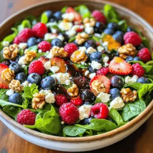 To start this salad, choose your favorite berries. I love using: - 1 cup strawberries, hulled and quartered - 1 cup blueberries, whole - 1 cup raspberries, whole These berries add bright colors and sweet flavors. They are rich in vitamins and antioxidants too. Next, we need some greens for a crisp base. I recommend: - 1 cup baby spinach, washed and dried - ½ cup arugula, washed and dried These greens give the salad a fresh taste and a nice crunch. Now, let's add some creamy and crunchy elements. Use: - ½ cup feta cheese, crumbled - ¼ cup walnuts, toasted and chopped The cheese adds creaminess, and the nuts bring texture and a nutty flavor. Finally, we need a dressing to tie everything together. For this, gather: - 2 tablespoons honey - 2 tablespoons balsamic glaze - 1 tablespoon olive oil - Salt and pepper to taste This dressing gives a sweet and tangy kick to the salad. It makes every bite delightful. For the full recipe, check out Berry Bliss Summer Salad. Start with the mixed berries. If you use strawberries, hull and quarter them. Keep blueberries and raspberries whole. Rinse the berries gently. This keeps them fresh and clean. Next, wash and dry the baby spinach and arugula. Make sure they are dry to avoid soggy greens. Get a large salad bowl. First, place the baby spinach and arugula at the bottom. This forms a nice base for your salad. Then, add the mixed berries on top. Spread them evenly across the greens. Next, sprinkle crumbled feta cheese over the salad. Finally, add toasted walnuts for texture and crunch. In a small bowl, take honey, balsamic glaze, and olive oil. Add a pinch of salt and pepper for flavor. Whisk them together until they mix well. This dressing adds a sweet and tangy taste to the salad. Drizzle the dressing over the salad. Gently toss the salad to coat the greens and berries. Make sure everything gets a bit of dressing. For the final touch, add fresh mint leaves on top. This adds bright color and extra freshness. Serve the salad in a large, shallow bowl. This makes the colorful ingredients stand out beautifully. For the full recipe, check out the Berry Bliss Summer Salad section above. To make your salad shine, pick ripe berries. Look for vibrant colors and no bruises. Strawberries should smell sweet and feel firm. Blueberries should be plump and smooth. Raspberries need to be deep red, not mushy. When you find the best berries, your salad will taste amazing! To boost flavors, try adding a pinch of salt to the berries. This small tip makes them taste sweeter. You can also mix in some lemon juice. A splash of citrus brightens the whole dish. Experiment with fresh herbs like basil or cilantro for a unique twist. These flavors will make your salad stand out. Serve your salad in a large, shallow bowl. This lets the colors pop. Arrange whole berries and mint leaves on top for a pretty look. Drizzle the dressing artfully over the salad before serving. Use a light hand with the dressing to avoid sogginess. A well-presented salad is sure to impress your guests. For the full recipe, check out the Berry Bliss Summer Salad! {{image_2}} You can make this salad heartier by adding proteins. Grilled chicken is a great choice. It adds flavor and makes the dish filling. You can also use shrimp or tofu for a tasty twist. Just cook them well and slice before adding to the salad. Feel free to swap ingredients based on your taste. If you don’t like feta, try goat cheese. It gives a nice tang. You can also change the nuts. Almonds or pecans work well. If you want less sweetness, use lemon juice instead of honey. As the seasons change, so can your salad. In fall, add slices of apples or pears. In winter, try pomegranate seeds for a pop of color. Each season brings different fruits, so get creative! Use whatever is fresh for the best flavor. Check the [Full Recipe] for more ideas! To keep your Summer Berry Salad fresh, store it in an airtight container. Make sure the container is clean and dry. Keep the salad in the fridge to maintain its crispness. Avoid adding dressing until you serve. This helps keep the greens and berries from wilting. If you have leftovers, gently separate the salad components. Put the greens in one container and the berries in another. Store the dressing in a small jar or bowl. This keeps each part fresh and tasty. When you’re ready to eat, mix everything again. Most ingredients last a few days in the fridge. Fresh berries can last about three to five days. Spinach and arugula stay fresh for about three days. Feta cheese can last up to a week if stored well. Walnuts keep for a month when sealed. Remember, always check for any signs of spoilage before eating. Yes, you can use frozen berries. Just thaw them first. Frozen berries may be softer than fresh ones. They can still add great taste and color to your salad. You can use pecans or almonds instead of walnuts. Both nuts add a nice crunch. They also bring their own unique flavors to the salad. To make this salad vegan, skip the feta cheese. You can use avocado for creaminess instead. A bit of nutritional yeast can add a cheesy flavor too. A light grilled chicken or fish works well. You could also serve a crusty bread or a soup. These options complement the freshness of the salad nicely. It takes about 15 minutes to prepare. This quick time makes it easy for a last-minute meal. Just gather your ingredients, and you’re ready to go! For the full recipe, check out the Berry Bliss Summer Salad. This blog post covered how to create a delicious Summer Berry Salad. You learned about selecting fresh berries, greens, and protein options. I shared step-by-step instructions for prepping ingredients, assembling the salad, and making the dressing. Tips on enhancing flavors and presenting the salad helped you elevate your dish. Finally, proper storage methods ensure freshness and quality. Enjoy creating your unique versions and satisfying your taste buds! Your salad journey starts now.