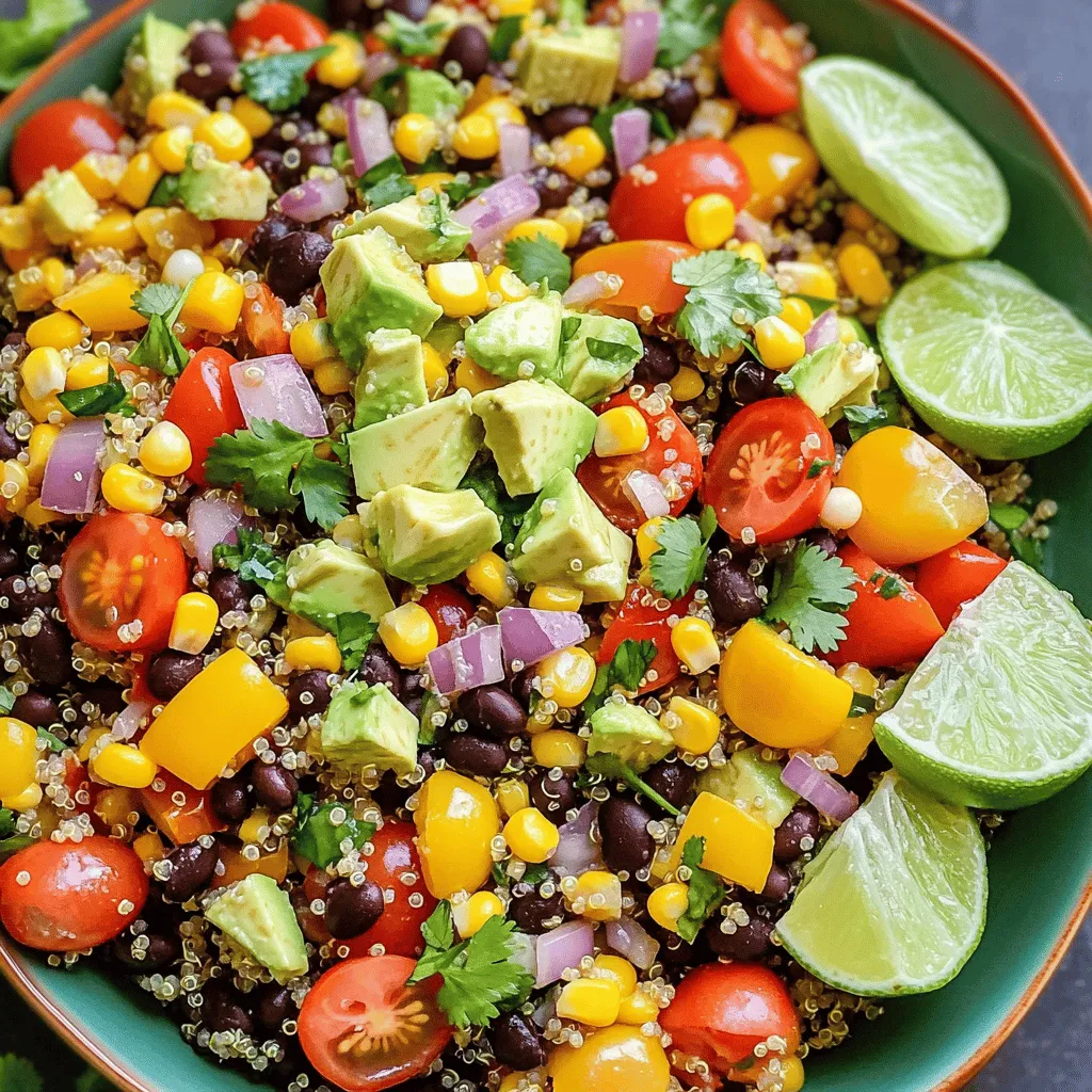 - 1 cup quinoa - 2 cups vegetable broth or water - 1 can (15 oz) black beans, drained and rinsed - 1 cup corn kernels (fresh or frozen) - 1 red bell pepper, diced - 1 yellow bell pepper, diced - 1 small red onion, finely chopped - 1 cup cherry tomatoes, halved - 1 avocado, diced - ¼ cup fresh cilantro, chopped The main ingredients create the base of the Tex Mex Quinoa Salad. Quinoa gives a nutty flavor and a great source of protein. The black beans enhance the texture and add fiber. Corn kernels, whether fresh or frozen, bring sweetness. Bell peppers and red onion add crunch and color. Cherry tomatoes offer juiciness, while avocado makes it creamy. Finally, cilantro gives a fresh touch. - 2 tablespoons lime juice - 2 tablespoons olive oil - 1 teaspoon cumin - 1 teaspoon chili powder - Salt and pepper to taste The dressing ties the salad together. Lime juice adds zing, while olive oil gives smoothness. Cumin and chili powder bring warmth and depth. Salt and pepper enhance all the flavors. Mix these ingredients well to create a bright and flavorful dressing. A serving of Tex Mex Quinoa Salad has about 250 calories. It provides around 8 grams of protein and 10 grams of fat. You also get about 35 grams of carbohydrates. This salad is not just delicious; it’s also healthy and filling. You can find the Full Recipe for detailed cooking steps. To cook the quinoa, start by rinsing it. Place 1 cup of quinoa in a fine mesh strainer. Rinse it under cold water for about 1 minute. This step removes the bitter coating called saponin. Next, in a medium saucepan, bring 2 cups of vegetable broth or water to a boil. Once boiling, add the rinsed quinoa. Reduce the heat to low, cover the pot, and let it simmer for about 15 minutes. The quinoa is ready when all the liquid is absorbed. After cooking, remove the pan from heat. Let it sit, covered, for 5 minutes. Fluff the quinoa with a fork. This helps achieve a light, fluffy texture. Let it cool completely before adding it to the salad. Making the dressing is simple and quick. In a small bowl, add 2 tablespoons of lime juice and 2 tablespoons of olive oil. Then, sprinkle in 1 teaspoon of cumin and 1 teaspoon of chili powder. Add salt and pepper to taste. Whisk all the ingredients together until well combined. Taste the dressing and adjust the seasoning if needed. A good dressing enhances the salad and brings all the flavors together. Now it's time to combine everything. In a large mixing bowl, add 1 can of drained and rinsed black beans, 1 cup of corn, diced red and yellow bell peppers, chopped red onion, halved cherry tomatoes, and diced avocado. Then, add the cooled quinoa to the bowl. Drizzle the prepared dressing over the mixture. Toss everything gently to ensure all ingredients are well coated. For a fresh finish, sprinkle chopped cilantro on top and toss lightly again. Serve your Tex Mex Quinoa Salad right away or chill it in the fridge for 30 minutes. Chilling helps the flavors meld beautifully. For the full recipe, check the main section of the article. To serve Tex Mex Quinoa Salad, use a large bowl to show off its colors. You can also use clear glass bowls for individual servings. This adds a fun touch to your meal. Top the salad with extra cilantro for freshness. Lime wedges on the side make a great addition, too. You can prep this salad ahead of time. Cook the quinoa and chop the veggies the night before. Store the quinoa and veggies in separate containers for best results. This keeps everything fresh. When you're ready to eat, mix them together and add the dressing. To make the salad your own, play with spices. Add more cumin for earthiness or chili powder for heat. You can also try smoked paprika for a unique twist. Adjusting these flavors allows you to create a taste that fits your mood. Use these tips to make your Tex Mex Quinoa Salad truly special. {{image_2}} You can easily adjust this salad for different diets. For a vegan option, use vegetable broth and skip any animal products. To make it gluten-free, ensure your vegetable broth is labeled gluten-free. If you want a low-carb version, replace quinoa with cauliflower rice. This way, you still get flavor without the carbs. You can swap ingredients to change the taste or texture. For a crunchier salad, add diced cucumbers or radishes. If you crave something sweeter, toss in mango or pineapple chunks. You might also use kidney beans instead of black beans for a different flavor. Each swap brings a new twist to the salad. Take advantage of seasonal veggies for fresh flavors. In spring, add peas or asparagus. Summer is perfect for fresh corn and zucchini. In fall, try roasted butternut squash or sweet potatoes. In winter, use hearty greens like kale or spinach. Seasonal swaps make the salad even more exciting and fresh! To keep your Tex Mex quinoa salad fresh, store it in an airtight container. This helps keep out air and moisture. Place the container in the fridge right after serving. Make sure to let it cool before sealing. The salad stays tasty for about three to four days. When you want to eat it again, just give it a good stir. You can add a splash of lime juice to freshen it up. Can you freeze Tex Mex quinoa salad? Yes, you can! Freezing is a great way to save leftovers. Start by letting the salad cool completely. Then, put it in a freezer-safe container. Make sure to leave some space at the top, as it may expand. Seal it tightly to avoid freezer burn. When you're ready to eat, thaw it in the fridge overnight. After thawing, you may want to add some fresh ingredients, like avocado or cilantro. This keeps the flavors bright. How long does the salad last in the fridge or freezer? In the fridge, the Tex Mex quinoa salad lasts about three to four days. In the freezer, it can last up to three months. However, for the best taste and texture, eat it within one month. The longer it sits, the more the ingredients lose their crunch and freshness. You can add heat to your salad in many ways. Here are some ideas: - Jalapeños: Dice fresh jalapeños and mix them in. You can adjust the amount based on your heat level preference. - Hot Sauce: Drizzle your favorite hot sauce over the salad before serving. This adds flavor and heat. - Chipotle Powder: Use chipotle powder for a smoky heat. Start with a small amount and taste as you go. - Cayenne Pepper: A pinch of cayenne gives a nice kick. Be careful, as this spice is potent. Feel free to experiment with these options. The heat can balance nicely with the fresh taste of the salad. Yes, you can easily swap quinoa for other grains. Here are some great alternatives: - Brown Rice: Cooked brown rice gives a chewy texture. Rinse and boil it like quinoa. - Farro: This grain has a nutty flavor and is very filling. Cook it according to the package instructions. - Barley: Barley adds a unique taste. Cook it in a pot until tender, usually about 30 minutes. - Bulgur: This is quick to cook and light. Just soak it in hot water for about 10 minutes. All these grains work well in salads. Adjust cooking times based on the grain you choose. Adding protein boosts the salad's nutrition. Here are some tasty options: - Grilled Chicken: Slice grilled chicken breast and mix it in. It adds great flavor and protein. - Shrimp: Cooked shrimp brings a seafood touch. Toss them in after cooking for a fresh twist. - Tofu: For a plant-based option, use cubed tofu. Marinate and sauté it for better taste. - Cheese: Feta or queso fresco crumbled on top adds creaminess and flavor. These protein options make the salad more filling and satisfying. Mix and match based on your taste preferences. This blog post covered how to make a delicious Tex Mex Quinoa Salad. We discussed the key ingredients, a simple dressing, and step-by-step cooking instructions. You also learned about tips for serving and storing leftovers. Feel free to adjust the flavors and make it your own. Enjoy trying different variations and making this salad fit your taste. It's easy, healthy, and satisfying for any meal!