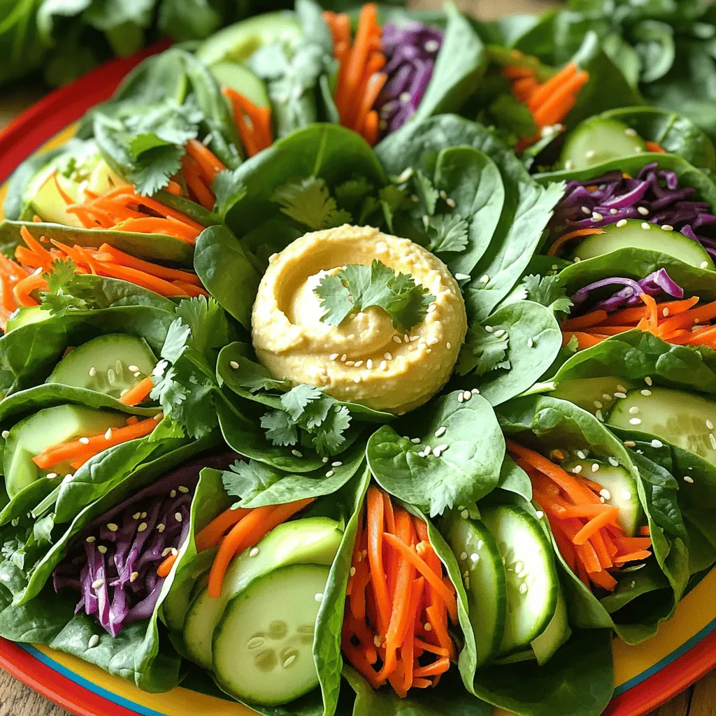 - 4 large spinach or collard green leaves - 1 cup shredded carrots - 1 cup thinly sliced red bell pepper - 1 cup cucumber, julienned - 1 cup purple cabbage, shredded - 1 small ripe avocado, sliced - ½ cup hummus (any flavor) - ¼ cup fresh cilantro or parsley, chopped - Salt and pepper to taste - 1 tablespoon sesame seeds (for garnish) - Cutting board - Knife - Serving platter Gather these ingredients for your no-cook rainbow veggie wraps. Fresh vegetables are key to flavor and color. Spinach leaves or collard greens make great wraps. Shredded carrots add crunch, while red bell pepper brings sweetness. Cucumber gives a refreshing bite, and purple cabbage adds a nice pop. Ripe avocado makes the wraps creamy and rich. Hummus offers a tasty spread, adding moisture and flavor. Fresh herbs like cilantro or parsley enhance the taste and aroma. Salt and pepper boost all the flavors, while sesame seeds add a fun finish. You will need a cutting board and a knife for prep. A serving platter helps showcase your colorful wraps. Check out the Full Recipe for more tips on creating this bright and healthy dish! Start by washing your spinach or collard green leaves. Rinse them under cool water. Make sure to remove any dirt. Once clean, pat them dry with a clean towel. This helps your wrap stay crisp. Take a generous spoonful of hummus and spread it on the leaf. Cover almost to the edges. This coverage adds great flavor to each bite. You can choose any hummus flavor you like. My favorite is roasted red pepper for an extra kick. Now it's time to layer your vegetables. First, add shredded carrots. Next, place thinly sliced red bell pepper. After that, add julienned cucumber and shredded purple cabbage. Finally, add slices of ripe avocado. The order helps balance the flavors. Spread everything evenly across the leaf. This ensures every bite is tasty. To roll the wrap, fold the sides of the leaf over the filling. Then, start rolling from the bottom. Make sure to roll it tightly, but not too tight. This keeps the filling from spilling out. If you find it hard to roll, use your fingers to tuck in the filling as you go. Once your wraps are ready, slice them in half diagonally. This makes them look fancy and easy to eat. Arrange the wraps on a colorful platter. You can add a small bowl of hummus in the center for dipping. For a fun touch, sprinkle sesame seeds on top. Edible flowers or lemon slices can also make your dish pop! For the full recipe, check out the details above. When making your veggie wraps, pick fresh vegetables for the best taste. Use seasonal vegetables when you can. They are often tastier and more affordable. Signs of freshness: - Look for bright colors. - Choose firm vegetables without blemishes. - Smell for a fresh, earthy scent. Hummus adds creaminess and flavor. Try different hummus flavors like garlic, roasted red pepper, or classic. Each brings its own unique taste. You can also add spices for more zest. A sprinkle of cumin or smoked paprika boosts flavor. Fresh herbs like basil or dill add a punch too. Arranging your wraps on a platter makes them eye-catching. Lay them side by side, cut them in half, and stand them up for a fun look. Adding colorful garnishes makes your dish pop. Use sesame seeds on top, or place edible flowers around the wraps. A small bowl of hummus in the center works well for dipping too. For the full recipe, check out the complete ingredients and steps! {{image_2}} To boost your wraps with protein, consider adding chickpeas or black beans. These beans add a creamy texture and a nutty flavor. If you want something more meaty, try grilled chicken or turkey slices. For plant-based options, tofu or tempeh work great. You can also add nuts or seeds for crunch and nutrition. Switch up your spreads for fun! Try using avocado or guacamole instead of hummus. You can also spread a mix of yogurt and herbs for a tangy taste. Feel free to swap vegetables too. Use roasted red peppers, zucchini, or even sweet potato. These changes keep the wraps fresh and exciting. Adding dressings can elevate your wraps even more. A splash of balsamic glaze or a drizzle of tahini can enhance the flavor. If you like grilled veggies, consider adding them too. Grilled eggplant or zucchini gives a smoky taste that pairs well. This option adds warmth and depth to your wraps. For the full recipe, check out the Vibrant No-Cook Rainbow Veggie Wraps 🥗. Store any leftover wraps in an airtight container. This keeps the wraps fresh and crisp. You can layer parchment paper between the wraps to prevent sticking. Keep the wraps in the fridge for up to two days. To keep the ingredients crisp, avoid pre-assembling the wraps if you plan to store them. Instead, store each component separately. This way, the greens and veggies stay fresh longer. Only assemble the wraps when you are ready to eat. Freezing these veggie wraps is possible, but it requires care. Wrap each one tightly in plastic wrap to avoid freezer burn. Place the wrapped veggie wraps in a freezer-safe bag or container. They can last up to one month in the freezer. When ready to eat, thaw in the fridge overnight before serving. Yes, you can use regular tortillas. They work well for wraps. Whole grain or spinach tortillas add taste and nutrition. You can also try rice paper for a fun twist. This gives you more options based on your taste and diet. To make these wraps heartier, add protein. You can include chickpeas, grilled chicken, or tofu. Another option is to add cheese or beans for extra flavor. Mixing in nuts or seeds can also boost the protein and crunch. These wraps taste great with many dips. Hummus is an obvious choice. You can also try a tangy yogurt sauce or a spicy salsa. Peanut sauce can add an Asian flair. Consider a balsamic glaze for a sweet touch. You can prep these wraps a day ahead. Just wrap them tightly in foil or plastic. Keep them in the fridge to stay fresh. If you make them longer in advance, add the dressing just before serving. This keeps the veggies crisp. Yes, these wraps can be very kid-friendly! Get kids involved in the prep. Let them choose their favorite veggies. You can cut the wraps into fun shapes or smaller pieces. Serve with a tasty dip for added fun. In this post, we explored how to make fresh and tasty veggie wraps. We covered the key ingredients, tools needed, and step-by-step instructions. I shared tips for choosing fresh produce and creative flavor variations. Remember, you can add proteins or unique spreads to suit your taste. Proper storage keeps your wraps fresh and delicious. With these ideas, you can enjoy healthy wraps any time. Getting the kids involved can make it even more fun. Enjoy your cooking adventure!