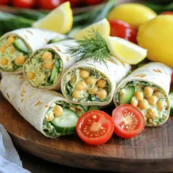 - 1 can (15 oz) chickpeas, drained and rinsed - 1/4 cup Greek yogurt - 1 tablespoon tahini - 1 tablespoon fresh lemon juice - Zest of 1 lemon - 1 tablespoon fresh dill, chopped - 1 clove garlic, minced - Salt and pepper to taste - 4 large whole grain wraps - 1 cup baby spinach - 1 large cucumber, thinly sliced - 1 bell pepper, thinly sliced - Optional: Cherry tomatoes, halved I love using chickpeas in this wrap. They provide a great source of plant protein. The Greek yogurt adds creaminess and tang, while tahini brings a lovely nutty flavor. Fresh lemon juice and zest brighten the dish. Dill gives it a fresh, herbaceous taste. You can choose whole grain wraps for added fiber. Baby spinach adds a nice crunch. Sliced cucumber and bell pepper are perfect for texture and color. If you like, add cherry tomatoes for extra flavor. If you are dairy-free, you can swap Greek yogurt for plant-based yogurt. For tahini, try almond butter or sunflower seed butter. You can also switch out the wraps. Try lettuce leaves or gluten-free wraps. Different greens like arugula or kale add unique tastes too. Each serving of these wraps is low in calories yet high in protein and fiber. Chickpeas are amazing for heart health. They help keep you full and satisfied. Dill is not only tasty but also has health benefits. It may aid digestion and has antioxidants. Enjoy these wraps knowing you are eating well! 1. Mashing the chickpeas for texture Start by taking a medium bowl. Add the drained chickpeas. Use a fork or a potato masher to mash them. Aim for a mix of smooth and chunky texture. This gives your wraps a nice bite. 2. Mixing the ingredients thoroughly Once you mash the chickpeas, it's time to add flavor. Add Greek yogurt, tahini, fresh lemon juice, lemon zest, chopped dill, and minced garlic. Sprinkle salt and pepper to taste. Mix well until it is creamy and combined. 1. How to layer the filling in the wrap Grab a large whole grain wrap. Lay it flat on a clean surface. Scoop a generous amount of your chickpea mixture into the center. Spread it evenly but leave space at the edges for folding. 2. Folding techniques for optimal tightness Next, add a handful of baby spinach on top. Then, add slices of cucumber and bell pepper. If you like, toss in some cherry tomatoes too. Fold in the sides of the wrap first, then roll it tightly from the bottom. Make sure all fillings stay inside. 1. Cutting the wraps for presentation To serve, cut each wrap in half diagonally. This makes them easy to hold and eat. Arrange them on a platter. A little fresh dill and lemon wedges on the side will look nice. 2. Suggested side dishes or dips Serve your wraps with a side of your favorite dipping sauce. Hummus or tzatziki pairs well. You can also add a light salad for some crunch. Enjoy your fresh and flavorful Lemon-Dill Chickpea Wraps! For a full recipe, refer to the earlier section. To make your chickpea mixture creamy, mash the chickpeas well. Use a fork or a potato masher. Leave some chunks for texture. Add Greek yogurt and tahini to enhance creaminess. The yogurt adds tang, while tahini gives richness. Adjust the salt and lemon juice for balance. Taste as you mix. You want a bright, fresh flavor. If you have wraps left, store them in an airtight container. Place parchment paper between layers to avoid sogginess. Keep the wraps in the fridge for up to three days. To maintain freshness, eat wraps within this time. If you notice any moisture, wrap them in a paper towel before storing. Make your wraps ahead for busy days. Prepare the chickpea mixture in advance and keep it in the fridge. You can assemble the wraps when you are ready to eat. For longer storage, freeze the chickpea mixture in portions. Just thaw it overnight in the fridge when needed. This way, you have a quick meal ready in no time. Check the full recipe for more details! {{image_2}} You can change the fillings to fit your taste. Try adding different vegetables like carrots or radishes. Leafy greens like arugula or kale also work well. If you want more protein, add grilled chicken or roasted chickpeas. Spice it up with a sprinkle of cumin or smoked paprika. You can even add a dash of hot sauce for a kick. This flexibility makes these wraps fun and tasty. If you want a vegan option, swap Greek yogurt for plant-based yogurt. This keeps the wraps creamy without using dairy. For those avoiding gluten, choose gluten-free wraps. Many brands offer great flavors and textures. Look for options made from rice or corn. This way, everyone can enjoy these wraps, no matter their diet. You can give these wraps a twist from different cuisines. For a Mediterranean flair, add olives and feta cheese. This adds saltiness and depth. If you prefer an Asian vibe, mix in soy sauce and sesame seeds. These flavors create a unique, tasty experience. Feel free to experiment! Your Lemon-Dill Chickpea Wraps can become a world tour of flavors. You can store Lemon-Dill Chickpea Wraps in the fridge for up to three days. Keep them in an airtight container or wrap them tightly in plastic wrap. This will help maintain freshness. When reheating, use a skillet over medium heat. This method keeps the wrap crisp and warm. Avoid microwaving, as it can make the wrap soggy. To freeze assembled wraps, first wrap each one tightly in plastic wrap. Then place them in a freezer-safe bag. They can last up to three months in the freezer. When you're ready to enjoy them, take the wraps out and thaw them in the fridge overnight. To reheat, use a skillet on medium heat until warmed through. This keeps the wraps nice and crispy. Watch for signs of spoilage. If you notice any off smells, mold, or changes in color, it’s best to discard them. Always check the wraps before eating. For safe consumption, eat the wraps within three days if stored in the fridge or within three months if frozen. Enjoy your fresh and flavorful Lemon-Dill Chickpea Wraps! For the full recipe, refer to the earlier section. Lemon-Dill Chickpea Wraps are fresh, tasty meals made with chickpeas, yogurt, and veggies. They burst with flavors of lemon and dill. The chickpeas provide a creamy base while the added veggies add crunch. Each bite is a mix of tangy, savory, and refreshing tastes. This dish is perfect for lunch or a light dinner. You can make them in just 15 minutes, making it an easy choice for busy days. Yes, you can! To prep these wraps ahead, make the chickpea mixture and store it in the fridge. Keep the wraps separate until you are ready to eat. This keeps the wraps fresh and avoids sogginess. You can prepare the mixture a day in advance. Just assemble the wraps when you are ready to enjoy them. Lemon-Dill Chickpea Wraps can be gluten-free. Simply choose gluten-free wraps or lettuce leaves instead. Many brands offer gluten-free options made from rice or corn. Always check the labels to be sure. The chickpea mixture is naturally gluten-free, so you can enjoy the flavors without worry. You can add protein to your wraps in several ways. Grilled chicken or tofu are great options. Both add flavor and extra nutrition. You can also mix in more legumes like black beans or lentils. These options keep the wraps filling and satisfying without losing the fresh taste. Lemon-dill chickpea wraps are tasty, healthy, and easy to make. You learned how to prepare fresh ingredients, layer flavors, and customize your wraps. Don't forget the tips for storing leftovers and meal prepping. Enjoy them now or save some for later. These wraps are perfect for quick meals or snacks. Explore variations and make them your own. Eating well can be simple and fun. Enjoy every bite!