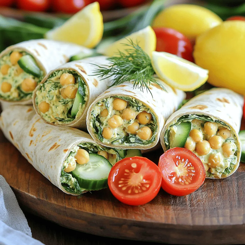 - 1 can (15 oz) chickpeas, drained and rinsed - 1/4 cup Greek yogurt - 1 tablespoon tahini - 1 tablespoon fresh lemon juice - Zest of 1 lemon - 1 tablespoon fresh dill, chopped - 1 clove garlic, minced - Salt and pepper to taste - 4 large whole grain wraps - 1 cup baby spinach - 1 large cucumber, thinly sliced - 1 bell pepper, thinly sliced - Optional: Cherry tomatoes, halved I love using chickpeas in this wrap. They provide a great source of plant protein. The Greek yogurt adds creaminess and tang, while tahini brings a lovely nutty flavor. Fresh lemon juice and zest brighten the dish. Dill gives it a fresh, herbaceous taste. You can choose whole grain wraps for added fiber. Baby spinach adds a nice crunch. Sliced cucumber and bell pepper are perfect for texture and color. If you like, add cherry tomatoes for extra flavor. If you are dairy-free, you can swap Greek yogurt for plant-based yogurt. For tahini, try almond butter or sunflower seed butter. You can also switch out the wraps. Try lettuce leaves or gluten-free wraps. Different greens like arugula or kale add unique tastes too. Each serving of these wraps is low in calories yet high in protein and fiber. Chickpeas are amazing for heart health. They help keep you full and satisfied. Dill is not only tasty but also has health benefits. It may aid digestion and has antioxidants. Enjoy these wraps knowing you are eating well! 1. Mashing the chickpeas for texture Start by taking a medium bowl. Add the drained chickpeas. Use a fork or a potato masher to mash them. Aim for a mix of smooth and chunky texture. This gives your wraps a nice bite. 2. Mixing the ingredients thoroughly Once you mash the chickpeas, it's time to add flavor. Add Greek yogurt, tahini, fresh lemon juice, lemon zest, chopped dill, and minced garlic. Sprinkle salt and pepper to taste. Mix well until it is creamy and combined. 1. How to layer the filling in the wrap Grab a large whole grain wrap. Lay it flat on a clean surface. Scoop a generous amount of your chickpea mixture into the center. Spread it evenly but leave space at the edges for folding. 2. Folding techniques for optimal tightness Next, add a handful of baby spinach on top. Then, add slices of cucumber and bell pepper. If you like, toss in some cherry tomatoes too. Fold in the sides of the wrap first, then roll it tightly from the bottom. Make sure all fillings stay inside. 1. Cutting the wraps for presentation To serve, cut each wrap in half diagonally. This makes them easy to hold and eat. Arrange them on a platter. A little fresh dill and lemon wedges on the side will look nice. 2. Suggested side dishes or dips Serve your wraps with a side of your favorite dipping sauce. Hummus or tzatziki pairs well. You can also add a light salad for some crunch. Enjoy your fresh and flavorful Lemon-Dill Chickpea Wraps! For a full recipe, refer to the earlier section. To make your chickpea mixture creamy, mash the chickpeas well. Use a fork or a potato masher. Leave some chunks for texture. Add Greek yogurt and tahini to enhance creaminess. The yogurt adds tang, while tahini gives richness. Adjust the salt and lemon juice for balance. Taste as you mix. You want a bright, fresh flavor. If you have wraps left, store them in an airtight container. Place parchment paper between layers to avoid sogginess. Keep the wraps in the fridge for up to three days. To maintain freshness, eat wraps within this time. If you notice any moisture, wrap them in a paper towel before storing. Make your wraps ahead for busy days. Prepare the chickpea mixture in advance and keep it in the fridge. You can assemble the wraps when you are ready to eat. For longer storage, freeze the chickpea mixture in portions. Just thaw it overnight in the fridge when needed. This way, you have a quick meal ready in no time. Check the full recipe for more details! {{image_2}} You can change the fillings to fit your taste. Try adding different vegetables like carrots or radishes. Leafy greens like arugula or kale also work well. If you want more protein, add grilled chicken or roasted chickpeas. Spice it up with a sprinkle of cumin or smoked paprika. You can even add a dash of hot sauce for a kick. This flexibility makes these wraps fun and tasty. If you want a vegan option, swap Greek yogurt for plant-based yogurt. This keeps the wraps creamy without using dairy. For those avoiding gluten, choose gluten-free wraps. Many brands offer great flavors and textures. Look for options made from rice or corn. This way, everyone can enjoy these wraps, no matter their diet. You can give these wraps a twist from different cuisines. For a Mediterranean flair, add olives and feta cheese. This adds saltiness and depth. If you prefer an Asian vibe, mix in soy sauce and sesame seeds. These flavors create a unique, tasty experience. Feel free to experiment! Your Lemon-Dill Chickpea Wraps can become a world tour of flavors. You can store Lemon-Dill Chickpea Wraps in the fridge for up to three days. Keep them in an airtight container or wrap them tightly in plastic wrap. This will help maintain freshness. When reheating, use a skillet over medium heat. This method keeps the wrap crisp and warm. Avoid microwaving, as it can make the wrap soggy. To freeze assembled wraps, first wrap each one tightly in plastic wrap. Then place them in a freezer-safe bag. They can last up to three months in the freezer. When you're ready to enjoy them, take the wraps out and thaw them in the fridge overnight. To reheat, use a skillet on medium heat until warmed through. This keeps the wraps nice and crispy. Watch for signs of spoilage. If you notice any off smells, mold, or changes in color, it’s best to discard them. Always check the wraps before eating. For safe consumption, eat the wraps within three days if stored in the fridge or within three months if frozen. Enjoy your fresh and flavorful Lemon-Dill Chickpea Wraps! For the full recipe, refer to the earlier section. Lemon-Dill Chickpea Wraps are fresh, tasty meals made with chickpeas, yogurt, and veggies. They burst with flavors of lemon and dill. The chickpeas provide a creamy base while the added veggies add crunch. Each bite is a mix of tangy, savory, and refreshing tastes. This dish is perfect for lunch or a light dinner. You can make them in just 15 minutes, making it an easy choice for busy days. Yes, you can! To prep these wraps ahead, make the chickpea mixture and store it in the fridge. Keep the wraps separate until you are ready to eat. This keeps the wraps fresh and avoids sogginess. You can prepare the mixture a day in advance. Just assemble the wraps when you are ready to enjoy them. Lemon-Dill Chickpea Wraps can be gluten-free. Simply choose gluten-free wraps or lettuce leaves instead. Many brands offer gluten-free options made from rice or corn. Always check the labels to be sure. The chickpea mixture is naturally gluten-free, so you can enjoy the flavors without worry. You can add protein to your wraps in several ways. Grilled chicken or tofu are great options. Both add flavor and extra nutrition. You can also mix in more legumes like black beans or lentils. These options keep the wraps filling and satisfying without losing the fresh taste. Lemon-dill chickpea wraps are tasty, healthy, and easy to make. You learned how to prepare fresh ingredients, layer flavors, and customize your wraps. Don't forget the tips for storing leftovers and meal prepping. Enjoy them now or save some for later. These wraps are perfect for quick meals or snacks. Explore variations and make them your own. Eating well can be simple and fun. Enjoy every bite!