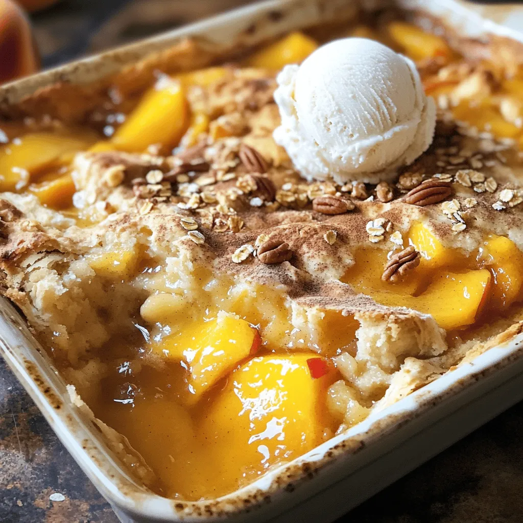 - 2 cans (15 oz each) sliced peaches in syrup, undrained - 1 box yellow cake mix (15.25 oz) - 1 stick (1/2 cup) unsalted butter, melted The heart of peach cobbler dump cake lies in its essential ingredients. Start with two cans of sliced peaches, which bring sweetness and moisture. You want to keep the syrup for added flavor. Next, grab a box of yellow cake mix. This mix creates a fluffy topping. Finally, melt one stick of unsalted butter. The butter adds richness and helps the cake brown beautifully. - 1 tsp ground cinnamon - 1/2 cup rolled oats for added texture - 1/2 cup chopped pecans or walnuts for crunch - Vanilla ice cream for serving To elevate your dump cake, consider these optional ingredients. Ground cinnamon adds warmth and depth to the peaches. Rolled oats give a nice texture that contrasts with the soft cake. Chopped nuts like pecans or walnuts add a delightful crunch. Lastly, for a creamy finish, serve your cake with a scoop of vanilla ice cream. It’s a delicious way to enjoy this easy dessert! For a complete guide, check out the Full Recipe. - Preheat your oven to 350°F (175°C). - Pour undrained sliced peaches into a 9x13-inch baking dish. Starting with the right temperature is key. Preheating ensures that your cake cooks evenly. The peaches need to be undrained. Their syrup adds sweetness and moisture to the cake. - Sprinkle ground cinnamon over the peaches for extra flavor. - Evenly distribute dry yellow cake mix on top of the peaches without stirring. Cinnamon brings out the peach flavor. Just a sprinkle can elevate the taste. When you add the dry cake mix, make sure to spread it evenly. Do not mix it with the peaches. This creates a lovely layered effect. - Drizzle melted butter over the cake mix. - Optionally add rolled oats and chopped nuts on top. - Bake for 40-45 minutes until golden brown and bubbly, then cool before serving. Pour melted butter over the cake mix. This helps it brown nicely. If you want texture, add oats and nuts now. They give a nice crunch. Bake until the top is golden brown and bubbly. Let it cool a bit before digging in. This step ensures you don’t burn your mouth on the hot peaches. Check out the Full Recipe for more details! To check for doneness, look for a golden brown top. You can also insert a toothpick. If it comes out clean, your cake is ready. Cooking times can vary by oven. If your oven runs hot or cold, adjust the time by a few minutes. Always keep an eye on it, especially the last few minutes. The best toppings for Peach Cobbler Dump Cake are vanilla ice cream or whipped cream. They add a creamy contrast to the warm cake. For leftovers, try serving it cold with yogurt or as a breakfast treat. You can also layer it with granola for a crunchy bite. To change the flavor, swap peaches for other fruits like blueberries or cherries. You can also mix in spices like nutmeg or ginger for extra warmth. For texture, ensure you don't skip the melted butter. It keeps the cake moist and rich. Adding oats or nuts helps create a delightful crunch. For the perfect bite, balance sweetness and texture to delight your taste buds. {{image_2}} You can use other fruits for a twist on the classic. Cherries and blueberries work great. Their sweet and tart flavors mix well with the peaches. You can also spice things up. Adding nutmeg or a splash of vanilla extract enhances the peach flavor. These spices give your dump cake a warm, cozy feel. To make this recipe gluten-free, choose a gluten-free cake mix. Many brands offer great flavors that taste just as good. You can also use almond flour or coconut flour as a substitute. Just remember to adjust the amounts as needed. This way, everyone can enjoy a slice of your delicious dump cake. If you want a vegan version, swap the butter for coconut oil or vegan butter. For the cake mix, look for a vegan option at your store. You can even make your own with flour and sugar. As for toppings, try using dairy-free ice cream or whipped coconut cream. These swaps ensure that everyone can dig into this tasty treat! For the full recipe, check out the detailed instructions to get started. To keep your Peach Cobbler Dump Cake fresh, store it in an airtight container. Place it in the fridge if you have leftovers. It lasts about 3 to 4 days. Make sure to let it cool before sealing it up. This will help keep the moisture in and prevent it from getting soggy. If you want to enjoy your dump cake later, freezing is a great option. First, let the cake cool completely. Then, slice it into portions and wrap each slice in plastic wrap. Place the wrapped slices in a freezer-safe bag or container. This way, you can grab just what you need. The dump cake will stay good for about 2 to 3 months in the freezer. When you’re ready to enjoy it again, take it out and let it thaw in the fridge overnight. To reheat, pop it in the oven at 350°F for about 15 minutes. This will help keep the texture nice and tasty. You can even serve it warm with a scoop of vanilla ice cream on top. It’s a delicious treat! - Can I use fresh peaches instead of canned? Yes, you can use fresh peaches. Just peel and slice them. Add about 4 cups for the same taste. Fresh peaches give a nice texture and flavor. - Is it necessary to use the syrup from the peaches? Yes, using the syrup adds sweetness and moisture. It helps the cake mix form a nice crust. If you use fresh peaches, add a bit of sugar or water to mimic the syrup. - Can this recipe be doubled or halved? Yes, you can double or halve the recipe. Just adjust the baking dish size. A larger dish needs a longer bake time. - Why did my dump cake not rise? If your dump cake did not rise, check if you used fresh cake mix. Old mix may not work well. Also, make sure to drizzle the butter evenly. - How can I fix a soggy bottom? To fix a soggy bottom, bake it a bit longer. Increase the oven temp by 25°F and check for doneness. Make sure you pour the peaches evenly. - What should I serve alongside Peach Cobbler Dump Cake? Serve it warm with vanilla ice cream. The cold ice cream melts into the warm cake. Whipped cream also works well for a nice touch. - How to make it more indulgent for special occasions? Add a drizzle of caramel or chocolate sauce. You can also sprinkle more nuts or serve with fresh fruit. This makes it feel fancy for any gathering. This blog post shared a simple and tasty recipe for Peach Cobbler Dump Cake. We covered essential and optional ingredients, preparation steps, and baking tips. You learned how to customize flavors and storage methods too. In the end, this dump cake is not just easy to make; it’s fun to personalize. Enjoy making it your way and sharing it with others. You’ll create sweet memories that last!