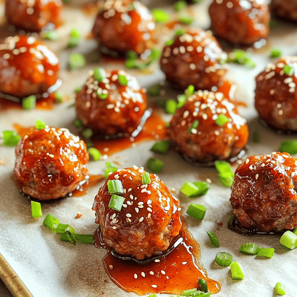 - 1 lb ground beef (or ground turkey) - 1/4 cup breadcrumbs - 1/4 cup grated Parmesan cheese - 1 egg - 2 cloves garlic, minced - 1 tablespoon fresh ginger, grated - 1 teaspoon salt - 1/2 teaspoon black pepper - 1 teaspoon sesame oil - 1/4 cup honey - 1/4 cup Sriracha sauce - 1 tablespoon soy sauce - 1 tablespoon rice vinegar To create Honey Sriracha Meatballs, you need simple ingredients. The base is ground beef or turkey, which gives the meatballs their rich flavor. I add breadcrumbs and Parmesan cheese for texture. An egg holds everything together. For the kick, I use Sriracha sauce and honey. These two create that sweet and spicy mix. Garlic and ginger add depth. Finally, soy sauce and rice vinegar enhance the sauce and meatball flavor. - Sesame seeds - Chopped green onions When serving, I love to sprinkle sesame seeds and chopped green onions on top. They add a nice crunch and bright color. This extra touch makes the dish visually appealing and tasty. You can find the Full Recipe to follow along easily. - Preheat the oven: Start by preheating your oven to 400°F (200°C). This step helps the meatballs cook evenly and become golden brown. - Prepare the baking sheet: Line a baking sheet with parchment paper. This keeps the meatballs from sticking and makes cleanup easy. - Combine all meatball ingredients: In a large bowl, mix together the ground beef, breadcrumbs, and Parmesan cheese. Add the egg, minced garlic, and grated ginger. Then, sprinkle in the salt and black pepper. Finally, add the sesame oil. Stir everything until you have a well-mixed meatball mixture. - Shape the meatballs: Use your hands to form the mixture into 1.5-inch meatballs. Place them on your prepared baking sheet. Make sure to space them out evenly for proper cooking. - Bake time and temperature: Bake the meatballs in your preheated oven for 20 minutes. They should be fully cooked and golden brown when done. To make great meatballs, the right ingredients matter. Use fresh ground beef or turkey. They provide moisture and flavor. Adding breadcrumbs gives the meatballs a nice texture. Parmesan cheese adds a savory touch. When mixing, don’t overdo it. Mix just until combined. If you mix too much, the meatballs can turn tough. Use your hands for the best results. This way, you can feel the texture. To elevate flavor, consider adding spices. A dash of smoked paprika or crushed red pepper can spice things up. If you like it sweet, add more honey. Cooking techniques also matter. Baking meatballs allows them to cook evenly. Brush them with sauce before baking for extra flavor. For a nice glaze, drizzle more sauce after they bake. This gives them a shiny, tasty finish. For the full recipe, check out the detailed instructions above. {{image_2}} You can switch the meat in this recipe. Ground chicken works great here. It gives a lighter taste. You can also use plant-based options. Try lentils or chickpeas for a fun twist. Just mash them well before mixing. This makes a tasty meal that fits many diets. You can change the sauce to suit your taste. For a sweeter flavor, use more honey. If you enjoy tangy tastes, add lime juice or pineapple juice. To lower the spice, use less Sriracha. You can also swap it for a milder hot sauce. If you love heat, consider adding chili flakes to the mix. Adjust the sauce until it’s just right for you. Want the full recipe? Check it out [here](#). After enjoying your Honey Sriracha meatballs, you may have some leftovers. To keep them fresh, store the meatballs in the refrigerator. Place them in an airtight container. This helps prevent them from drying out. They will last for about 3 to 4 days. If you want to keep them longer, consider freezing them. Freezing meatballs is a great way to save them for later. To freeze your Honey Sriracha meatballs, first let them cool completely. Then, arrange them in a single layer on a baking sheet. Place the baking sheet in the freezer for about 1 hour. This will help them firm up. After that, transfer the meatballs to a freezer-safe bag. Remove as much air as possible before sealing. They can stay in the freezer for up to 3 months. When you are ready to eat them, thaw them in the fridge overnight. Reheat in the oven or microwave until heated through. For the full recipe, check out the earlier sections. You can serve these meatballs with many tasty sides. Here are some great options: - Steamed rice - Noodles - Fresh salad - Roasted veggies - Garlic bread These sides pair well with the sweet and spicy flavor of the meatballs. They balance the dish and make it more filling. Choose what you like best! Yes, you can prepare these meatballs in advance. Make the meatballs and store them in the fridge. They stay fresh for up to two days. If you want to freeze them, place them on a baking sheet. Once frozen, move them to a freezer bag. They can last for about three months in the freezer. When ready to eat, bake from frozen or let them thaw first. To keep meatballs from falling apart, follow these tips: - Use fresh breadcrumbs for better binding. - Make sure to mix the ingredients well. - Do not overwork the meat mixture. - Chill the meatballs for 30 minutes before baking. These steps help the meatballs hold their shape and stay juicy. Enjoy your cooking! In this blog post, we covered how to create flavorful honey Sriracha meatballs. We discussed the key ingredients, from ground meat to seasonings. I shared step-by-step instructions for mixing and baking these tasty treats. We also explored tips for perfect texture and flavorful variations to try. Lastly, I provided advice on storing leftovers and answered common questions. These meatballs are simple and fun to make. I hope you enjoy cooking and sharing them with friends and family.