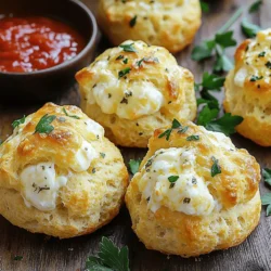 - 1 can of refrigerated biscuit dough - 1 cup mozzarella cheese, shredded - 1/2 cup cream cheese, softened - 1 tablespoon Italian seasoning - 1 teaspoon garlic powder - 1/4 cup grated Parmesan cheese - 1 tablespoon fresh parsley, chopped (for garnish) - Marinara sauce (for dipping) Gooey mozzarella biscuit bombs are a delightful treat. They combine fluffy biscuits and stretchy cheese. You will use a few simple ingredients to create a fun snack. The main ingredients are crucial for the perfect flavor and texture. The refrigerated biscuit dough is soft and easy to work with. It forms the outer layer of each bomb. Using shredded mozzarella cheese gives that gooey, melty center we all love. Cream cheese adds creaminess and richness to the filling. For added flavor, we mix in seasoning and garnish. Italian seasoning brings a warm, herbaceous note. Garlic powder adds a lovely savory taste. Grated Parmesan cheese gives a nice salty kick. Finally, fresh parsley not only adds color but also a fresh burst of flavor. When serving these bombs, I recommend using marinara sauce for dipping. The sweet and tangy sauce complements the cheesy bites perfectly. It makes each bite even more enjoyable and fun to eat. Try this full recipe for gooey mozzarella biscuit bombs, and get ready to impress your friends and family! - Preheat your oven to 375°F (190°C) and line a baking sheet with parchment paper. This will help prevent sticking. - In a mixing bowl, combine the mozzarella cheese, cream cheese, Italian seasoning, garlic powder, and Parmesan cheese. Stir until everything is well mixed. This creamy filling is the heart of your bombs. - Open the can of biscuit dough and separate each biscuit. Place them on a lightly floured surface. - Flatten each biscuit into a circle. Make sure they are about 1/4 inch thick. - Place a generous spoonful of the cheese mixture in the center of each biscuit. - Carefully fold the edges of the biscuit over the filling. Pinch them together to seal each bomb. Make sure there are no gaps. This keeps the gooey cheese inside during baking. - Place the cheese-filled biscuits on the prepared baking sheet, leaving some space between them. - Bake for 15-18 minutes or until the bombs turn golden brown. - Once baked, remove them from the oven and let them cool slightly. This helps avoid burns. - Serve warm, garnished with parsley, and enjoy with marinara sauce for dipping. You can find the Full Recipe for more details on making these tasty snacks. To keep the gooey filling inside, sealing is key. Here are some great tricks: - Use your fingers: Pinch the edges of the dough tightly. - Moisten edges: Lightly wet the edges with water before sealing. This helps the dough stick better. - Avoid overfilling: Use just enough filling. Too much can cause leaks. While mozzarella is fantastic, many cheeses work well too. Here are some tasty swaps: - Cheddar: Adds a sharp flavor. - Monterey Jack: A creamy, mild choice. - Feta: For a tangy taste, use feta cheese. Mixing different cheeses can create a fun flavor mix. Try combining mozzarella with cheddar for a gooey and sharp bite! You can prepare these bites in advance. Here’s how: - Prep and freeze: Assemble the bombs and freeze them before baking. This way, you can bake them fresh later. - Reheating: Bake straight from the freezer. Just add a few extra minutes to the baking time. These tips will make your gooey mozzarella biscuit bombs a hit anytime! For the full recipe, check the earlier sections. {{image_2}} You can make your Gooey Mozzarella Biscuit Bombs even better. Try adding cooked meats like pepperoni or crispy bacon. These meats will give your bombs extra flavor and a nice crunch. You can also add vegetables like spinach or mushrooms. These add-ins not only boost nutrition but also add a fresh twist. Just make sure to chop them small so they fit well inside. Switching up the seasoning can change the whole dish. Instead of Italian seasoning, try other blends like taco or barbecue seasoning. This gives your bombs a fun new taste. If you want some heat, add red pepper flakes. They will make your bombs spicy and exciting. Just start with a little and taste as you go. You can enjoy these bombs even if you follow special diets. For gluten-free options, use gluten-free biscuit dough. Many brands offer easy-to-use mixes. If you want a vegan version, substitute the mozzarella and cream cheese with plant-based cheese. This keeps it gooey and delicious without dairy. You can still follow the full recipe and enjoy every bite. To store leftovers, place the cooled biscuit bombs in an airtight container. This keeps them fresh. Make sure they cool to room temperature first. You can also wrap them in plastic wrap for extra protection. Keep them in the fridge for up to three days. To maintain freshness, avoid stacking the bombs directly on top of each other. This prevents them from getting soggy. If you want to reheat them, do so gently in an oven or microwave. You can freeze these bombs before or after baking. If you freeze them before baking, prepare them as usual. Then, place them on a baking sheet and freeze until firm. Once firm, transfer them to a freezer bag. They can stay frozen for up to two months. If you bake them first, let them cool completely. Then, wrap each bomb in plastic wrap and place them in a freezer bag. When you're ready to eat, thaw them overnight in the fridge. To reheat, place them in the oven at 350°F (175°C) for about 10-15 minutes. This makes them warm and gooey again. In the fridge, your Gooey Mozzarella Biscuit Bombs last for about three days. If you freeze them, they stay good for up to two months. Always check for any signs of spoilage before eating. Enjoy your delicious snack anytime! For the full recipe, check out the earlier sections. To make these delicious bombs, you need a simple dough. If you want to make it from scratch, mix flour, baking powder, and salt. You can also add yogurt or milk to bind it. This will give you a nice dough that's easy to work with. Yes, you can use reduced-fat cheese. However, it may change the flavor and texture. Reduced-fat cheese can be less creamy, which might make the inside less gooey. If you want the best taste, stick to regular mozzarella. These bombs pair well with marinara sauce. You can also try ranch dressing or garlic dip. For sides, a fresh salad or some crunchy veggies work great too. You can mix and match to find your favorite combo! In this post, we covered how to make Gooey Mozzarella Biscuit Bombs. We discussed the main ingredients, prep steps, and baking tips. You can add your favorite meats or veggies for more flavor. Remember to store leftovers properly to enjoy them later. These bombs are fun to make and delicious to eat. I hope you try them at home! Enjoy the cheesy goodness and get creative with your own variations.